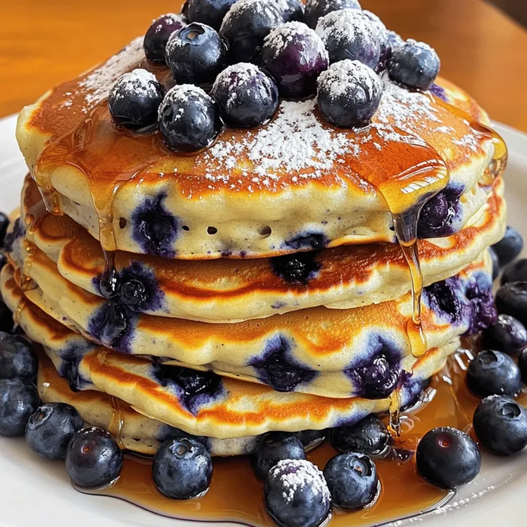To create the perfect blueberry buttermilk pancakes, you will need the following ingredients: - 1 cup all-purpose flour - 2 tablespoons sugar - 1 teaspoon baking powder - 1 teaspoon baking soda - ½ teaspoon salt - 1 cup buttermilk - 1 large egg - 2 tablespoons unsalted butter, melted - 1 cup fresh blueberries (or frozen) - 1 teaspoon vanilla extract - Maple syrup for serving Each ingredient plays a key role. The flour gives structure, while the sugar adds just the right sweetness. Baking powder and baking soda work together to make the pancakes rise. The buttermilk adds a rich flavor and tender texture. Using fresh blueberries brings bursts of flavor, but frozen ones work well too. The melted butter adds richness, and vanilla enhances the taste. Don’t forget the maple syrup for a sweet finish! You can find the full recipe in the section above. With these ingredients, you can whip up pancakes that are fluffy and tasty, perfect for any breakfast. Start with a large bowl. Add the flour, sugar, baking powder, baking soda, and salt. Whisk them together until they mix well. This step helps the pancakes rise and taste great. In another bowl, combine the buttermilk, egg, melted butter, and vanilla extract. Whisk these together until smooth. This mix adds moisture and flavor to your pancakes. Now, pour the wet mix into the dry mix. Stir gently with a spatula. It's okay if there are small lumps. Overmixing can make pancakes tough, and we want them fluffy! Heat a non-stick skillet over medium heat. Lightly grease it with cooking spray or butter. Pour about 1/4 cup of batter for each pancake. Cook until bubbles form on top, which takes about 2-3 minutes. Flip the pancakes and cook for another 1-2 minutes until golden. Serve your pancakes warm. Drizzle with maple syrup and add extra blueberries if you like. You can even stack them high for a fun presentation. For a special touch, sprinkle powdered sugar on top. Enjoy your Blueberry Buttermilk Pancakes! For the complete recipe, refer to the Full Recipe section. To make your pancakes light and fluffy, focus on the mixing process. When you combine your wet and dry ingredients, mix gently. Overmixing leads to tough pancakes. A few lumps in the batter are just fine. Also, let the batter rest for about 5 minutes. This allows the flour to absorb moisture and creates a better texture. Fresh blueberries are ideal for flavor. Look for berries that are plump and firm. They should have a rich color, ideally deep blue. If fresh berries are not available, use frozen ones. Just remember to fold them into the batter gently. This prevents them from breaking apart. The heat of your skillet matters. Preheat it over medium heat. If it’s too hot, your pancakes will burn on the outside but stay raw inside. A good test is to sprinkle a drop of water on the skillet. If it sizzles and dances, you’re ready to cook. Keep an eye on the pancakes as they cook. Wait for bubbles to form before flipping them for the best results. {{image_2}} If you want to make these pancakes gluten-free, swap the all-purpose flour for a gluten-free blend. Many brands offer a mix that works well in pancakes. You can also use almond flour or oat flour. Just remember that the texture may change slightly, so adjust your liquid amounts. Gluten-free pancakes can still be fluffy and delicious. Feel free to mix in other fruits or nuts! Sliced bananas or chopped strawberries add great flavor. You can also try walnuts or pecans for a nice crunch. Just keep the total fruit amount to about one cup. This keeps the pancakes light and fluffy. Want to switch things up? Add lemon zest for a fresh, zesty taste. You can also stir in chocolate chips for a sweet twist. These little changes can turn an ordinary pancake into a special treat. Explore different flavors to find your favorite! For the full recipe, check out the detailed instructions above. After enjoying your fluffy blueberry buttermilk pancakes, you may have some left. That's okay! Let the pancakes cool first. Once cool, stack them in a container. Use parchment paper between each pancake to keep them from sticking. Seal the container tightly. Store it in the fridge for up to three days. If you want to save pancakes for a longer time, freezing works great. Cool the pancakes completely. Then, layer them with parchment paper in a freezer-safe bag. Squeeze out the air before sealing. These pancakes can last up to two months in the freezer. When you’re ready to eat, just pull them out! To reheat pancakes, you have a few options. For a quick fix, use the microwave. Place a pancake on a plate, cover it with a damp paper towel, and heat for about 20-30 seconds. For a crispier texture, heat them on a skillet over low heat. Flip the pancakes until warm. You can also pop them in a toaster for a fun twist. Enjoy your pancakes warm with maple syrup from the [Full Recipe]. Yes, you can make Blueberry Buttermilk Pancakes ahead of time. Cook the pancakes and let them cool. Place them in a container with a lid. You can store them in the fridge for up to three days. For longer storage, freeze them. Layer parchment paper between the pancakes to prevent sticking. When ready to eat, just reheat in the microwave or toaster. To make Blueberry Buttermilk Pancakes dairy-free, swap buttermilk with a non-dairy option. You can use almond milk, soy milk, or oat milk. Add a splash of lemon juice or vinegar to mimic the tangy flavor of buttermilk. Use coconut oil instead of butter for cooking the pancakes. This keeps them light and fluffy without dairy. The best way to serve Blueberry Buttermilk Pancakes is warm. Stack them high on a plate. Drizzle with real maple syrup for sweetness. You can also add a handful of fresh blueberries on top. A sprinkle of powdered sugar adds a nice touch too. Serve with a side of yogurt for extra creaminess. You’ll know the pancakes are done when bubbles form on the surface. This usually takes about 2-3 minutes on the first side. When you flip them, look for a golden-brown color. Cook the second side for another 1-2 minutes. If they spring back when pressed lightly, they are ready. Enjoy your fluffy treat! We covered how to make delicious blueberry buttermilk pancakes. You learned the right ingredients and easy steps to follow. Keep your pancakes fluffy with helpful tips and variations. You can store leftovers or freeze them for later. Enjoy serving these pancakes any time. They are perfect for breakfast or a special treat. Now you have all the info you need to make great pancakes. Happy cooking!
