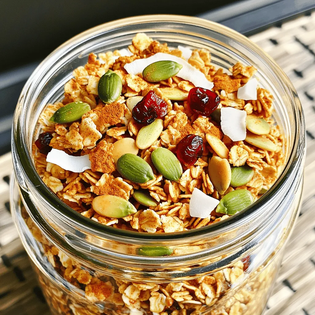 - 2 cups rolled oats - 1 cup raw pumpkin seeds - 1/2 cup sliced almonds - 1/2 cup unsweetened shredded coconut - 1/4 cup maple syrup - 1/4 cup coconut oil, melted - 1 teaspoon vanilla extract - 1 teaspoon pumpkin pie spice - 1/2 teaspoon salt - 1/2 cup dried cranberries or raisins (optional) Gathering fresh ingredients makes this granola special. You want oats that are whole and firm. Pumpkin seeds add a nice crunch and a boost of nutrients. The sliced almonds bring a nutty flavor that balances well with the spices. Unsweetened shredded coconut adds sweetness without extra sugar. Maple syrup acts as a natural sweetener. It gives the granola a warm, earthy taste. Coconut oil helps everything stick together and adds a subtle coconut flavor. Vanilla extract enhances the overall taste. Pumpkin pie spice is the star here, offering that cozy fall essence. Salt balances the sweetness and rounds out all the flavors. Optional dried cranberries or raisins add a chewy texture. They also introduce a fruity element. You can skip them if you prefer a crunchier granola. The choice is yours! This blend of ingredients creates a wholesome snack or breakfast option. You can enjoy it in many ways. For the full recipe, check out the detailed instructions. First, preheat your oven to 350°F (175°C). This heat will help the granola crisp up nicely. Line a large baking sheet with parchment paper. This will prevent the granola from sticking. Next, grab a large mixing bowl. In this bowl, combine the rolled oats, pumpkin seeds, sliced almonds, and shredded coconut. Stir well to mix all the dry ingredients. Make sure everything is evenly distributed. In a separate bowl, combine the maple syrup, melted coconut oil, vanilla extract, pumpkin pie spice, and salt. Whisk these ingredients together until they blend smoothly. This mix adds sweetness and warmth to your granola. Now, pour the wet mixture over the dry ingredients. Stir thoroughly to ensure all the oats and nuts are well-coated. This step is crucial for flavor. Spread the granola mixture evenly onto the lined baking sheet. Use a spatula to press it down gently. This helps the granola clump together. Bake in your preheated oven for 20-25 minutes. Stir the granola halfway through. This ensures even roasting. Look for a golden-brown color when it's done. Once baked, allow the granola to cool completely on the baking sheet. It will crisp up as it cools. After cooling, you can add dried cranberries or raisins if you'd like. Mix gently to combine. For the full recipe, check the earlier section. Enjoy your homemade pumpkin spice granola! To boost the pumpkin spice taste, I suggest using fresh spices. Fresh spices bring more aroma and flavor. When you use dried spices, check their age. Old spices lose their kick. For this granola, pumpkin pie spice works well. You can mix your own with cinnamon, nutmeg, and ginger for a unique flavor. For clumping granola, press it down on the baking sheet. Use a spatula to flatten it before baking. This helps create those delicious clusters. Cooling is key, too. Let the granola cool completely on the sheet. As it cools, it becomes crunchy. Avoid stirring it too soon; let it sit! You can enjoy pumpkin spice granola in many ways. Serve it over yogurt for a tasty breakfast. Top it with fresh fruit for extra flavor. You can also mix it into a bowl of milk. It adds a fun crunch! For an extra treat, sprinkle more pumpkin pie spice on top. Want more ideas? Try adding it to smoothies or oatmeal for a fall twist. Check out the Full Recipe for more inspiration! {{image_2}} You can change the nuts and seeds in your granola for fun flavors. Try walnuts, pecans, or sunflower seeds. Each nut gives a different taste and texture. If you want a nut-free version, use seeds like sunflower or pumpkin seeds. This keeps the crunch without any nuts. You can swap out maple syrup for honey or agave nectar. This will change the sweetness a bit. If you want your granola to be dairy-free or vegan, use a plant-based oil. Coconut oil works great here. You can also add a dash of cinnamon or nutmeg for extra warmth. Adding seasonal fruits can make your granola special. Try mixing in dried apples or figs for a fall twist. You can also use spices like ginger or cloves to change the flavor. If it’s a holiday, add festive touches like candied ginger or chocolate chips. These changes will make your granola perfect for any celebration. For the Full Recipe, check above to create your own pumpkin spice granola masterpiece! Store your pumpkin spice granola in an airtight container. This helps keep it fresh and crunchy. Place the container in a cool, dry spot. Avoid sunlight and heat to maintain flavor. When stored correctly, your granola stays delicious for longer. How long does pumpkin spice granola last? It can last up to two weeks at room temperature. After that, it may lose its crispness and flavor. Signs of spoilage include a stale smell or an off taste. If you notice these signs, it’s best to toss it. To freeze granola for long-term storage, use a freezer-safe container or bag. Make sure to remove as much air as possible. This helps prevent freezer burn. To thaw, simply take it out and let it sit at room temperature for about an hour. You can also warm it slightly in the oven for a fresh taste. Pumpkin spice granola is a tasty mix of oats, nuts, and spices. I love using it for breakfast or snacks. You can enjoy it with yogurt, milk, or even on its own. The warm flavors of pumpkin pie spice make it a perfect fall treat. This recipe is easy to make at home, and you can find the full recipe above. Yes, you can make pumpkin spice granola gluten-free! Use gluten-free oats and check labels on other ingredients. Many brands now offer gluten-free options for nuts and seeds. Always double-check to ensure all ingredients meet your needs. You can find pumpkin spice granola at many grocery stores. Look in the cereal aisle or health food section. Some popular brands include Nature Valley and Granola Kitchen. You can also buy it online from stores like Amazon or Thrive Market. To adjust sweetness, you can add or reduce maple syrup in the recipe. Try adding a bit of honey or agave syrup for a different flavor. Taste the mixture before baking to find your perfect level of sweetness. This post covered all you need to know about making pumpkin spice granola. We explored the ingredients, from oats and seeds to sweeteners and spices. You learned the step-by-step method for baking a tasty batch and picked up tips for the best texture and flavor. I shared fun ways to enjoy granola, along with storage tips to keep it fresh. You can customize the recipe with different nuts or seasonal flavors. Enjoy making your own delicious pumpkin spice granola!