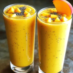 Creating the Mango Peach Sunrise Smoothie is simple and fun. You need fresh fruits and a few extras. This blend offers a tasty way to start your day. Here’s what you need for the perfect smoothie: - 1 ripe mango, diced - 1 ripe peach, sliced - 1 banana, sliced - 1 cup spinach (optional for added nutrition) - 1 cup coconut water (or regular water) - 1 tablespoon honey or agave syrup (adjust to taste) - 1 tablespoon chia seeds (for added texture and nutrition) - Ice cubes (as needed for thickness) Each ingredient plays a key role. The mango and peach provide sweetness and flavor. The banana adds creaminess. Spinach boosts nutrition without changing the taste. Coconut water keeps it refreshing. Honey or agave adds a touch of sweetness, while chia seeds offer a nice crunch. You can customize your smoothie! Here are some ideas: - Protein powder: Add this for an extra boost after a workout. - Flax seeds: These are great for fiber and omega-3s. - Greek yogurt: This adds creaminess and more protein. - Nut butter: Almond or peanut butter gives a rich flavor and healthy fats. Feel free to mix and match these add-ins to suit your needs. Each one can make your smoothie even better. For the complete recipe, check out the Full Recipe section. Enjoy your tasty morning boost! Start by gathering your ingredients. You need: - 1 ripe mango, diced - 1 ripe peach, sliced - 1 banana, sliced - 1 cup spinach (optional) - 1 cup coconut water - 1 tablespoon honey or agave syrup - 1 tablespoon chia seeds - Ice cubes Once you have everything, wash the fruits well. Peel the mango and peach. Dice the mango and slice the peach and banana. If you want extra nutrition, add spinach now. Place all your fruits in the blender. Add the coconut water next. This helps the fruits blend better. If you want a bit of sweetness, pour in the honey or agave syrup. Next, add the chia seeds for texture. Blend on high speed. Watch as the fruits mix into a creamy blend. If your smoothie seems too thick, add a bit more coconut water. You can also add ice cubes for a thicker texture. Blend until smooth and creamy. If your smoothie is too thick, you can fix it easily. Just add more coconut water slowly. Blend again until you reach your desired thickness. If it's too thin, simply add more ice cubes or fruit. Taste your smoothie before serving. If it needs more sweetness, add more honey or syrup. Blend again to combine. You can find the full recipe above to guide you through these steps. Enjoy your refreshing Mango Peach Sunrise Smoothie! When picking fruits for your Mango Peach Sunrise Smoothie, choose ripe ones. A ripe mango feels soft and has a sweet smell. A ripe peach should have a slight give when you press it gently. Look for bright colors and smooth skins. Fresh fruits will make your smoothie taste great. If you can, buy organic. Organic fruits often have better flavor and no harmful pesticides. To make your smoothie even better, think about adding other flavors. Try a squeeze of lime juice for some zing. A pinch of ginger can add warmth and depth. If you love a creamier texture, use yogurt instead of coconut water. This change gives your smoothie a tangy twist. Don't forget about spices! A dash of cinnamon can brighten the fruit flavors. Mix and match until you find your favorite blend. Garnishing can make your smoothie look special. Consider adding a slice of peach or mango on the rim of your glass. You can also sprinkle some chia seeds on top for added crunch. A mint leaf can add a pop of color and fresh scent. If you have some coconut flakes, they can be a fun topping. These little touches make your drink look pretty and inviting. {{image_2}} You can mix it up with other fruits! Try using pineapple, strawberries, or blueberries. Each fruit adds its own flavor. Pineapple brings a tropical vibe. Strawberries sweeten the mix, and blueberries add color. You can even blend in some kiwi for a tangy twist. The options are endless! For a creamy texture without dairy, use almond milk or oat milk. These choices keep your smoothie light and tasty. You can also add coconut yogurt for a rich texture. It gives a nice flavor while keeping it vegan. So you can enjoy this smoothie while sticking to your diet! In summer, use fresh berries for a fruity burst. In fall, add pumpkin puree and a dash of cinnamon for warmth. Winter calls for citrus fruits like oranges and grapefruits to brighten your day. Each season brings new flavors to explore. Mix and match fruits based on what's fresh and available. Enjoy the changing tastes all year long! To keep your Mango Peach Sunrise Smoothie fresh, store it in an airtight container. Glass jars work well. Fill the jar to the top to limit air exposure. This will help maintain flavor and texture. The smoothie stays fresh in the fridge for about 24 hours. After that, it may lose its vibrant taste. Freezing fruits can help you make smoothies anytime. To freeze mango and peach, peel and chop them first. Place the pieces in a single layer on a baking sheet. After a few hours, once frozen, transfer the pieces to a freezer bag. This method prevents them from clumping together. You can also freeze the smoothie itself. Pour it into ice cube trays or freezer-safe containers. This way, you can blend small portions later. Smoothies are best served cold, so reheating is not recommended. If you want a cooler treat, add ice cubes when blending. If your smoothie separates, simply stir it before serving. You can also top it with fresh fruit or a sprinkle of chia seeds for a fun look. Enjoy your refreshing Mango Peach Sunrise Smoothie right away for the best taste! A Mango Peach Sunrise Smoothie is packed with nutrients. It has vitamins A and C from mangoes and peaches. These vitamins support your immune system and skin health. The banana adds potassium, which is good for muscle function. The chia seeds offer fiber and omega-3 fatty acids, helping digestion and heart health. If you add spinach, you get iron and calcium too. This smoothie can give you energy for your day and keep you feeling full. Yes, you can make this smoothie without bananas. If you skip the banana, the smoothie may be less creamy. You can replace it with avocado for creaminess. Another option is to use more mango or peach for sweetness. You can also add a splash of yogurt for a smooth texture. Just remember that the taste may change a bit, but it will still be tasty! A smoothie lasts about one day in the fridge. To keep it fresh, store it in an airtight container. It’s best to drink it soon after making it for the best taste. If you notice any change in color or smell, it’s time to toss it. For longer storage, you can freeze it. Just pour it into ice cube trays or freezer-safe bags. You can blend it again when you’re ready to drink. For the full recipe, check out the earlier sections! We've explored how to create a delicious Mango Peach Sunrise Smoothie, covering key ingredients, preparation techniques, and storage tips. You now know how to enhance flavor and adjust consistency, plus alternative options to fit your needs. Keeping your smoothie fresh is simple with the right storage methods. Enjoy experimenting with the tips and variations we've discussed. Embrace healthy choices and make this refreshing drink a regular part of your routine. Your smoothie journey starts now!