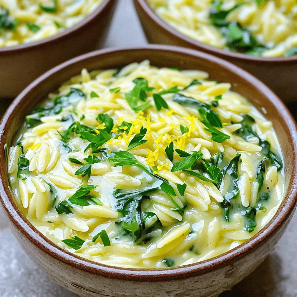 Here's what you'll need to make Creamy Lemon Garlic Orzo. Gather these simple ingredients. - 1 cup orzo pasta - 2 tablespoons olive oil - 4 cloves garlic, minced - 1 cup vegetable broth - 1 cup heavy cream - 1 cup spinach, fresh - Zest of 1 lemon - Juice of 1 lemon - 1/2 cup grated Parmesan cheese - Salt and pepper to taste - Fresh parsley, chopped (for garnish) These ingredients combine to create a dish full of flavor and creaminess. The orzo pasta gives a nice texture, while the lemon adds a bright taste. The garlic and cream make the dish rich and comforting. Don't forget the fresh spinach and parsley for a pop of color! For the full dish, check the full recipe. - Bring a large pot of water to a boil. - Add a pinch of salt to the boiling water. - Cook the orzo according to package instructions. This usually takes about 8 to 10 minutes. - When the orzo is al dente, drain it and set aside. - In the same pot, heat 2 tablespoons of olive oil over medium heat. - Add 4 cloves of minced garlic and sauté for about 1 minute. - Be careful not to let the garlic burn, as it can turn bitter. - Pour in 1 cup of vegetable broth and bring it to a gentle simmer. - Stir in 1 cup of heavy cream, mixing well to combine. - Add the zest and juice of 1 lemon to your sauce. - Toss in 1 cup of fresh spinach and let it cook for 2 to 3 minutes. - The spinach should wilt and brighten in color. - Now, stir in the cooked orzo and 1/2 cup of grated Parmesan cheese. - Mix everything well until it’s evenly combined. - Season with salt and pepper to taste. - Cook for another 1 to 2 minutes so the sauce can thicken slightly. This creamy lemon garlic orzo is now ready to serve! If you want to make it even better, check out the Full Recipe for more tips. To make the best orzo, cook it until it's al dente. This means it should still have a bit of bite. Follow the package instructions and taste it a minute or two before the time is up. Drain it well, but do not rinse. Rinsing removes the starch, which helps the sauce stick. Season the water with a pinch of salt before cooking. This small step adds flavor to the pasta. You can also add a splash of olive oil to the water to prevent sticking. To amp up the flavor, consider adding fresh herbs like basil or parsley. You can also toss in veggies, like cherry tomatoes or peas, for brightness and texture. They add color and nutrients to your dish. For creaminess, the key is the heavy cream and cheese. Stir these in slowly to create that luscious sauce. You can also add a splash of pasta water to help emulsify the sauce if it gets too thick. Serve the creamy orzo in shallow bowls. This makes it look appealing and allows for easy eating. Drizzle a bit of extra olive oil on top for shine and richness. Garnish with lemon zest and a sprig of parsley for a fresh touch. You can also sprinkle some extra Parmesan on top just before serving. This adds flavor and looks great! For the full recipe, check the details above. {{image_2}} You can make this dish even better by adding protein. Chicken, shrimp, or tofu work great. For chicken, cook diced pieces until they are golden. Then, mix them into the creamy orzo. Shrimp adds a lovely seafood twist. Sauté them until pink and toss them in right before serving. If you prefer plant-based options, use firm tofu. Just cube it and sauté with garlic for extra flavor. If you want a vegetarian dish, there are many options. Instead of heavy cream, try using plant-based creams. Almond or coconut cream gives a nice, rich texture without dairy. You can also use cashew cream for a nutty flavor. These choices keep the dish creamy while being kind to those who avoid dairy. Make your orzo dish unique by adding herbs or spices. Fresh herbs like basil or dill can brighten the flavor. Chop them finely and mix them in right before serving. If you like a bit of heat, consider adding red pepper flakes or a pinch of cayenne. This will give your dish a nice kick and add depth to every bite. To keep your creamy lemon garlic orzo fresh, follow these tips: - Refrigerating: Store the orzo in an airtight container. It should stay fresh for up to 3 days in the fridge. Make sure it cools down before sealing the container. This helps keep its creamy texture. - Freezing: If you want to save it longer, you can freeze the orzo. Place it in a freezer-safe bag or container. It can last up to 2 months. To prevent freezer burn, try to remove as much air as possible before sealing. When it's time to enjoy your leftovers, reheating correctly is key: - Stovetop Method: Place the orzo in a pot over low heat. Add a splash of broth or cream to help it regain its creamy texture. Stir often until heated through. - Microwave Method: Transfer the orzo to a microwave-safe dish. Add a little broth or cream, cover it, and heat in short bursts. Stir in between bursts to ensure even heating and avoid drying it out. Understanding how long your dish lasts is crucial: - In the Fridge: Your creamy lemon garlic orzo lasts about 3 days. After that, it may lose its taste and texture. - In the Freezer: If frozen, it can last up to 2 months. Just remember to label your container with the date. This way, you always know when you made it. How do I know when the orzo is done cooking? You can tell the orzo is done when it is tender but still firm. This is called al dente. It usually takes about 8-10 minutes. Taste a piece to check! Can I make this dish in advance? Yes, you can make this dish ahead of time. Just store it in an airtight container in the fridge. It will stay fresh for up to three days. Reheat it gently on the stove or in the microwave. What can I substitute for heavy cream? If you want a lighter option, you can use milk or a plant-based cream. Coconut milk works well too. Each option will change the flavor a bit, but they still taste great. Are there gluten-free options for this pasta? Absolutely! You can find gluten-free orzo made from rice or quinoa. Just cook it the same way as regular orzo. The flavor will still be delightful. Can I use dried herbs instead of fresh? Yes, you can use dried herbs! Just remember that dried herbs are stronger in flavor. Use one-third the amount of dried herbs compared to fresh. This will keep your dish balanced and tasty. For more details on how to make this dish, check out the Full Recipe. In this blog post, we explored how to make creamy lemon garlic orzo. We went through key ingredients, cooking steps, and added helpful tips to enhance flavors. You learned about variations, storage tips, and answers to common questions. This dish is easy to make and offers endless possibilities. Experiment with flavors and ingredients to make it unique to you. Enjoy creating this simple yet tasty meal!