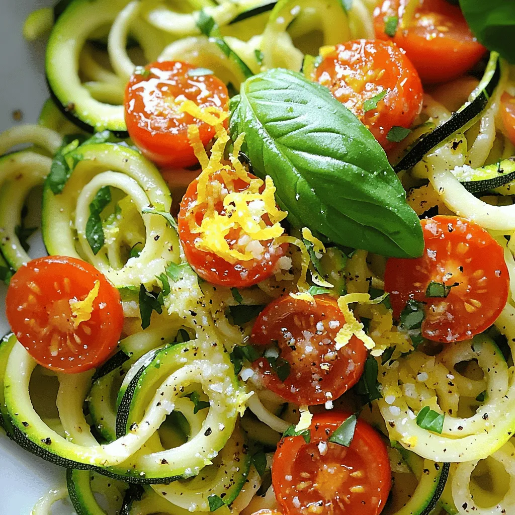 - 4 medium zucchinis, spiralized - 3 tablespoons olive oil - 4 cloves garlic, minced - 1 lemon, zested and juiced - 1/4 teaspoon red pepper flakes - 1/2 cup cherry tomatoes, halved - 1/4 cup grated Parmesan cheese or nutritional yeast - Salt and pepper to taste - Fresh basil for garnish When I make lemon garlic zucchini noodles, I start with fresh zucchinis. Spiralizing them gives a fun twist and a great texture. If you don’t have a spiralizer, don’t worry! A vegetable peeler can do the trick. I like to use about four medium zucchinis for this dish. The next star in this recipe is olive oil. Three tablespoons of it add richness and help sauté the garlic. Speaking of garlic, I usually use four cloves. Minced garlic adds a bold flavor that pairs well with the lemon. Now, let’s talk about the lemon. I zest and juice one lemon for this dish. The zest adds a bright aroma, while the juice gives a tangy kick. It’s a perfect balance with the zucchini. For those who want to spice it up, I suggest adding red pepper flakes. Just 1/4 teaspoon adds a nice heat, but it’s optional. Cherry tomatoes bring a pop of color and sweetness. Halving about 1/2 cup of them brightens up the dish. If you want a cheesy flavor, use 1/4 cup of grated Parmesan cheese or nutritional yeast for a vegan option. Finally, don't forget the salt and pepper! They enhance all the flavors. Fresh basil is great to add on top for garnish. It brings a fresh taste and looks lovely on the plate. For the full recipe, check out the steps to make this fresh and flavorful dish. Start by spiralizing your zucchinis into noodles. This makes a fun and tasty base. A spiralizer works best, but you can use a vegetable peeler if needed. Just peel thin strips and stack them together. This will give you a similar noodle shape. Next, heat three tablespoons of olive oil in a large skillet over medium heat. Add four minced garlic cloves and sauté for 1-2 minutes. Stir often to avoid burning. Once the garlic is fragrant, add your spiralized zucchini. Cook for about 4-5 minutes. Stir frequently until the noodles are tender but still a bit firm. Now, it’s time to boost the taste! Mix in the zest and juice from one lemon. Add red pepper flakes if you like a little heat. Season with salt and pepper to your liking. Fold in half a cup of halved cherry tomatoes. Cook for another 1-2 minutes until the tomatoes are warm. Finally, take the skillet off the heat and sprinkle in a quarter cup of grated Parmesan cheese. This adds a nice umami flavor. Serve your lemon garlic zucchini noodles right away, garnished with fresh basil. For the full recipe, click [Full Recipe]. To get zucchini noodles just right, cook them al dente. This means they should be firm, not mushy. For the best texture, watch the time closely. Cook them for about 4-5 minutes. Stir often to help them cook evenly. Overcooking can lead to sogginess, which we want to avoid. If they lose their crunch, the dish won't be as enjoyable. To boost flavor, consider adding more seasoning. A sprinkle of Italian herbs can work wonders. You might add some oregano or thyme for extra depth. If you like heat, add more red pepper flakes. Don't forget about toppings! Fresh parsley or chopped green onions can add a pop of color and taste. A squeeze of extra lemon juice can brighten the dish even more. Pair your lemon garlic zucchini noodles with tasty sides. Grilled chicken or shrimp complements the dish well. For a lighter option, serve with a fresh salad. Presentation is key! Serve the noodles in a bowl and top with cheese and basil. A dash of lemon zest on top adds a nice touch. Make it look inviting and colorful for your guests! For the complete recipe, check the [Full Recipe]. {{image_2}} To make this dish vegan, skip the cheese. Instead, use nutritional yeast for a cheesy flavor. You can also add more vegetables. Try bell peppers, spinach, or mushrooms. They add color and taste. For a heartier meal, add protein. Chicken, shrimp, or tofu work well. Cook the protein separately and mix it in. This adds flavor and makes the dish more filling. This dish is naturally gluten-free. However, always check labels on your ingredients. For more flavor, consider adding gluten-free soy sauce or tamari. These options give a savory boost without gluten. To keep your zucchini noodles fresh, store them in an airtight container. Place a paper towel inside to soak up excess moisture. This helps keep them crisp. Refrigerate the container right away. You can enjoy your leftovers within three days. When you reheat them, use a skillet over medium heat. This method helps maintain their texture. Gently toss the noodles for a few minutes until they warm up. Avoid cooking them too long to prevent sogginess. Yes, you can freeze zucchini noodles! This is a great way to save them for later. To freeze, first blanch the noodles in boiling water for one minute. Then, plunge them into ice water. This process helps preserve color and texture. After cooling, drain and pat the noodles dry. Place them in a freezer-safe bag, removing as much air as possible. Label the bag with the date. You can freeze them for up to three months. Leftover zucchini noodles last about three days in the fridge. Check for any signs of spoilage. If they smell off or feel slimy, it’s best to discard them. Always trust your senses when it comes to food safety. For the freshest taste, enjoy them soon after cooking. For more details, refer to the Full Recipe for Lemon Garlic Zucchini Noodles. You can still enjoy this dish without a spiralizer. Use a vegetable peeler to create thin strips of zucchini. Slice the zucchini lengthwise into sheets, then cut those sheets into thin noodles. This method works well and gives you nice, flat noodles that soak up the lemon and garlic flavors. Absolutely! You can switch things up with other veggies. Try using carrots, sweet potatoes, or butternut squash. These options work great as noodles too. Just remember to adjust cooking times based on the veggie you choose. Each one adds a unique flavor and texture. Yes, this recipe is gluten-free! Zucchini noodles are a perfect substitute for traditional pasta. Just make sure any cheese you use is also gluten-free, if that's a concern. This dish is light, fresh, and perfect for anyone avoiding gluten. For the full recipe, check the ingredients above. This blog post showed you how to make tasty lemon garlic zucchini noodles. We covered key ingredients, cooking steps, and storage tips. Each part is easy to follow and fits any diet. Use what you learned to create a healthy dish that tastes great. Remember, you can customize it with your favorite add-ins or proteins. Enjoy your cooking and make this dish your own!