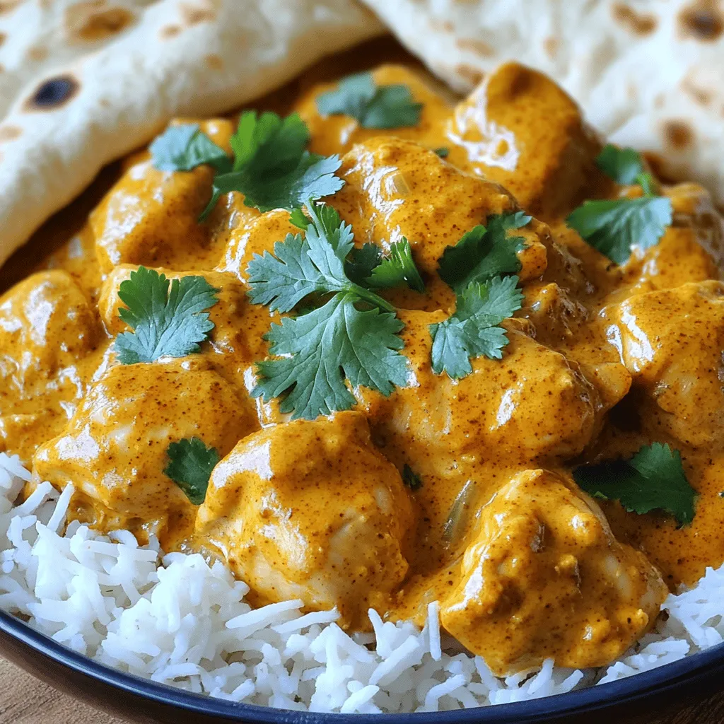 To make Instant Pot Butter Chicken, you need: - 2 lbs boneless chicken thighs, cut into bite-sized pieces - 2 tablespoons butter - 1 medium onion, finely chopped - 3 cloves garlic, minced - 1 tablespoon ginger, grated - 1 tablespoon garam masala - 1 teaspoon cumin - 1 teaspoon paprika - 1 can (14 oz) crushed tomatoes - 1 cup coconut milk - 1 tablespoon brown sugar - Salt to taste - Fresh cilantro for garnish - Cooked basmati rice or naan for serving You can switch some ingredients if needed: - Chicken thighs can be replaced with chicken breasts for a leaner option. - Coconut milk can be swapped with heavy cream for a richer taste. - If you can't find garam masala, mix equal parts cumin, coriander, and cinnamon. - You can use vegetable broth instead of water for added flavor. Using fresh ingredients makes a big difference in taste. Fresh garlic and ginger enhance the dish's aroma. Fresh cilantro adds a pop of color and flavor when you serve the meal. Always choose ripe tomatoes for the best sauce. Fresh ingredients not only boost flavor but also improve the dish's look. They help your meal stand out, making it both tasty and beautiful. For the best results, use the freshest items you can find. Start by setting your Instant Pot to sauté mode. Add the butter and let it melt. Once melted, add the finely chopped onion. Sauté for about 3-4 minutes until the onion becomes translucent. This step builds a great base of flavor. Next, stir in the minced garlic and grated ginger. Cook for one more minute until you smell that fragrant aroma. Now it’s time to spice things up! Add the garam masala, cumin, and paprika to the pot. Stir these spices well for about 30 seconds. This helps release their flavors. Then, add the bite-sized chicken pieces along with the can of crushed tomatoes. Mix everything together until the chicken is well-coated with the spices and tomatoes. This step ensures each bite is packed with flavor. Close the lid of the Instant Pot. Set it to pressure cook on high for 10 minutes. Make sure the steam valve is closed. Once the cooking time is up, let the pressure release naturally for 5 minutes. After that, perform a quick release for any remaining steam. Carefully open the lid and add the coconut milk and brown sugar. Stir well to combine. You can season it with salt to taste. If you want a thicker sauce, select sauté mode again and simmer for about 5 minutes. Finally, serve your butter chicken over basmati rice or with naan, and garnish with fresh cilantro. Enjoy your cozy meal! For a detailed recipe, refer to the Full Recipe. To get the best taste in your butter chicken, focus on the spices. Use fresh garam masala, cumin, and paprika. These spices give the dish its rich, warm flavor. When you sauté the onions, garlic, and ginger, let them cook until fragrant. This step builds a strong flavor base. Another secret is to add brown sugar. It balances the spices and tomatoes. Coconut milk adds creaminess too. For extra depth, try adding a squeeze of fresh lemon juice before serving. One common mistake is cooking the chicken too long. If you overcook it, the chicken can become dry. Stick to the 10-minute cooking time in the Instant Pot. Another mistake is not sautéing the onions enough. They should be soft and slightly golden for the best taste. Be sure to seal the steam valve correctly. If it’s open, the dish will not cook properly. Finally, avoid skipping the coconut milk. It brings the dish together and adds a lovely creaminess. If your butter chicken sauce is too thin, don’t worry! You can easily thicken it. After pressure cooking, select the sauté mode. Let the sauce simmer for about 5 minutes. This will help reduce the liquid. If you want an even thicker sauce, mix 1 tablespoon of cornstarch with 2 tablespoons of water. Stir this mixture into the sauce and let it cook for a few more minutes. This method gives you a nice, creamy texture without losing flavor. Try these tips for a delicious Instant Pot Butter Chicken. For the full recipe, check out the details above! {{image_2}} You can swap chicken for other proteins. Try using shrimp or fish for a twist. If you want a heartier meal, use beef or lamb. Just adjust the cooking time. Shrimp cooks quicker, while beef may need longer. Each protein adds a new flavor and texture. If you prefer a vegetarian dish, replace chicken with chickpeas or paneer. Both options soak up the sauce well. Use 2 cans of drained chickpeas or 1 pound of paneer cut into cubes. This change keeps the dish creamy and satisfying. You can boost the flavor with more spices. Add turmeric for warmth, or chili powder for heat. Fresh herbs like mint or basil can add brightness. Try a squeeze of lemon for a zesty finish. Each enhancement can change the dish and make it your own. Try the Full Recipe for more ideas and tips! After making your Instant Pot butter chicken, let it cool. Place the leftovers in an airtight container. Store it in the fridge for up to 3 days. This keeps the flavors fresh and tasty. If you plan to eat it later, follow the freezing instructions below. To reheat, you can use the microwave or the stove. For the microwave, place the chicken in a bowl, cover it, and heat on medium until warm. Stir halfway through for even heating. If using the stove, pour the chicken into a pot. Heat on low, stirring often. This helps keep the sauce creamy. You can freeze butter chicken for up to 3 months. Just make sure it cools down completely. Then, transfer it to a freezer-safe container. To thaw, move it to the fridge overnight. When ready to eat, reheat it as mentioned above. This way, you can enjoy this delicious meal anytime! For the full recipe, check out the details above. The cooking time for Instant Pot Butter Chicken is about 10 minutes on high pressure. After cooking, let the pressure release naturally for 5 minutes. This helps keep the chicken juicy. Total time, including prep, is around 30 minutes. To make this dish spicier, you can add more spices. A pinch of cayenne pepper or red chili flakes will do the trick. You can also use spicier varieties of garam masala. Adjust the heat to your liking as you cook. Yes, you can use frozen chicken for this recipe. Just keep in mind that the cooking time may change. Increase the cooking time to about 15 minutes on high pressure. Make sure to check that the chicken is fully cooked before serving. For the complete ingredients and instructions, refer to the Full Recipe. In this blog post, we explored the key ingredients for great dishes, along with fresh options. You learned step-by-step instructions for cooking and pressure release. I shared tips for flavor, common mistakes, and sauce thickness. Different protein and vegetarian variations let you adapt. Lastly, we covered storing and reheating leftovers. Remember, using fresh ingredients makes a big difference. Enjoy your cooking journey, and have fun experimenting!