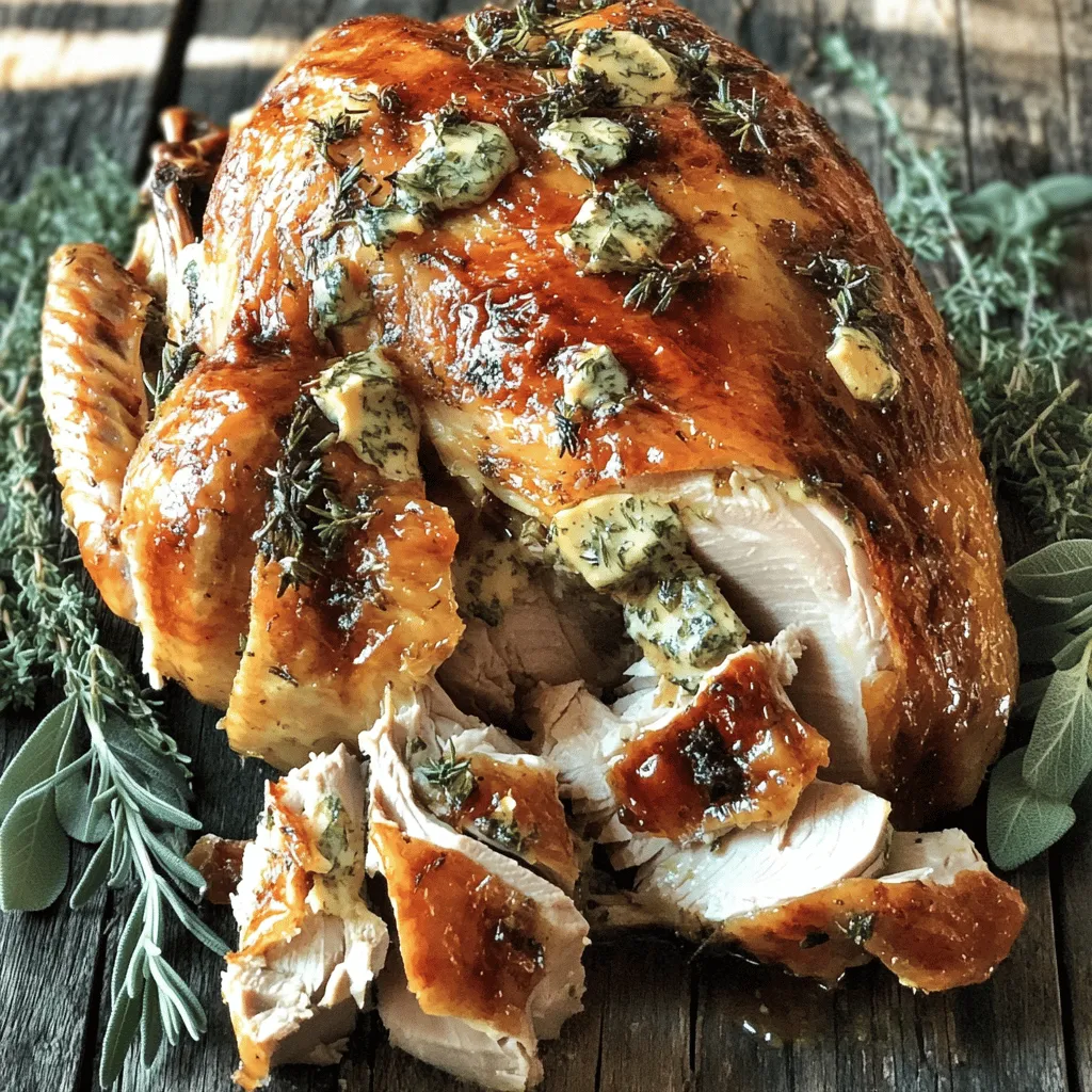 - 1 whole turkey (12-14 pounds), thawed - 1 cup unsalted butter, softened - 10 cloves garlic, minced - 1 lemon, zested and juiced - 1 tablespoon fresh rosemary, finely chopped - 1 tablespoon fresh sage, finely chopped - 1 tablespoon fresh thyme, finely chopped - Salt and freshly ground black pepper to taste - 2 cups low-sodium chicken broth - Fresh herbs for garnishing (rosemary, sage, thyme) The main star is the turkey. A fresh, whole turkey gives the best flavor and texture. The butter, softened to room temp, helps spread the garlic and herbs. Garlic adds a rich and savory depth to the dish. Fresh herbs like rosemary, sage, and thyme bring brightness and aroma. Lemon juice cuts through the richness, making each bite refreshing. Chicken broth adds moisture and flavor as the turkey cooks. If you need a different fat, use olive oil instead of butter. For flavor, try adding fresh parsley or tarragon. If you can’t find fresh herbs, use dried ones, but cut the amounts in half. You can also use a smaller turkey if you have fewer guests. Just adjust cooking times based on the weight. Start by unwrapping the turkey. Check the cavity for any giblets and remove them. Rinse the turkey under cold water and pat it dry with paper towels. This step is key for a crispy skin. Next, gently loosen the skin over the turkey breast. Use your fingers or a spoon, but be careful not to tear it. This will help the herb butter flavor seep into the meat. In a medium bowl, combine the softened butter, minced garlic, lemon zest, and lemon juice. Add the chopped rosemary, sage, thyme, salt, and pepper. Mix well until smooth. This garlic herb butter adds a rich flavor. It’s a game-changer for your turkey. Set aside a third of the butter for later use. Preheat your oven to 325°F (165°C). Place the turkey in a large roasting pan. Rub the herb butter generously under the skin and over the outside. Season the cavity with salt and pepper. Pour chicken broth into the pan, which helps keep the turkey moist. Roast the turkey for 13-15 minutes per pound. Use a meat thermometer to check the internal temperature. When it hits 165°F (75°C) in the breast and 175°F (80°C) in the thigh, it’s done. Baste every 30 minutes with pan juices. If the skin darkens too quickly, cover it with aluminum foil. Once roasted, let it rest for 25-30 minutes before carving. This helps the juices stay within the meat. Enjoy your flavorful turkey! For the complete recipe, check the Full Recipe. To keep your turkey juicy, start with a good brine. A simple saltwater brine works well. Brine your turkey for at least 12 hours. This helps it absorb moisture. Also, remember to pat it dry before cooking. A dry turkey skin crisps up better. Basting is key to a flavorful turkey. Every 30 minutes, use a spoon to drizzle pan juices over the turkey. This adds moisture and flavor. If the skin browns too quickly, cover it with foil. This way, it won’t burn. Choose a turkey based on your guest count. Plan for about one pound per person. If you want leftovers, round up. A 12-14 pound turkey is great for 8-10 people. Always check the package for weight details. For the full recipe, follow the steps to create your delicious Garlic Herb Butter Roasted Turkey. {{image_2}} You can change the herbs in the garlic herb butter. Try parsley, oregano, or tarragon. Each herb gives a unique taste. Mix and match to find your favorite blend. You can also use dried herbs if fresh ones are not available. Just remember to use less of the dried herbs since they are stronger. Want to spice things up? Add some crushed red pepper for heat. A splash of balsamic vinegar brings a nice tang. You could also mix in some Dijon mustard for depth. If you love sweetness, try honey or maple syrup. These additions can elevate the flavor of your turkey and make it stand out. Roasting is classic, but you can also smoke or fry your turkey. Smoking adds a rich, smoky flavor. Just use wood chips like apple or hickory. If you prefer frying, it makes the skin super crispy. Make sure to follow safety tips when frying. These methods can create a delicious twist on the garlic herb butter roasted turkey. For the full recipe, check out the Garlic Herb Butter Roasted Turkey 🧄 section. After your meal, store leftover turkey in airtight containers. This keeps it fresh and tasty. Make sure to let the turkey cool before you pack it away. I like to slice the turkey first. This way, it cools faster and is easier to use later. Enjoy leftovers within three to four days for the best flavor. To freeze leftover turkey, wrap it tightly in plastic wrap. Then, put it in a freezer bag or container. Remove as much air as possible to avoid freezer burn. You can freeze turkey for up to six months. Label your bags with the date. This helps you keep track of what you have. When you’re ready to enjoy your turkey again, use the oven for best results. Preheat it to 325°F (165°C). Place the turkey in a baking dish with a bit of broth. Cover it with foil to keep it moist. Heat for about 20-30 minutes or until warm. Always check the internal temperature. It should reach 165°F (75°C) for safe eating. You can also use the microwave, but it may not keep the same flavor. For a delicious meal, follow these tips for storing and reheating your Garlic Herb Butter Roasted Turkey. For the full recipe, check the [Full Recipe]. To cook a turkey, plan for 13-15 minutes per pound. For example, a 12-pound turkey takes about 2.5 to 3 hours. Use a meat thermometer to make sure it's safe to eat. Yes, you can make the herb butter a day ahead. Store it in the fridge in an airtight container. This saves time on the day you roast the turkey. The best way is to use a meat thermometer. Insert it into the thickest part of the breast. It should read 165°F (75°C). Also, check the thigh; it should reach 175°F (80°C) to be fully cooked. This guide covered turkey preparation from start to finish. We explored key ingredients, cooking steps, and helpful tips to ensure a juicy turkey. You can experiment with different herbs, methods, and storage techniques to suit your taste. Use the FAQs for quick answers about cooking times and prep ahead. Remember, cooking turkey can be easy and rewarding with the right plan. Enjoy creating your delicious meal!