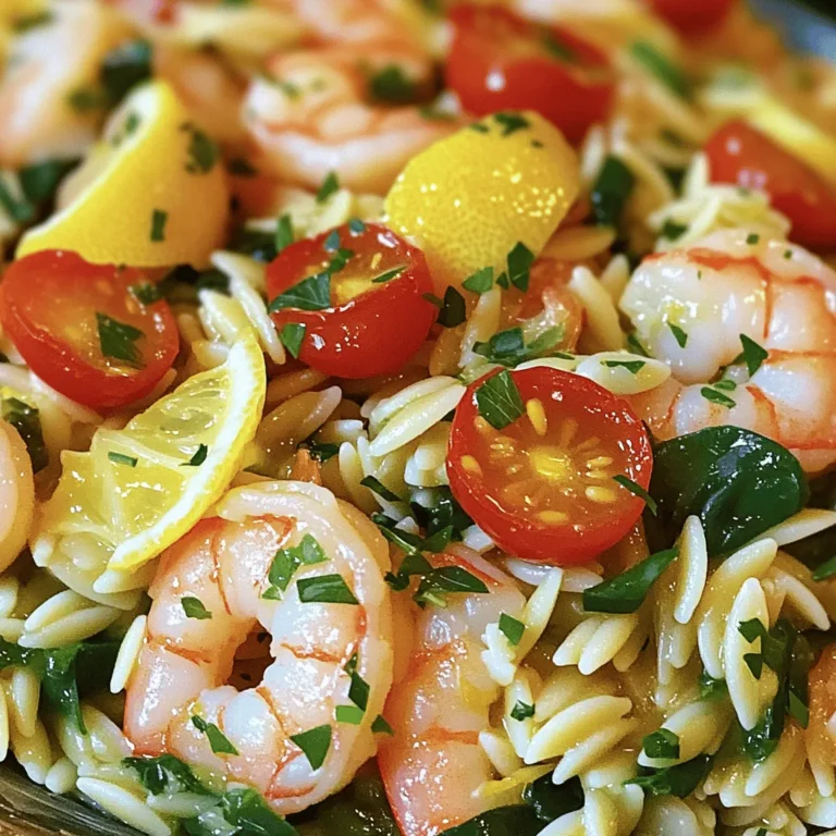 To make Lemon Garlic Orzo with Shrimp, you will need these fresh ingredients: - 1 cup orzo pasta - 1 pound shrimp, peeled and deveined - 3 tablespoons olive oil - 4 cloves garlic, minced - 1 lemon (zested and juiced) - 1/2 teaspoon red pepper flakes (optional) - 1 cup vegetable broth - 1 cup cherry tomatoes, halved - 2 cups baby spinach - Salt and pepper to taste - Fresh parsley, chopped for garnish These ingredients make a delightful dish that bursts with flavor. You can swap some ingredients based on your taste or what you have: - Use quinoa instead of orzo for a grain-free option. - Substitute chicken or tofu for shrimp if you prefer a different protein. - Use garlic powder if you run out of fresh garlic. - Replace vegetable broth with chicken broth for richer flavor. - Cherry tomatoes can be swapped with diced bell peppers or zucchini. These swaps keep the dish flexible and fun. This recipe has some important dietary notes: - Orzo contains gluten, which makes it unsuitable for gluten-free diets. Use gluten-free pasta if needed. - Shrimp is a common allergen. To avoid this, try a vegetarian protein like chickpeas or tofu. - The dish is low in calories and packed with nutrients, thanks to spinach and tomatoes. It’s crucial to always check labels and confirm ingredient safety for your needs. To start, you need to cook the orzo pasta. First, bring 4 cups of salted water to a boil in a medium pot. Add 1 cup of orzo and cook it according to the package instructions. You want it to be al dente, so stir it occasionally. Once it is done, drain the orzo and set it aside for later. Next, grab a large skillet and heat 3 tablespoons of olive oil over medium heat. Once the oil is hot, add 4 cloves of minced garlic. Sauté the garlic for about 1 minute. You want it to smell nice but be careful not to burn it. After that, add 1 pound of peeled and deveined shrimp. Sprinkle them with salt, pepper, and red pepper flakes if you like a bit of heat. Cook the shrimp for about 3 to 4 minutes. They should turn pink and opaque. Now, squeeze the juice of 1 lemon into the skillet and add the lemon zest. Stir to mix everything well. Now, it’s time to combine everything. Pour in 1 cup of vegetable broth and bring it to a gentle simmer. Add 1 cup of halved cherry tomatoes and let them soften for 2 to 3 minutes. Then, stir in the cooked orzo and 2 cups of baby spinach. Toss everything together until the spinach wilts and the mixture is well combined. Taste your dish and adjust the seasoning with more salt, pepper, or lemon juice if you need to. After everything is heated through, remove it from the heat and let it rest for a minute. Serve the orzo warm, garnished with fresh parsley and an extra sprinkle of lemon zest if you want. For the full recipe, check [Full Recipe]. To cook shrimp just right, look for a few signs. The shrimp should turn pink and opaque. They should curl up slightly but not be too tight. Cook them over medium heat for about 3-4 minutes. If you overcook them, they can turn rubbery. So, keep an eye on them. If you use frozen shrimp, make sure to thaw them first. You can boost the flavor with a few simple tricks. Try adding fresh herbs like basil or dill for a fresh taste. A splash of white wine can also add depth. You can even toss in some capers for a salty kick. If you like heat, add more red pepper flakes or some diced jalapeños. Don't forget to taste as you go. Adjust the salt and lemon juice to make it perfect for you. One common mistake is not seasoning enough. Make sure to season each layer of the dish. Don’t forget to add salt to the boiling water for the orzo. Another mistake is not using enough heat. A hot skillet helps to cook shrimp quickly and evenly. Avoid crowding the pan; cook shrimp in batches if needed. Finally, don’t skip the resting time after cooking. Let the flavors meld together for a minute before serving. For the full recipe, check out the details above! {{image_2}} If you want a vegetarian option, swap the shrimp for tofu. Use firm tofu for the best texture. Cut it into cubes and press it to remove excess moisture. Sauté it just like the shrimp. Tofu soaks up flavors well, making it a tasty substitute. You still get that zesty lemon garlic taste, but lighter. You can change the flavors by swapping some ingredients. Try using quinoa instead of orzo for a nutty taste. You could also use chicken broth instead of vegetable broth for a richer flavor. Switch out cherry tomatoes for sun-dried tomatoes for a sweeter touch. These swaps let you create unique flavors each time you make it. Feel free to add more veggies or proteins to your dish. Bell peppers, zucchini, or asparagus work great. Just chop them up and add them when cooking the garlic and shrimp. If you want more protein, toss in cooked chicken or scallops. The more you add, the more colorful and tasty your dish becomes. For the full recipe, check out the section above. To keep your lemon garlic orzo with shrimp fresh, place it in an airtight container. This helps lock in flavor and moisture. Make sure it cools to room temperature before sealing. Store the container in the fridge. It can last up to three days. If you want to save it for later, freezing is a good option. Portion the dish into smaller containers. Leave some space at the top for expansion. It will keep well in the freezer for about two months. When you're ready to eat, just thaw it in the fridge overnight. To reheat, you can use a microwave or a skillet. If using the microwave, heat in short bursts. Stir in between to prevent hot spots. In a skillet, add a splash of broth or water. This keeps the orzo moist. Heat on low until warmed through, stirring gently. Enjoy your dish as if it was just made! If you can't find orzo, you have options. You can use ditalini, rice, or quinoa. Each gives a nice texture but changes the flavor slightly. Pasta shapes like small shells or farfalle also work well. To add heat, increase the red pepper flakes. You can also use fresh chili peppers or a hot sauce you love. Start with a little and taste as you go. This way, you can control how spicy it gets. Yes, you can make it ahead. Cook the orzo and shrimp, then store them separately. When you're ready to eat, reheat them together with some broth. This keeps the flavors fresh and tasty. For the full recipe, check the main section. This blog post covered how to make Lemon Garlic Orzo with Shrimp. We looked at the key ingredients and possible substitutions. The step-by-step instructions help you cook the dish perfectly. I shared tips to avoid mistakes and suggestions for fun variations. We also discussed storage methods and answered common questions. Cooking should be fun and easy. You now have the tools to make a delicious dish. Enjoy experimenting with flavors and sharing this meal with friends!