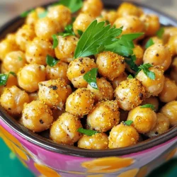 - 1 can (15 oz) chickpeas, drained and rinsed - 2 tablespoons olive oil - 1 tablespoon ranch seasoning mix - 1 teaspoon garlic powder - 1 teaspoon onion powder - 1/2 teaspoon smoked paprika - Salt and black pepper to taste - Try adding cayenne pepper for heat. - Fresh herbs like parsley or chives make great garnishes. Ranch roasted chickpeas are simple to make. You need just a few ingredients. The main star is the chickpeas. They pack protein and fiber, making them a healthy snack. Olive oil helps the seasonings stick and adds a nice flavor. The ranch seasoning mix gives a tasty kick. Garlic powder and onion powder add depth. Smoked paprika brings a slight smokiness. Salt and pepper enhance all these flavors. Want to take it up a notch? You can add cayenne pepper for some heat. Fresh herbs like parsley or chives brighten up the dish. They also make it look pretty on a plate. For the full recipe, check out the instructions to whip up this tasty snack! 1. First, you need to preheat your oven to 400°F (200°C). While it heats, line a baking sheet with parchment paper. This will keep the chickpeas from sticking. 2. After you drain and rinse the chickpeas, it’s time to dry them. Place the chickpeas on a clean kitchen towel. Lightly pat them dry. This step is key for getting that nice crunch. 1. In a mixing bowl, combine the dried chickpeas with olive oil. Add the ranch seasoning mix, garlic powder, onion powder, smoked paprika, salt, and pepper. 2. Toss everything well. Make sure each chickpea gets an even coating of those tasty seasonings. This way, every bite will be full of flavor. 1. Spread the seasoned chickpeas in a single layer on your prepared baking sheet. Do not overcrowd them. This helps them roast evenly. 2. Place the baking sheet in the oven. Roast for 25-30 minutes. Stir the chickpeas halfway through to ensure they cook evenly. Keep an eye on them toward the end to avoid burning. 3. Once they are golden brown and crispy, remove them from the oven. Let them cool for a few minutes to get that maximum crunch. You can even adjust the seasoning if needed. For the full details on ingredients, check out the [Full Recipe]. Enjoy your crunchy, tasty snack! To get that ideal crunch, start by drying your chickpeas. After rinsing, place them on a clean towel. Pat them dry gently. This step helps remove extra moisture. A dry chickpea roasts better. While roasting, stir the chickpeas halfway through. This ensures even cooking. It helps all sides get crispy. If you forget to stir, some may burn. Keep an eye on them toward the end. Balancing flavors is key to tasty ranch roasted chickpeas. Start with your ranch seasoning mix. You can add more garlic or onion powder if you like. A pinch more smoked paprika can add depth. Want to try new flavors? Add dried herbs like dill or thyme. A sprinkle of cayenne pepper can give a spicy kick. Taste as you go to find your favorite mix. There are many fun ways to serve ranch roasted chickpeas. You can put them in a bowl for a snack. They also make a great topping for salads. Try adding them to a wrap for a crunchy bite. Pair them with dips like hummus or guacamole. They also go well with cheese and crackers. These chickpeas can be part of a tasty meal or a snack. For the full recipe, check out the earlier section! {{image_2}} You can change the flavor of ranch roasted chickpeas to suit your taste. - Spicy ranch roasted chickpeas: Add a pinch of cayenne pepper or chili powder. It gives them a nice kick. You can mix this with the ranch seasoning for a hotter version. - Herb-seasoned alternatives: Try using dried herbs like dill, oregano, or basil. These herbs add fresh notes and enhance the ranch flavor. Mixing different herbs can create a unique blend that excites your palate. You don't have to stick to just one way of cooking chickpeas. - Alternative roasting methods: If you have an air fryer, use it! It cooks faster and gives a nice crunch. Set it to 400°F (200°C) and roast for about 15-20 minutes. You can also cook them on the stovetop. Just sauté in a pan until crispy. - Baking time adjustments: If you prefer a softer texture, reduce the baking time to 20 minutes. For crunchier chickpeas, increase it to 35 minutes. Just keep an eye on them to avoid burning. Ranch roasted chickpeas are versatile and can be enjoyed in many ways. - Incorporating into salads: Toss them into a salad for added crunch. They pair well with greens, tomatoes, and cucumbers. Their flavor enhances the freshness of the vegetables. - Using as a topping for soups or other dishes: Sprinkle them on soups for a tasty crunch. They make a great topping for creamy soups like tomato or potato. It adds texture and a burst of flavor that brings your dish to life. For the full recipe, check out the detailed instructions provided above and enjoy making these delicious snacks! To keep your ranch roasted chickpeas fresh, use an airtight container. Glass jars or plastic containers work well. Store them at room temperature for up to two days. If you want them to last longer, put them in the fridge. They should stay good for about a week. Just remember, they may lose some crunch over time. When you want to enjoy your leftover chickpeas, revive their crunchy texture. The best way is to reheat them in the oven. Preheat your oven to 350°F (175°C). Spread the chickpeas on a baking sheet and bake for about 5 to 10 minutes. This method helps avoid sogginess. You can also use an air fryer for a quicker option. If you're planning a gathering, making ranch roasted chickpeas ahead of time is smart. You can prepare them a day or two in advance. Just store them in an airtight container. If you want to make them even earlier, you can freeze them. Place the cooled chickpeas in a freezer-safe bag or container. They can last up to three months in the freezer. When you’re ready to eat, thaw them in the fridge overnight, then reheat as mentioned earlier. This way, you always have a tasty snack ready to go! Ranch roasted chickpeas can last up to a week at room temperature. Store them in an airtight container. If you refrigerate them, they may last a bit longer, about 10 days. Keep in mind, though, that they may lose some crunch when stored. To keep them crispy, try to eat them fresh! Yes, you can use dried chickpeas. Start by soaking them overnight in water. After soaking, drain and rinse them. Then, cook the chickpeas in boiling water for about 1 to 1.5 hours until soft. Once cooked, follow the same steps in the Full Recipe to create your ranch roasted chickpeas. Chickpeas are packed with nutrients. They are high in protein and fiber, which help keep you full. They also contain vitamins and minerals like folate, iron, and magnesium. Eating chickpeas can improve digestion and help control blood sugar levels. Adding them to your meals can support a healthy diet! Ranch roasted chickpeas are easy and fun to make. You can use simple ingredients like chickpeas, olive oil, and your favorite seasonings. Roasting them gives a crisp texture that makes a great snack or dish. You can also mix in new flavors or serve them in different ways. In conclusion, these chickpeas fit many tastes. You can grab healthy snacks, enhance meals, and enjoy numerous variations. It’s fun to experiment with flavors. Enjoy creating and sharing your ranch roasted chickpeas!