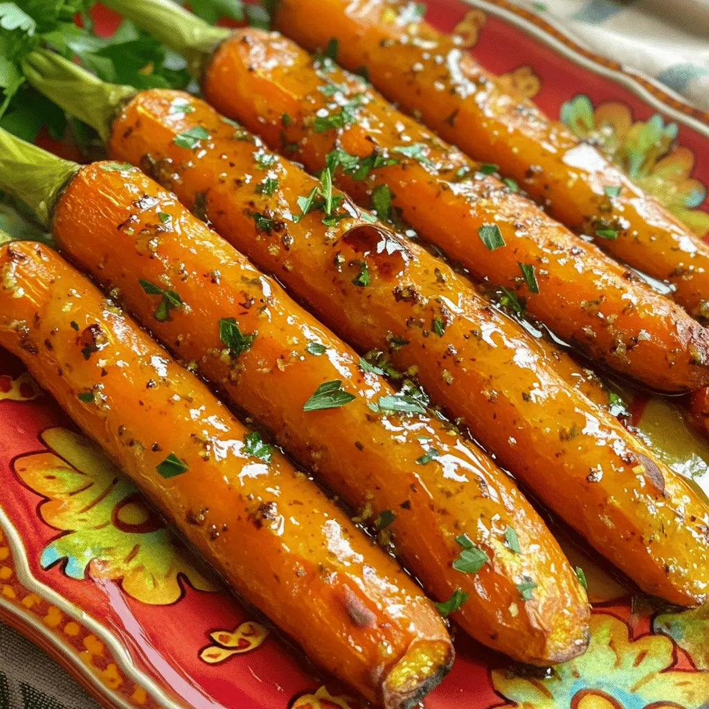 Here are the ingredients you need for honey garlic roasted carrots: - 1 pound carrots, peeled and cut into sticks - 3 tablespoons honey - 3 tablespoons olive oil - 4 cloves garlic, minced - 1 teaspoon fresh thyme leaves (or ½ teaspoon dried thyme) - Salt and pepper to taste - Optional garnish: chopped parsley Using fresh, high-quality ingredients makes a big difference. Choose bright, firm carrots for the best flavor. Honey adds sweetness, while garlic gives depth. Olive oil helps the carrots roast evenly. Thyme brings a fresh note that balances the dish. You can find the full recipe in the main article to guide you through the preparation. Enjoy creating this simple and tasty dish! First, preheat your oven to 425°F (220°C). This step is key for getting the carrots crispy and caramelized. Next, prepare your baking sheet by lining it with parchment paper. This helps with easy cleanup and prevents sticking. In a large mixing bowl, combine the following ingredients: - 3 tablespoons honey - 3 tablespoons olive oil - 4 cloves garlic, minced - 1 teaspoon fresh thyme leaves (or ½ teaspoon dried thyme) - Salt and pepper to taste Whisk these together until they blend well. The honey and garlic create a sweet and savory mix that coats the carrots beautifully. Now, add 1 pound of peeled and cut carrot sticks to the bowl. Toss the carrots in the honey garlic mixture until they are fully coated. This step is vital for flavor. Next, arrange the coated carrots in a single layer on your prepared baking sheet. Make sure to leave space between each piece. This helps them roast evenly. Finally, roast the carrots in the oven for about 25-30 minutes. Halfway through, toss them again to ensure they brown evenly. Look for a tender texture and a nice caramelized color. Once done, you can take them out and let them cool slightly. If you want, sprinkle with chopped parsley as a fresh touch before serving. For the full recipe, check the details above. To get the best honey garlic roasted carrots, set your oven to 425°F (220°C). This temperature helps caramelize the carrots, giving them a sweet and tasty crust. Make sure to space the carrots well on the baking sheet. If they are too close, they will steam instead of roast. This spacing allows hot air to move around each carrot stick, making them tender and crispy. To make your dish even better, try adding fresh herbs like rosemary or parsley. These herbs can boost the taste and add a nice touch. You can also swap honey for other sweeteners like maple syrup or agave. Each choice will bring a unique flavor to the dish, so feel free to experiment based on your preferences. When serving honey garlic roasted carrots, place them on a nice platter. This makes the dish more appealing. Drizzle any sauce left on the baking sheet over the carrots for added flavor. For a pop of color, sprinkle some fresh parsley on top. This small touch makes the dish look fresh and inviting. {{image_2}} You can swap carrots for other root veggies. Try parsnips or sweet potatoes. These veggies roast well too. They soak up the honey garlic mix just like carrots. You might enjoy turnips for a twist. Each veggie brings a new flavor to the dish. Just remember to cut them into similar sizes. This way, they cook evenly. Want a little kick? Add chili flakes or cayenne pepper. A pinch goes a long way. These spices bring warmth and depth to the dish. Mix them into your honey garlic sauce before coating your veggies. Adjust the heat to fit your taste. If you love spice, feel free to add more! Get creative with sauces. Try balsamic glaze or maple syrup. Balsamic adds a tangy flavor that contrasts well with the sweet. Maple syrup gives a richer sweetness. Both options can make your dish unique. Just drizzle it on before roasting or mix it into the sauce. Experimenting can lead to delightful surprises in flavor. You can find the full recipe for honey garlic roasted carrots and explore more ideas. After making honey garlic roasted carrots, you may have some leftovers. Store them in an airtight container in the fridge. They will stay fresh for about 3 to 5 days. Be sure to let them cool first before sealing the container. This helps keep them from getting soggy. To enjoy your leftover carrots, you need to reheat them properly. The best way is to use an oven. Preheat your oven to 350°F (175°C). Place the carrots on a baking sheet and heat for about 10 to 15 minutes. This method keeps the carrots tender and helps them retain their roasted texture. You can also use a microwave, but the carrots may not be as crispy. If you want to save your honey garlic roasted carrots for later, freezing is a great option. First, let them cool completely. Next, spread the carrots in a single layer on a baking sheet and freeze for about 1 to 2 hours. After they are frozen, transfer them to a freezer-safe bag or container. They can last for up to 3 months in the freezer. To thaw, place them in the fridge overnight before reheating. To make honey garlic roasted carrots vegan, swap honey for maple syrup or agave nectar. Both options add sweetness without using animal products. You can also try using brown sugar for a different flavor. The other ingredients remain the same, keeping the dish flavorful. Yes, you can prepare the carrots ahead of time. Peel and cut them into sticks, then store them in an airtight container in the fridge. You can mix the honey garlic sauce in advance too. Just keep it in a separate container until you are ready to bake. This way, you can save time when cooking. Honey garlic roasted carrots pair well with many dishes. Here are some great options: - Grilled chicken or fish - Quinoa salad - Creamy mashed potatoes - Roasted Brussels sprouts - A fresh green salad These sides enhance your meal and add balance to your plate. Check the Full Recipe for more ideas! You’ve learned how to create tasty honey garlic roasted carrots. We covered ingredients, step-by-step instructions, tips, variations, and storage info. Now, you have the skills to impress your family and friends with this dish. Feel free to experiment with flavors and other veggies. Enjoy this simple and delicious recipe! Happy cooking!