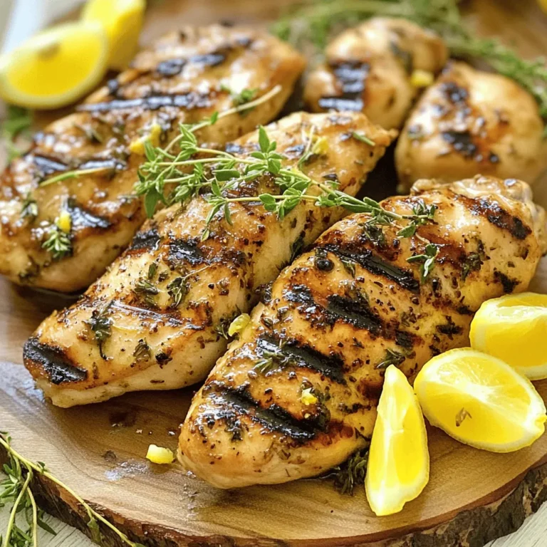 - Chicken: Use 4 boneless, skinless chicken breasts. They cook evenly and stay juicy. - Marinade Components: You need 1/4 cup of olive oil, 1/4 cup of fresh lemon juice (about 2 lemons), zest of 1 lemon, and 4 cloves of minced garlic. Fresh herbs like 2 tablespoons of finely chopped rosemary and 2 tablespoons of finely chopped thyme add bright flavor. You can also include 1 teaspoon of dried oregano for depth. - Seasoning: Add salt and pepper to taste. This simple seasoning boosts the chicken's flavor. This blend of ingredients creates a tasty, zesty marinade. The lemon juice tenderizes the chicken, while the herbs bring fresh notes. The olive oil keeps the chicken moist on the grill. Don't skip the garlic; it adds a wonderful aroma and taste. For the full recipe, check the provided details above. Happy cooking! Start by making the marinade. In a mixing bowl, whisk together: - 1/4 cup olive oil - 1/4 cup fresh lemon juice (about 2 lemons) - Zest of 1 lemon - 4 cloves garlic, minced - 2 tablespoons fresh rosemary, finely chopped - 2 tablespoons fresh thyme, finely chopped - 1 teaspoon dried oregano - Salt and pepper to taste Whisking well helps blend all the flavors. The marinade is key to juicy chicken. For maximum taste, marinate the chicken for at least 1 hour. You can go up to 4 hours for deep flavor. Next, preheat your grill to medium-high heat. This is vital for even cooking. If your grill is too cool, the chicken will not sear well. Remove the chicken from the marinade. Let the excess drip off. Discard the leftover marinade. Grill the chicken for about 6-7 minutes on each side. The chicken is done when it reaches 165°F (75°C). Look for nice grill marks as a sign it’s ready. After grilling, let the chicken rest for 5 minutes. This step is important. Resting helps keep the juices inside the chicken. For serving, place the chicken on a wooden platter. Add lemon wedges and fresh herbs for a beautiful look. A sprinkle of extra herbs before serving makes it pop. For the full recipe, check out the section above! To make amazing lemon herb grilled chicken, choose fresh lemons and herbs. Look for lemons that feel heavy for their size. They should have smooth skin and a bright yellow color. For herbs, pick ones that smell strong and look vibrant. Fresh rosemary and thyme add a great taste. When selecting chicken breasts, look for ones that are plump and pink. Avoid any that have dark spots or an off smell. Fresh chicken will have a clean scent. If you can, buy organic chicken. It often tastes better and is raised without harmful chemicals. Feel free to switch up herbs and spices in the marinade. Try using fresh basil or parsley for a different flavor. You can even add a pinch of red pepper flakes for some heat. If you want a hint of sweetness, consider adding honey or maple syrup. Both will balance the tang of the lemon nicely. Start with one tablespoon and adjust to your taste. Grilling chicken evenly is key to avoiding dryness. Make sure your grill is hot before you place the chicken on it. This helps seal in juices. Cook the chicken for about 6-7 minutes on each side. Use a meat thermometer to check the internal temperature. It should reach 165°F (75°C). To achieve those perfect grill marks, avoid moving the chicken too much. Place it on the grill and let it sit. After a few minutes, you can flip it. This method helps create nice lines and adds to the dish's visual appeal. {{image_2}} Leftover chicken makes a great salad. Chop the chicken into bite-sized pieces. Mix it with fresh greens like spinach or arugula. Add cherry tomatoes and cucumber for a crunchy bite. For the dressing, I love a simple lemon vinaigrette. Just whisk lemon juice, olive oil, salt, and pepper. You can also toss in nuts or avocados for extra flavor and texture. Cut the chicken into cubes for skewers. Thread the chicken onto skewers, alternating with vegetables like bell peppers, zucchini, and onions. Soak wooden skewers in water for 30 minutes to prevent burning. Grill them over medium heat for about 10 minutes. Turn them often until the chicken is cooked through. Pair these skewers with a side of tzatziki sauce for a tasty dip. Transform your grilled chicken into tasty tacos. Shred or chop the chicken into small pieces. Grab your favorite tortillas, and fill them with the chicken. Add toppings like diced onions, cilantro, and avocado. A drizzle of lime juice or hot sauce adds a nice kick. Serve with a side of salsa or guacamole for a complete meal. This recipe is flexible and brings lots of fun to your meals. You can find the full recipe above to get started! To store leftover grilled chicken, place it in an airtight container. Make sure it cools down before sealing. This helps keep it fresh. You can keep it in the fridge for up to four days. For the best taste, eat it within two days. To maintain flavor and moisture, wrap the chicken tightly in plastic wrap. This prevents air from drying it out. If you have sliced chicken, store it in a single layer. This keeps it from getting mushy. If you want to freeze grilled chicken, let it cool first. Then, cut it into portions for easy use later. Wrap each piece in plastic wrap. Next, place the wrapped chicken in a freezer bag. Press out any air before sealing. This helps prevent freezer burn. To thaw, place the chicken in the fridge overnight. If pressed for time, you can use the microwave. But be careful not to start cooking it. To reheat without drying out the chicken, use the oven. Preheat it to 350°F (175°C). Place the chicken in a baking dish and cover it with foil. This keeps moisture in. Heat for about 15 to 20 minutes, or until warmed through. You can also use a stovetop method. Heat a skillet over medium heat. Add a splash of water or broth to create steam. Cover the skillet and heat for about 5 to 7 minutes. This method keeps the chicken juicy. For best results, always check the chicken's temperature. It should reach 165°F (75°C) before serving. I recommend marinating the chicken for at least 1 hour. For deeper flavor, marinate up to 4 hours. This gives the chicken time to soak in all the tasty herbs and lemon. Marination helps tenderize the meat and enhances the flavor. Yes, you can! You can use chicken thighs, drumsticks, or even a whole chicken. Just adjust cooking times as needed. Thighs are juicier, while breasts are leaner. Both work well with this lemon herb mix. Some great sides are: - Grilled vegetables - Rice pilaf - Fresh garden salad - Garlic bread These sides complement the bright flavors of the chicken. Plus, they add color to your plate! Check the internal temperature with a meat thermometer. It should reach 165°F (75°C). You can also look for clear juices and no pink in the meat. This ensures your chicken is safe to eat. Definitely! You can make a big batch and store it for the week. Slice the chicken and add it to salads, wraps, or grain bowls. It keeps well in the fridge and makes meal time easy. Yes! You can use a grill pan or the oven. For a grill pan, heat it over medium-high heat. Cook the chicken for about 6-7 minutes per side. In the oven, bake at 400°F (200°C) for about 20-25 minutes. Both methods will still give you tasty results! For the full recipe, check out the details above! In this blog post, we explored how to make Lemon Herb Grilled Chicken. We covered everything from selecting the best ingredients to key grilling techniques. You learned about marinades, resting times, and even delicious variations like salads and tacos. My final thoughts? This recipe is simple, fun, and packed with flavor. Plus, it's flexible enough for lots of dishes. Enjoy your grilling, and remember to get creative with your ingredients!