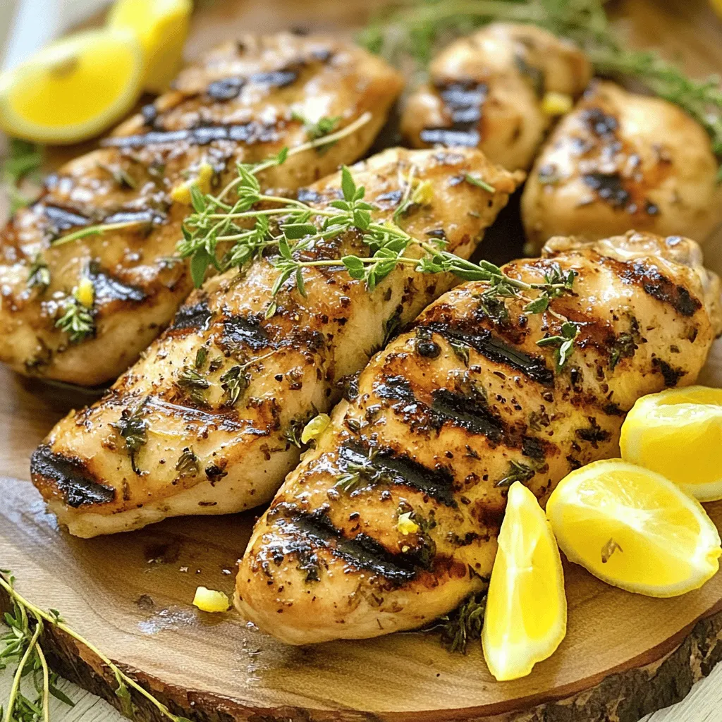 - Chicken: Use 4 boneless, skinless chicken breasts. They cook evenly and stay juicy. - Marinade Components: You need 1/4 cup of olive oil, 1/4 cup of fresh lemon juice (about 2 lemons), zest of 1 lemon, and 4 cloves of minced garlic. Fresh herbs like 2 tablespoons of finely chopped rosemary and 2 tablespoons of finely chopped thyme add bright flavor. You can also include 1 teaspoon of dried oregano for depth. - Seasoning: Add salt and pepper to taste. This simple seasoning boosts the chicken's flavor. This blend of ingredients creates a tasty, zesty marinade. The lemon juice tenderizes the chicken, while the herbs bring fresh notes. The olive oil keeps the chicken moist on the grill. Don't skip the garlic; it adds a wonderful aroma and taste. For the full recipe, check the provided details above. Happy cooking! Start by making the marinade. In a mixing bowl, whisk together: - 1/4 cup olive oil - 1/4 cup fresh lemon juice (about 2 lemons) - Zest of 1 lemon - 4 cloves garlic, minced - 2 tablespoons fresh rosemary, finely chopped - 2 tablespoons fresh thyme, finely chopped - 1 teaspoon dried oregano - Salt and pepper to taste Whisking well helps blend all the flavors. The marinade is key to juicy chicken. For maximum taste, marinate the chicken for at least 1 hour. You can go up to 4 hours for deep flavor. Next, preheat your grill to medium-high heat. This is vital for even cooking. If your grill is too cool, the chicken will not sear well. Remove the chicken from the marinade. Let the excess drip off. Discard the leftover marinade. Grill the chicken for about 6-7 minutes on each side. The chicken is done when it reaches 165°F (75°C). Look for nice grill marks as a sign it’s ready. After grilling, let the chicken rest for 5 minutes. This step is important. Resting helps keep the juices inside the chicken. For serving, place the chicken on a wooden platter. Add lemon wedges and fresh herbs for a beautiful look. A sprinkle of extra herbs before serving makes it pop. For the full recipe, check out the section above! To make amazing lemon herb grilled chicken, choose fresh lemons and herbs. Look for lemons that feel heavy for their size. They should have smooth skin and a bright yellow color. For herbs, pick ones that smell strong and look vibrant. Fresh rosemary and thyme add a great taste. When selecting chicken breasts, look for ones that are plump and pink. Avoid any that have dark spots or an off smell. Fresh chicken will have a clean scent. If you can, buy organic chicken. It often tastes better and is raised without harmful chemicals. Feel free to switch up herbs and spices in the marinade. Try using fresh basil or parsley for a different flavor. You can even add a pinch of red pepper flakes for some heat. If you want a hint of sweetness, consider adding honey or maple syrup. Both will balance the tang of the lemon nicely. Start with one tablespoon and adjust to your taste. Grilling chicken evenly is key to avoiding dryness. Make sure your grill is hot before you place the chicken on it. This helps seal in juices. Cook the chicken for about 6-7 minutes on each side. Use a meat thermometer to check the internal temperature. It should reach 165°F (75°C). To achieve those perfect grill marks, avoid moving the chicken too much. Place it on the grill and let it sit. After a few minutes, you can flip it. This method helps create nice lines and adds to the dish's visual appeal. {{image_2}} Leftover chicken makes a great salad. Chop the chicken into bite-sized pieces. Mix it with fresh greens like spinach or arugula. Add cherry tomatoes and cucumber for a crunchy bite. For the dressing, I love a simple lemon vinaigrette. Just whisk lemon juice, olive oil, salt, and pepper. You can also toss in nuts or avocados for extra flavor and texture. Cut the chicken into cubes for skewers. Thread the chicken onto skewers, alternating with vegetables like bell peppers, zucchini, and onions. Soak wooden skewers in water for 30 minutes to prevent burning. Grill them over medium heat for about 10 minutes. Turn them often until the chicken is cooked through. Pair these skewers with a side of tzatziki sauce for a tasty dip. Transform your grilled chicken into tasty tacos. Shred or chop the chicken into small pieces. Grab your favorite tortillas, and fill them with the chicken. Add toppings like diced onions, cilantro, and avocado. A drizzle of lime juice or hot sauce adds a nice kick. Serve with a side of salsa or guacamole for a complete meal. This recipe is flexible and brings lots of fun to your meals. You can find the full recipe above to get started! To store leftover grilled chicken, place it in an airtight container. Make sure it cools down before sealing. This helps keep it fresh. You can keep it in the fridge for up to four days. For the best taste, eat it within two days. To maintain flavor and moisture, wrap the chicken tightly in plastic wrap. This prevents air from drying it out. If you have sliced chicken, store it in a single layer. This keeps it from getting mushy. If you want to freeze grilled chicken, let it cool first. Then, cut it into portions for easy use later. Wrap each piece in plastic wrap. Next, place the wrapped chicken in a freezer bag. Press out any air before sealing. This helps prevent freezer burn. To thaw, place the chicken in the fridge overnight. If pressed for time, you can use the microwave. But be careful not to start cooking it. To reheat without drying out the chicken, use the oven. Preheat it to 350°F (175°C). Place the chicken in a baking dish and cover it with foil. This keeps moisture in. Heat for about 15 to 20 minutes, or until warmed through. You can also use a stovetop method. Heat a skillet over medium heat. Add a splash of water or broth to create steam. Cover the skillet and heat for about 5 to 7 minutes. This method keeps the chicken juicy. For best results, always check the chicken's temperature. It should reach 165°F (75°C) before serving. I recommend marinating the chicken for at least 1 hour. For deeper flavor, marinate up to 4 hours. This gives the chicken time to soak in all the tasty herbs and lemon. Marination helps tenderize the meat and enhances the flavor. Yes, you can! You can use chicken thighs, drumsticks, or even a whole chicken. Just adjust cooking times as needed. Thighs are juicier, while breasts are leaner. Both work well with this lemon herb mix. Some great sides are: - Grilled vegetables - Rice pilaf - Fresh garden salad - Garlic bread These sides complement the bright flavors of the chicken. Plus, they add color to your plate! Check the internal temperature with a meat thermometer. It should reach 165°F (75°C). You can also look for clear juices and no pink in the meat. This ensures your chicken is safe to eat. Definitely! You can make a big batch and store it for the week. Slice the chicken and add it to salads, wraps, or grain bowls. It keeps well in the fridge and makes meal time easy. Yes! You can use a grill pan or the oven. For a grill pan, heat it over medium-high heat. Cook the chicken for about 6-7 minutes per side. In the oven, bake at 400°F (200°C) for about 20-25 minutes. Both methods will still give you tasty results! For the full recipe, check out the details above! In this blog post, we explored how to make Lemon Herb Grilled Chicken. We covered everything from selecting the best ingredients to key grilling techniques. You learned about marinades, resting times, and even delicious variations like salads and tacos. My final thoughts? This recipe is simple, fun, and packed with flavor. Plus, it's flexible enough for lots of dishes. Enjoy your grilling, and remember to get creative with your ingredients!