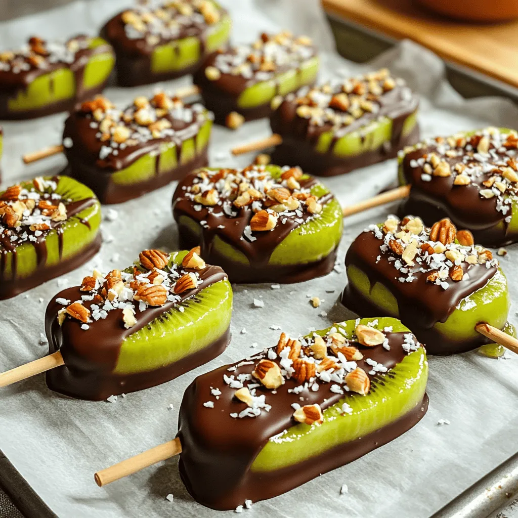 - 3 ripe kiwis, peeled and cut into thick slices - 1 cup dark chocolate chips (or semi-sweet for a sweeter option) - 1 tablespoon coconut oil - 1/2 cup crushed nuts (almonds, hazelnuts, or walnuts) - 1/4 cup desiccated coconut (optional) - 10 wooden popsicle sticks These ingredients are easy to find. I like using ripe kiwis for their sweet taste. They give a nice contrast to the rich chocolate. You can use dark chocolate for a bold flavor or semi-sweet for a sweeter bite. The coconut oil makes the chocolate smooth and shiny. The crushed nuts add a delightful crunch. If you like, sprinkle some desiccated coconut on top for extra texture and flavor. Gather these items before starting. Having everything ready makes the process smoother. For the full recipe, check out the instructions later in the article. To start, we need to prep the kiwi. First, peel the kiwis with a sharp knife. Cut them into thick slices about one inch wide. This size helps them hold the chocolate better. After slicing, pat the kiwi pieces dry using a paper towel. This step is key! Removing moisture helps the chocolate stick well. If the kiwi is wet, the chocolate may slide off. Next, let’s melt the chocolate. I recommend using a microwave-safe bowl. Combine the dark chocolate chips and coconut oil in the bowl. Heat the mixture in the microwave in 30-second bursts. Stir between each interval. This method keeps the chocolate from burning. If you don’t have a microwave, you can use a double boiler. Just fill a pot with water and place a heat-safe bowl on top. Stir until the chocolate melts smoothly. Now comes the fun part: dipping! Grab a kiwi slice by the stick and dip it into the melted chocolate. Make sure to coat it fully. Let any excess chocolate drip back into the bowl. If you want to add toppings, do this right after dipping. Roll the chocolate-covered kiwi in crushed nuts or sprinkle it with desiccated coconut. For best results, work quickly! Place the pops on a parchment-lined baking sheet after coating. Once you have dipped all the kiwi slices, pop the baking sheet into the fridge. Chill for about 30 minutes, or until the chocolate is set. This process makes it easy to enjoy a tasty treat. Check the [Full Recipe] for more details on each step! To ensure an even coating on your kiwi pops, make sure to dip them fully into the melted chocolate. Hold the kiwi pop by the stick and swirl it gently. This helps the chocolate cover all sides without leaving gaps. If you find the chocolate too thick, you can adjust it by adding a bit more coconut oil. This will make the chocolate smoother and easier to work with. Just remember, too much oil can make it too runny. Arranging your chocolate-covered kiwi pops nicely makes them even more appealing. You can place them upright in a tall glass. This keeps them from touching each other and ruining the chocolate. For a fun touch, drizzle some extra melted chocolate over the top of the pops. You can also add fresh mint leaves around the base. This adds color and freshness to your display. Experiment with garnishes to make your pops pop! You can sprinkle crushed nuts or desiccated coconut over them while the chocolate is still warm. This adds texture and flavor to your treat. For full details, don’t forget to check out the Full Recipe. {{image_2}} When making chocolate-covered kiwi pops, the choice of chocolate matters. Dark chocolate has a rich and bold taste. It pairs well with the sweet kiwi. Milk chocolate tastes sweeter and creamier. It’s great for those who love a sweeter treat. White chocolate, while technically not chocolate, has a sweet and buttery flavor. It can add a fun twist to your pops. You can also try flavored chocolate. Mint chocolate adds a refreshing kick. Orange chocolate brings a bright and zesty taste. Both options make your kiwi pops stand out. Toppings can change the whole look and taste of your pops. Nuts are a great choice. You can use almonds, hazelnuts, or walnuts. Each nut adds a different crunch and flavor. You can also mix nuts for added texture. Fun toppings like sprinkles or shredded chocolate make your pops festive. They add color and excitement. You can even use crushed cookies for a unique twist. Kiwi isn’t the only fruit you can use. Strawberries are popular for chocolate dipping. They have a sweet and juicy flavor. Bananas work well too; they become creamy when dipped. Pineapple chunks offer a tropical flair. Each fruit brings its own taste and texture. Kiwi has a unique balance of sweet and tart. Experiment with different fruits to find your favorite combination. To keep your chocolate covered kiwi pops fresh, store them in the fridge. Place them in an airtight container. This helps prevent moisture from ruining their taste. If you want to keep them longer, you can freeze them. Wrap each pop in plastic wrap and then place them in a freezer bag. This keeps out air and ice crystals. These tasty treats can last about a week in the fridge. After that, they may lose their crunch and flavor. In the freezer, they can last up to three months. Look for signs of spoilage like discoloration or an off smell. If you notice these, it's best to toss them. Enjoy your chocolate covered kiwi pops while they are fresh for the best taste! You can use frozen kiwis, but they change the texture. Frozen fruit tends to become mushy when thawed. This means your pops might not have that crisp bite. If you choose this option, let the kiwis thaw completely before slicing. Drain any extra water to keep your pops nice and dry. If you don’t have coconut oil, don't worry! You can use other fats. Butter works well and gives a rich taste. You can also use vegetable oil or shortening. The key is to keep the chocolate shiny and smooth. Just remember, keep the amount the same as the recipe suggests. Yes, they can be healthy! Kiwis are packed with vitamins and fiber. They help boost your immune system. Dark chocolate has antioxidants, too. It can be good for your heart when eaten in moderation. When you enjoy these pops, you get a tasty treat and some nutrition. You can find pre-made chocolate-covered kiwi pops at some grocery stores. Look in the frozen fruit section or the snack aisle. Some brands sell them online too. Check out retailers like Amazon or specialty food sites. If you’re lucky, local shops might have them fresh! In this post, we covered how to make delicious chocolate-covered kiwi pops. You learned about the right ingredients, step-by-step instructions, and neat tips for success. There are fun variations to try with different chocolates and toppings. Storing your pops properly keeps them fresh longer. These treats are fun, tasty, and easy to make. Try them out and enjoy a sweet, healthy snack!