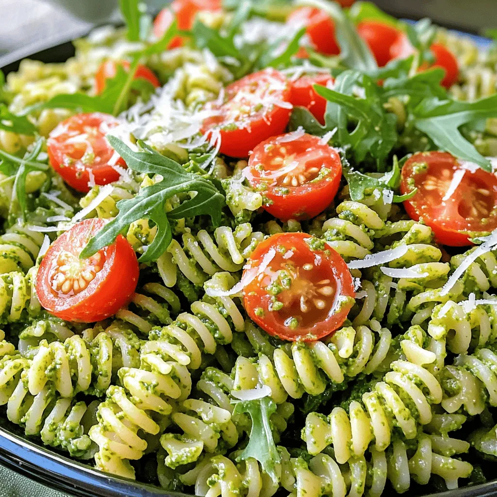 - Pasta choices: You can use fusilli or penne. Both work well and hold sauce nicely. - Cherry tomatoes: I prefer sweet, juicy cherry tomatoes. Halve them for easy mixing. - Fresh basil: Use packed basil leaves for a vibrant pesto. It adds great flavor. - Nuts: Walnuts or pine nuts give the pesto a creamy texture. Choose your favorite. - Garlic: Minced garlic enhances the taste of the pesto. Just two cloves will do. - Parmesan cheese: Grated Parmesan adds richness and depth. It's a must for this dish. - Olive oil: This makes the pesto smooth. Use good quality olive oil for the best flavor. - Lemon juice: A tablespoon brightens the dish. It adds a nice tang. - Salt and pepper: Use to taste. They help balance all the flavors. - Optional ingredients: Add arugula for garnish. It adds color and a peppery taste. For the full recipe, refer to the instructions above. To cook perfect pasta, start with a large pot of salted boiling water. The salt helps enhance the pasta's flavor. I recommend using around 1 tablespoon of salt for each gallon of water. Add the pasta, and stir occasionally to prevent sticking. Cook until it's al dente, which means it should still have a slight bite. This usually takes about 8 to 10 minutes, depending on the type of pasta you choose. Once cooked, drain the pasta in a colander. Rinsing the pasta under cold water is crucial. This stops the cooking process and cools the pasta down. It also helps prevent clumping, ensuring every bite remains delicious. Using a food processor makes making pesto easy. Start by adding fresh basil leaves, walnuts, Parmesan cheese, minced garlic, lemon juice, salt, and pepper to the processor. Pulse these ingredients together until they become finely chopped. Next, with the processor running, slowly add olive oil. This helps create a smooth and creamy texture. Taste your pesto and adjust the seasoning if needed. You can add more garlic for a bolder flavor or more lemon juice for brightness. Feel free to get creative with your flavor combinations. In a large bowl, combine your cooled pasta, halved cherry tomatoes, and the freshly made pesto. Toss everything gently to ensure that the pasta is well-coated in the vibrant green sauce. Chilling the pasta salad is key for flavor development. Cover the bowl with plastic wrap and refrigerate for at least 30 minutes. This gives the flavors time to meld together beautifully. Before serving, taste the salad again. Adjust the seasoning if necessary. For a lovely touch, garnish with fresh arugula right before you serve. For the full recipe, check out the details above. Enjoy your fresh flavor burst! To make great pesto, avoid a few common mistakes. First, don’t overprocess your basil. You want it finely chopped but not mushy. If you use too much oil, your pesto can become greasy. Always start with less and add more if needed. When it comes to nuts, walnuts work well, but don’t feel stuck. You can swap them for pine nuts or even sunflower seeds. For cheese, Parmesan is classic, but Pecorino or nutritional yeast can work too. This flexibility helps make your pesto unique and tasty. To amp up flavor, add a pinch of red pepper flakes or lemon zest. These small changes can make a big difference. You can also toss in other veggies like bell peppers or olives for extra crunch and taste. For serving, think about presentation. Use a colorful bowl to show off your salad. Top it with fresh basil or arugula for a nice touch. If you drizzle a bit of olive oil on top, it adds shine and flavor. These tips will help you create a vibrant, tasty pesto pasta salad that everyone will love. For the full recipe, check out the details above. {{image_2}} You can change your pesto pasta salad by using different tomatoes. Try heirloom tomatoes for a sweet twist. They come in many colors and shapes, making your dish pop. You can also add colorful bell peppers or zucchini for extra crunch. For protein, add cooked chicken or shrimp. These choices boost flavor and make the salad heartier. If you want plant-based protein, consider chickpeas or black beans. They add texture and nutrients. If you need a gluten-free option, use gluten-free pasta. Many brands offer great alternatives made from rice or lentils. These options ensure everyone can enjoy the dish. For a vegan version, swap the cheese with nutritional yeast. It gives a cheesy flavor without dairy. You can also replace the nuts with seeds like sunflower or pumpkin seeds. They add crunch and healthy fats to your salad. Experiment with these options to make this dish your own. For the full recipe, check out the included instructions. To keep your pesto pasta salad fresh, place it in an airtight container. This method helps prevent air and moisture from spoiling the dish. You can store it in the fridge for up to three days. After that, the flavors may fade, and the pasta may get soggy. Always check for any off smells or color changes before eating. Freezing pesto pasta salad is easy. To do this, portion it into freezer-safe bags or containers. Remove as much air as possible to avoid freezer burn. When you want to eat it, thaw it overnight in the fridge. Keep in mind that the texture may change. The pasta might become softer, and the pesto could lose some creaminess. However, it will still taste great! You can add many tasty ingredients to your Pesto Pasta Salad. Here are some ideas: - Roasted Vegetables: Try adding roasted bell peppers or zucchini for extra flavor. - Protein: Grilled chicken or shrimp adds a hearty touch. - Cheese Variations: Swap out Parmesan for feta or goat cheese for a new twist. - Nuts: Use almonds or pecans instead of walnuts for different textures. - Spices: A pinch of red pepper flakes can add a nice kick. Mix and match to find what you love best! For this recipe, I recommend using fusilli or penne pasta. These shapes hold the pesto well, making each bite flavorful. You can also use farfalle or rotini for variety. Just make sure to cook it al dente for the best texture! Yes, you can make this recipe ahead of time! Here are some tips: - Prepare the Pasta: Cook the pasta and let it cool completely before mixing. - Pesto Storage: You can store the pesto separately in the fridge. This keeps it fresh and bright. - Combine Later: Mix the pasta, pesto, and tomatoes right before serving. This helps the flavors stay fresh. Chill the salad for at least 30 minutes to let the flavors meld. To keep your pesto a bright green, follow these steps: - Use Fresh Basil: Always choose fresh, vibrant basil leaves for the best color. - Add Lemon Juice: The acidity helps preserve the green hue. - Avoid Air: Store pesto in an airtight container. You can also drizzle a thin layer of olive oil on top to prevent oxidation. These tips will help you enjoy a beautiful, colorful dish! For the full recipe, check out the Full Recipe section. This blog post covered key aspects of creating a delicious pesto pasta dish. We explored ingredients, cooking techniques, and tips for the perfect flavor. Remember to customize your salad with seasonal choices and dietary needs. Storing leftovers properly helps maintain taste and texture. With a few simple steps, you can impress friends and family with your cooking. Enjoy your pesto pasta salad and keep experimenting with flavors!