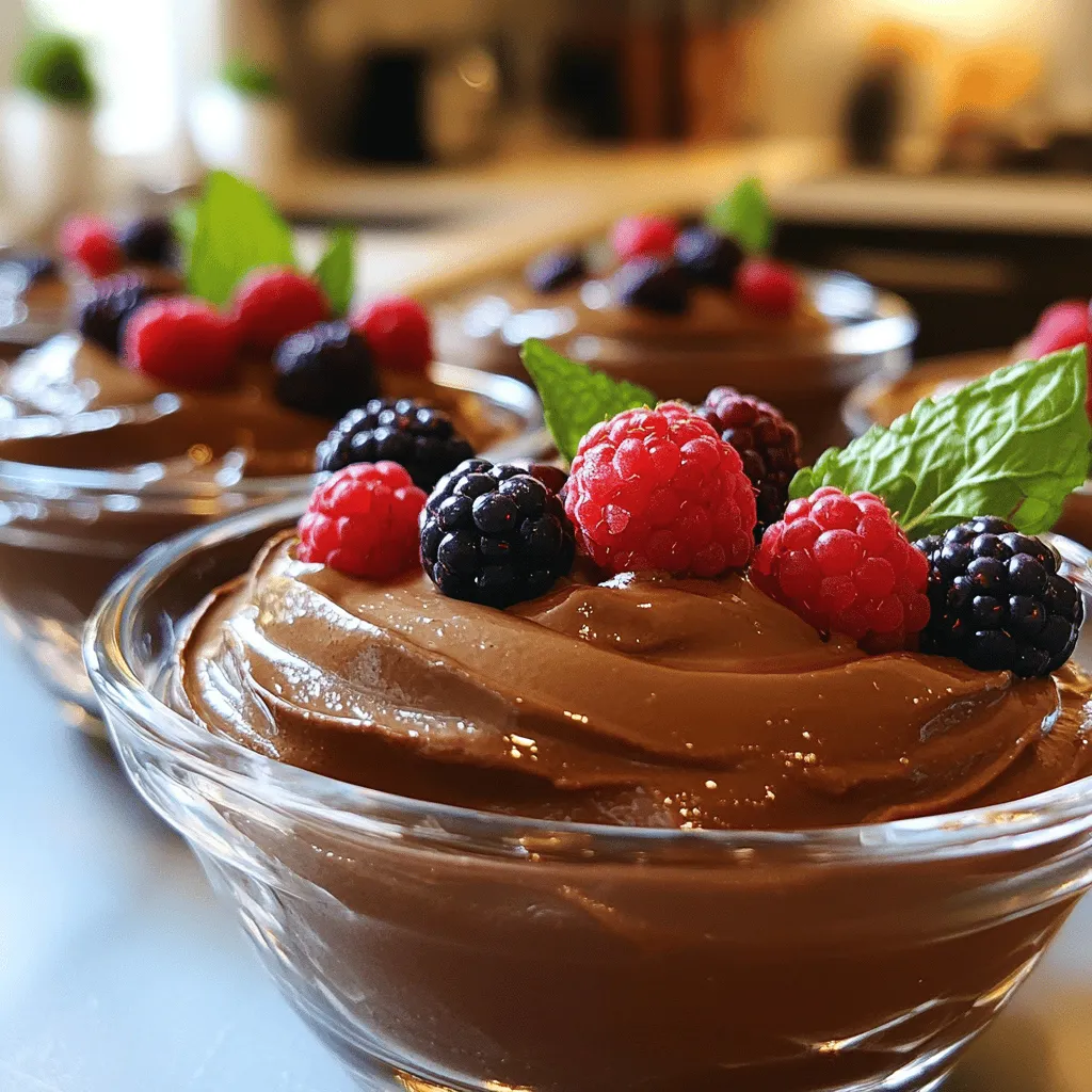- Ripe avocados - Unsweetened cocoa powder - Maple syrup (or honey) The key to this mousse lies in using ripe avocados. They add creaminess and healthy fats. I usually look for avocados that yield slightly when pressed. This means they are ripe and ready to blend. Unsweetened cocoa powder gives the mousse its rich chocolate flavor. I choose high-quality cocoa for the best taste. Maple syrup or honey serves as a natural sweetener. You can adjust the amount based on your taste preference. - Fresh berries - Mint leaves Garnishing your mousse makes it visually appealing and adds fresh flavors. I love using fresh berries like raspberries or strawberries. They add a burst of color and a tangy kick. Mint leaves are another great option. They provide a refreshing touch that pairs well with chocolate. - Plant-based milk options - Sweetener alternatives You can easily customize this mousse. If you're vegan or lactose intolerant, use plant-based milk like almond or coconut milk. This keeps the mousse creamy without dairy. For sweetener alternatives, try agave syrup or stevia. These options make it easy to suit your dietary needs. To start, prepare your avocados. Take two ripe avocados and cut them in half. Remove the pit and scoop the green flesh into your food processor. Ripe avocados should feel soft when you press them gently. This soft texture will help create a creamy mousse. Next, combine your ingredients in the processor. Add 1/2 cup of unsweetened cocoa powder, 1/2 cup of maple syrup (or honey), 1/4 cup of almond milk, 1 teaspoon of vanilla extract, and a pinch of sea salt. These ingredients will blend well with the avocado to create a rich mousse. Now, blend the mixture until it is smooth and creamy. This step is key for a great texture. Stop occasionally to scrape down the sides of the bowl. This ensures all the ingredients mix well. Once you reach a silky consistency, taste the mousse. If you want it sweeter, add more maple syrup or honey. After blending, transfer the mousse into serving bowls or cups. Chill in the refrigerator for at least 30 minutes. This allows the flavors to meld and helps the mousse firm up slightly. Before serving, garnish with fresh berries and mint leaves. This adds a nice touch and extra flavor. Now, you have a delicious Chocolate Avocado Mousse ready to enjoy! For the complete guide, check the Full Recipe. - Choosing the right avocados Start with ripe avocados. They should feel soft but not mushy. A perfect avocado makes the mousse creamy and rich. If they are too hard, let them ripen. Place them in a paper bag to speed up the process. - Adjusting sweetness to taste Taste your mousse after blending. You can use maple syrup or honey. If you like it sweeter, add more. Remember, you control the flavor. - Pairings with other desserts Serve your mousse with fresh fruit or cookies. It goes well with berries or a light cake. These pairings add texture and flavor. - Creative presentation ideas Use clear cups or bowls to show off the mousse. Top it with berries and mint leaves for a pop of color. You can even layer it with yogurt for extra beauty. - Over-blending the mixture Blend just until smooth. If you blend too long, the mousse can become too thin. Stop when it’s creamy and fluffy. - Skipping the chilling step Always chill your mousse for at least 30 minutes. Chilling helps the flavors mix and firm up the mousse. Don’t skip this step for the best taste. For the full recipe, check out the [Full Recipe]. {{image_2}} You can make this mousse vegan with easy swaps. If you want a sweetener, use agave nectar or coconut sugar. Both work well and keep the mousse plant-based. For a dairy-free option, stick with almond milk or another plant-based milk. The mousse will still be rich and creamy. To boost nutrition, you can add superfoods. Try mixing in chia seeds or hemp seeds. They add protein and fiber without changing the taste. If you're watching your sugar intake, reduce added sugars. You can use less maple syrup or opt for a sugar-free sweetener. This way, you enjoy a treat that fits your health goals. Want to spice things up? Add a dash of cinnamon or nutmeg. These spices enhance the chocolate flavor and add warmth. You can also infuse it with coffee or almond extracts. Just a few drops can elevate the mousse to a new level of yum. These tweaks make the mousse even more delightful and fun to eat. For the Full Recipe, check out the detailed instructions to create this delicious dessert. To keep your mousse fresh, store it in an airtight container. This prevents air from getting in and keeps it creamy. Place the container in the fridge right after making it. The mousse will stay fresh for about two to three days. If you want to save some for later, freezing works well. First, pack the mousse in an airtight container or freezer bag. Make sure to remove as much air as possible. You can freeze it for up to a month. When you're ready to enjoy it, thaw it overnight in the fridge. After freezing, the texture may change. To fix this, blend it again for a smooth finish. You can add a splash of almond milk if needed. This helps restore its creaminess. The flavor should still be rich and delightful. Enjoy your mousse just as you would fresh! For the complete recipe, check out [Full Recipe]. Yes, you can make this mousse ahead of time. It stays fresh in the fridge for about three days. Just store it in an airtight container to keep it from browning. The flavors will blend well if you let it rest overnight. Absolutely! This mousse is great for kids. It has healthy fats from avocados and is lower in sugar than many desserts. It’s creamy and rich, which makes it a fun treat. Plus, it’s easy to make and can be a great way to get kids involved in the kitchen. You can easily adjust the sweetness while mixing. If you want it sweeter, add more maple syrup or honey. Taste as you go to find the right balance. If you prefer it less sweet, reduce the amount of sweetener. This mousse is flexible, so you can customize it to your liking. Yes, you can use non-dairy options in this mousse. Instead of almond milk, try coconut milk or oat milk. For the sweetener, agave syrup works well too. These options keep the mousse creamy without using any dairy. Enjoy exploring different flavors! You learned how to make a delicious Chocolate Avocado Mousse. We covered key ingredients like ripe avocados and cocoa powder. You saw preparation steps and tips for the best texture. Variations let you be creative, from vegan options to healthy add-ins. Remember to chill the mousse for the best taste. With these ideas, you can enjoy a tasty dessert that’s also good for you. Enjoy experimenting and making this mousse your own!