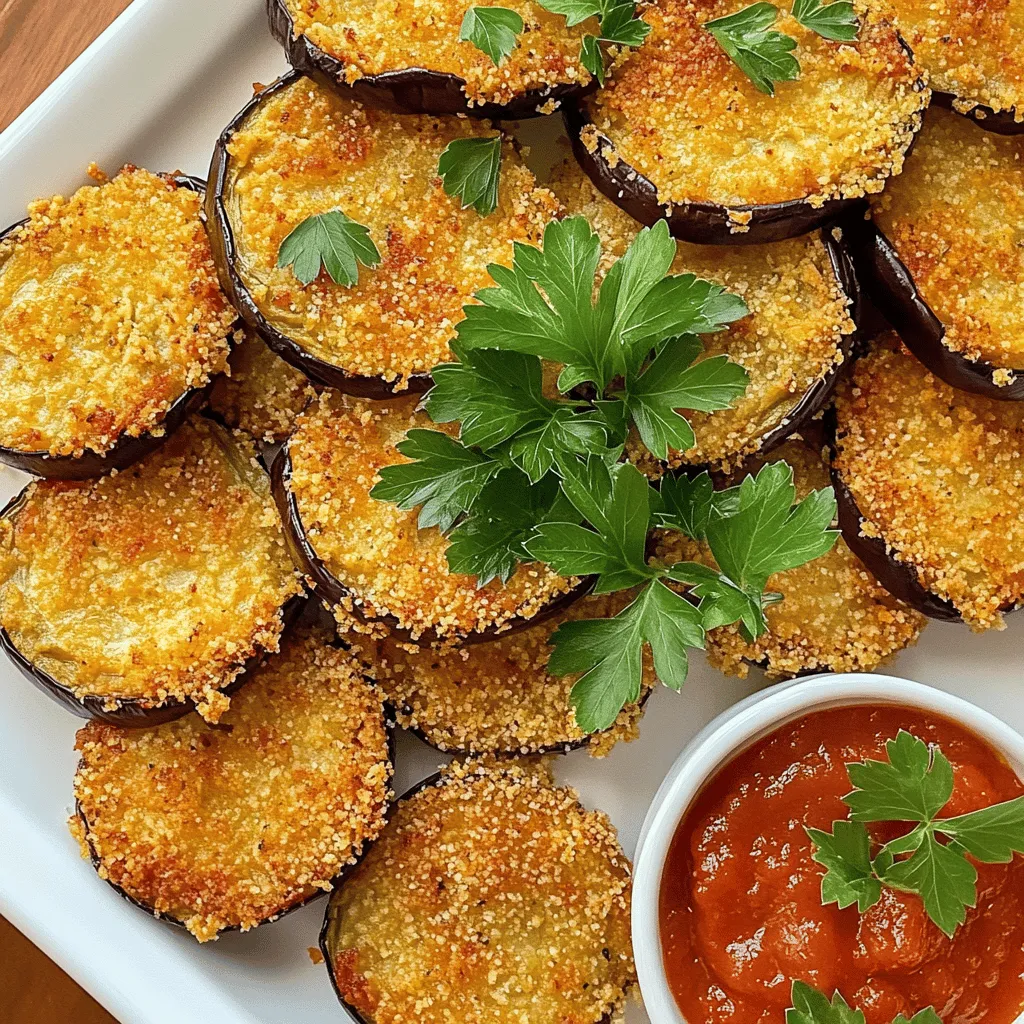 To make crispy baked eggplant slices, gather these key items: - 2 medium eggplants, sliced into 1/4-inch rounds - 1 cup breadcrumbs (panko for extra crunch) - 1/2 cup grated Parmesan cheese (or nutritional yeast for a vegan option) - 1 teaspoon garlic powder - 1 teaspoon onion powder - 1/2 teaspoon smoked paprika - Salt and pepper to taste - 3 eggs, beaten (or flaxseed meal mixed with water for a vegan substitute) - 1/4 cup fresh parsley, chopped (for garnish) - Olive oil spray or 2 tablespoons olive oil You can enhance the taste with these extras: - Fresh basil or oregano for a herbaceous touch - A squeeze of lemon juice for brightness - Chili flakes for a spicy kick - Grated lemon zest for a citrus twist Need alternatives? Here are some great swaps: - Use gluten-free breadcrumbs for a gluten-free dish. - Replace Parmesan cheese with a vegan cheese option. - Swap eggs with a flaxseed meal mix or unsweetened applesauce for a plant-based option. - Try using almond flour or ground oats if you want a different coating. These options help you adapt the recipe to fit your needs. For the full recipe, check out the detailed steps! - Preheating the Oven: Start by preheating your oven to 425°F (220°C). This high heat helps to make the eggplant slices crispy. Line a baking sheet with parchment paper for easy cleanup. - Salting the Eggplant: Slice your eggplants into 1/4-inch rounds. Lay them out on a clean kitchen towel or paper towels. Sprinkle salt over them and let them sit for 20-30 minutes. This step draws out moisture and bitterness, enhancing the flavor. After waiting, rinse the slices and pat them dry with a towel. - Preparing the Coating: In a shallow bowl, mix together 1 cup of breadcrumbs, 1/2 cup of grated Parmesan cheese (or nutritional yeast for a vegan option), 1 teaspoon garlic powder, 1 teaspoon onion powder, 1/2 teaspoon smoked paprika, and some salt and pepper. This mix will give your eggplant a tasty crust. - Egg Wash or Vegan Substitute: In another bowl, beat 3 eggs until smooth. If you prefer a vegan option, mix 1 tablespoon of flaxseed meal with 3 tablespoons of water and let it sit until it thickens. - Dipping Technique: Take each eggplant slice and dip it into the egg wash first. Let any extra drip off before placing it in the breadcrumb mixture. Gently press the breadcrumbs onto the eggplant to ensure an even coat. Place each coated slice on the prepared baking sheet. - Placement on Baking Sheet: Arrange the coated eggplant slices in a single layer on the baking sheet. Make sure they do not touch each other. This helps them crisp up evenly. - Cooking Time and Monitoring: Lightly spray the tops of the slices with olive oil or drizzle them with olive oil. Bake in the oven for about 25-30 minutes. Flip the slices halfway through to ensure they cook evenly. Keep an eye on them until they turn golden brown and crispy. If you want to dive deeper into making this dish, check the Full Recipe for all the details! To achieve that perfect crunch, I always use panko breadcrumbs. Panko is lighter and airier than regular breadcrumbs. This makes your eggplant slices crispier. You can find panko in most grocery stores. Salting the eggplant is key too. This process draws out moisture and bitterness. Sprinkle salt on the slices and let them sit for 20 to 30 minutes. Then rinse and pat them dry. This makes a big difference in taste and texture. A common mistake is overcrowding the baking sheet. If you place too many slices close together, they can steam instead of bake. Leave space between each slice. This helps them crisp up nicely. Another mistake is not preheating the oven properly. Always preheat your oven to 425°F (220°C) before baking. This ensures even cooking and browning. A hot oven makes all the difference. To make your crispy baked eggplant slices even better, consider garnishing them. Fresh herbs like parsley or basil add color and flavor. You can also serve them with dips. Marinara sauce and tzatziki work great. They add a tasty contrast to the crispy eggplant. For more delicious ideas, check out the Full Recipe. {{image_2}} You can easily change the flavor of your crispy baked eggplant slices. Adding chili flakes brings some heat. Just sprinkle them on before baking. Experiment with different spice mixes, too. Try Italian seasoning for a herby twist. Cajun spices add a fun kick. Each variation offers a unique taste. You can make the dish your own. The choice of cheese makes a big difference. Classic Parmesan adds a savory flavor. If you prefer vegan options, use nutritional yeast. It gives a cheesy taste without dairy. You can also add other vegetables to your eggplant. Sliced zucchini and bell peppers work great. They add color and flavor. Mixing different veggies makes the dish more exciting. Crispy baked eggplant slices work well as an appetizer or a main dish. Serve them as finger food at parties. They pair nicely with marinara or tzatziki for dipping. For a heartier meal, add sides like a fresh salad or roasted veggies. This makes a complete meal that everyone will enjoy. Explore the full recipe for more ideas and tips. After making crispy baked eggplant slices, let them cool completely. Place them in an airtight container. They stay fresh for up to three days. Keep them in the fridge to maintain flavor and texture. If you want to save some slices for later, freezing works well. Layer parchment paper between slices in a freezer-safe container. Freeze them for up to two months. Just remember to label the container with the date. For the best results, use the oven to reheat your eggplant slices. Preheat the oven to 375°F (190°C). Bake them for about 10-15 minutes. This method helps retain their crispiness. The microwave can make them soggy, so it’s not the best choice. To keep your eggplant slices crispy, avoid covering them while reheating. Place them on a baking sheet in a single layer. A dash of olive oil before reheating can also help revive their crunch. Try these tips to enjoy your crispy baked eggplant slices just like when they were fresh! For the full recipe, check out the earlier section. To make eggplant less bitter, salt it before cooking. Slice the eggplant and sprinkle salt on both sides. Let it sit on a towel for about 20–30 minutes. This process draws out moisture and bitterness. Afterward, rinse the slices and pat them dry. This step improves the taste and texture of your crispy baked eggplant slices. Yes, you can use other vegetables! Zucchini, squash, or even mushrooms work well. Just slice them evenly to cook properly. You can follow the same coating and baking steps for these vegetables. Experimenting with different veggies adds variety to your meals. I love serving crispy baked eggplant slices warm. They are great as an appetizer or snack. Pair them with marinara sauce or tzatziki for dipping. You can also serve them on a salad or as a side dish. They look lovely on a platter with fresh herbs and lemon wedges for garnish. To make this recipe gluten-free, use gluten-free breadcrumbs. Many brands offer tasty options similar to regular breadcrumbs. You can also use crushed gluten-free crackers or ground nuts as a substitute. Just make sure to check labels to avoid gluten in other ingredients, like spices. Enjoy your crispy baked eggplant slices without worry! For the full recipe, check the detailed instructions above. In this article, we covered all the key ingredients for crispy baked eggplant, including options for vegan and gluten-free diets. We walked through each step, from preparing the eggplant to baking it for that perfect crispiness. You learned tips to avoid common mistakes and explored tasty variations to elevate your dish. With simple storage and reheating advice, you can enjoy this snack anytime. Embrace the joy of cooking with eggplant; it’s fun and delicious!