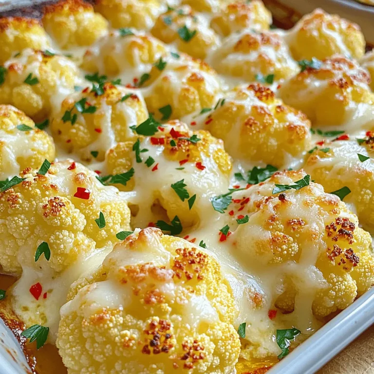 - 1 large head of cauliflower, cut into florets - 4 cloves of garlic, minced - 1/2 cup grated Parmesan cheese - 1 teaspoon Italian seasoning - 1/2 teaspoon red pepper flakes - Fresh parsley for garnish - Olive oil - Salt and pepper I love using fresh cauliflower for this dish. It gives a great bite and texture. Garlic brings a nice kick, and Parmesan adds rich flavor. You can also add Italian seasoning and red pepper flakes if you want more zest. Using olive oil is key. It helps the cauliflower roast well and enhances the taste. Salt and pepper are simple but make a big difference. For the best results, try to stick to these ingredients. You can find the full recipe above. It’s simple and full of flavor! - Preheat your oven to 425°F (220°C). - Cut the cauliflower into florets. Make sure they are even for cooking. - In a large bowl, mix the cauliflower florets with olive oil, minced garlic, Italian seasoning, red pepper flakes, salt, and black pepper. Toss until each floret is coated well. - Spread the cauliflower in a single layer on a baking sheet. This helps them roast evenly. - After 20 minutes, take the baking sheet out. Sprinkle the grated Parmesan cheese over the cauliflower. - Put the baking sheet back in the oven. Roast for another 10-15 minutes until golden and crisp-tender. The cheese should be melted and bubbly. - Once done, let it cool for a bit. Garnish with chopped fresh parsley before serving. Enjoy this easy and delicious dish! For more details, check the Full Recipe. - How to achieve maximum crispiness To make your cauliflower super crispy, use a large baking sheet. Space the florets out. This helps air circulate. You can also toss the florets in olive oil until they shine. A hot oven at 425°F (220°C) is key. For extra crunch, roast them longer, but keep an eye on them. - Ensuring even roasting To ensure even roasting, cut the florets into similar sizes. This helps them cook at the same rate. Toss them well with the oil and seasonings. Flip them halfway through cooking. This way, all sides get nice and brown. - Other seasonings to try While garlic and Parmesan are great, feel free to mix it up! Add smoked paprika for a smoky flavor. Cumin can add warmth. You might also try fresh herbs like thyme or rosemary. These options can give your dish a new twist. - Pairing recommendations Garlic Parmesan roasted cauliflower pairs well with many dishes. Try it with grilled chicken or fish. It also works great alongside pasta. Serve it as a side for steak or as a main dish with a salad for a light meal. - Recommended baking sheets Use a heavy-duty baking sheet for best results. Darker sheets can help with browning. If you have a non-stick sheet, that’s even better. Just remember to spread the cauliflower evenly. - Use of convection oven for better results If you have a convection oven, use it! The fan circulates hot air, which helps achieve the perfect roast. This means faster cooking and better browning. Just reduce the cooking time by about 10%. {{image_2}} To make Garlic Parmesan Roasted Cauliflower more fun, you can swap some ingredients. If you want a vegan dish, use nutritional yeast instead of Parmesan cheese. It adds a cheesy taste without dairy. You can also mix in other veggies. Try Brussels sprouts, broccoli, or carrots. Each will bring new flavors and colors to your plate. Want to spice things up? Add more red pepper flakes for a kick. If you enjoy fresh herbs, toss in some chopped rosemary or thyme. They will give your dish a nice, earthy taste. You can even mix different herbs together for a unique flavor blend. This roasted cauliflower pairs perfectly with many main dishes. You can serve it alongside grilled chicken or fish. It also works well with pasta for a hearty meal. If you need a snack or appetizer, serve it with a tasty dip like hummus or ranch. You can even put it on a platter with other veggies for a colorful display. Check out the full recipe to explore more ideas. To store leftover Garlic Parmesan Roasted Cauliflower, place it in an airtight container. This helps keep it fresh. It will last about 3 to 5 days in the fridge. Just make sure it cools down before sealing the container. You can freeze Garlic Parmesan Roasted Cauliflower for later enjoyment. First, let it cool completely. Then, place it in a freezer-safe bag or container. Make sure to remove as much air as possible. It can stay good in the freezer for up to 3 months. When you're ready to eat it, thaw it in the fridge overnight. Reheat it in the oven at 350°F (175°C) for about 15 minutes. This helps keep it crispy. Incorporate Garlic Parmesan Roasted Cauliflower into your meal prep. It works well as a side dish for lunch or dinner. You can also add it to salads or grain bowls for extra flavor. Try mixing it with pasta for a delicious meal. The options are endless! For the full recipe, check out the link. Roast the cauliflower for 20 minutes at 425°F. After that, add the Parmesan cheese. Then, roast for another 10 to 15 minutes. You want it golden and crisp-tender. Yes, you can prepare the cauliflower ahead of time. Cut the florets and mix with oil and seasonings. Store in the fridge for up to 24 hours. When ready to cook, just roast as directed. This saves time and makes dinner easy! You can use other cheeses like Pecorino Romano or nutritional yeast for a vegan option. Both add great flavor. If you want a milder taste, try mozzarella. Each choice gives a unique twist to the dish! In this blog post, we covered the essentials for making Garlic Parmesan Roasted Cauliflower. We discussed key ingredients, step-by-step instructions, and tips for the best texture and flavor. You can explore variations and storage tips to make your dish last longer. Cooking should be fun and easy. Try different seasonings or vegetables and make this dish your own. Embrace creativity in the kitchen, and enjoy sharing your tasty results with others. Start roasting today for a delicious treat!