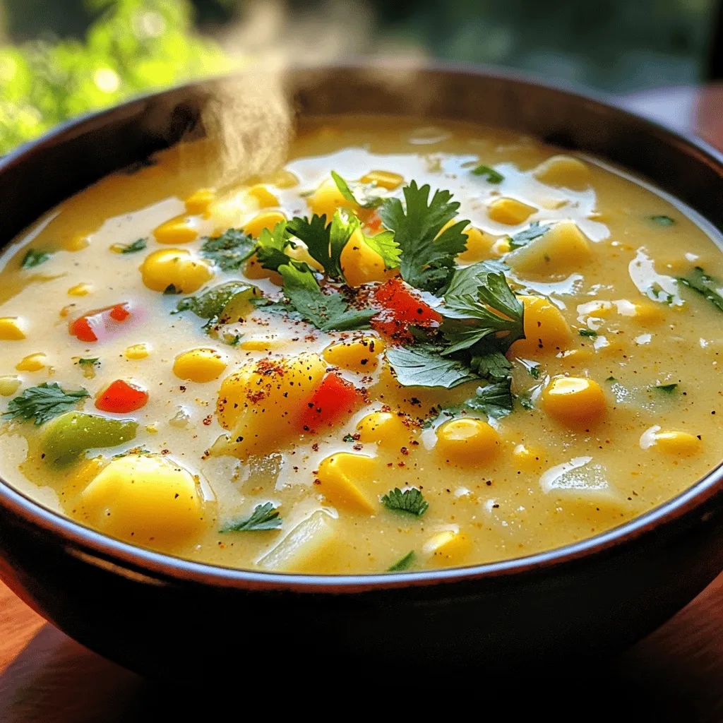 To make this creamy Cajun corn chowder, gather these ingredients: - 4 cups fresh corn kernels (or frozen if not in season) - 1 medium onion, diced - 2 cloves garlic, minced - 1 red bell pepper, diced - 1 green bell pepper, diced - 2 medium Yukon gold potatoes, peeled and diced - 4 cups vegetable broth - 1 cup heavy cream or coconut milk - 2 tablespoons Cajun seasoning - 2 tablespoons olive oil - Salt and pepper to taste - Fresh cilantro or parsley for garnish You can easily swap some ingredients if needed. Here are a few ideas: - Use yellow potatoes instead of Yukon gold for a different taste. - Swap heavy cream for evaporated milk to cut calories. - Replace vegetable broth with chicken broth for added flavor. - Try different peppers, like jalapeños, for extra heat. To keep your chowder fresh and tasty, follow these tips: - If using fresh corn, choose ears that feel firm and heavy. - Store fresh vegetables in the fridge, in a paper bag. - Use your chowder within a few days for the best taste. - If freezing, leave out the cream until ready to serve. For the full recipe, check out the details above and enjoy every bite! To make the creamy Cajun corn chowder, start by heating olive oil in a large pot over medium heat. Add the diced onion and sauté it for about 3 to 4 minutes. You want it to turn soft and clear. Next, add the minced garlic and cook it for one more minute. This helps bring out that lovely garlic smell. Now, toss in the diced red and green bell peppers. Cook these for about 5 minutes, which will make them tender. Once they are soft, mix in the diced Yukon gold potatoes and corn. Stir everything well to combine. Pour in the vegetable broth and bring the mixture to a simmer. Cover the pot and let it cook for around 15 minutes. You want the potatoes to be nice and tender. After that, stir in the Cajun seasoning. This adds a kick to the chowder. Next, reduce the heat and add the heavy cream or coconut milk. Stir everything together and let it warm for another 5 minutes. For a creamy texture, blend about half of the chowder using a blender or immersion blender. This keeps some chunks for that hearty feel. Finally, taste the chowder and adjust the seasoning with salt and pepper as needed. Serve it hot and garnish with fresh cilantro or parsley to make it look pretty. - Large pot - Wooden spoon or spatula - Knife and cutting board - Blender or immersion blender - Measuring cups and spoons - Prep Time: 15 minutes - Cooking Time: 25 minutes - Total Time: 40 minutes - Servings: 6 For the full recipe, check back to ensure you have all the steps right for this comforting dish! When making creamy Cajun corn chowder, avoid these common errors: - Skipping the sauté: Don’t skip sautéing the onion and garlic. This step adds great flavor. - Overcooking the potatoes: If you cook the potatoes too long, they will turn mushy. - Not blending enough: Blend some of the chowder for creaminess, but keep some chunks for texture. To make the best chowder, follow these tips: - Use fresh corn: Fresh corn brings a sweet and bright flavor. If it’s out of season, frozen corn is a good choice. - Balance the spices: Taste as you go. Adjust the seasoning to fit your taste. If you like it spicy, add more Cajun seasoning. - Add cream slowly: Pour in the cream at the end to keep it rich and smooth. Serve your chowder in bowls and top with fresh cilantro or parsley. Here are some ideas to enhance your meal: - Pair with bread: Serve with warm, crusty bread for a comforting touch. - Add protein: Consider adding shrimp or chicken for extra protein. - Garnish creatively: Use a swirl of cream or a sprinkle of extra Cajun seasoning on top before serving. Check out the Full Recipe to get all the details and unleash your culinary skills! {{image_2}} You can make this chowder lighter without losing its flavor. Swap heavy cream for coconut milk to cut calories and fat. Use vegetable broth instead of chicken broth. Add more veggies like zucchini or carrots for extra nutrients. These swaps keep the chowder tasty and healthy. Feel free to mix it up! You can replace Yukon gold potatoes with sweet potatoes for a twist. Try using different bell peppers, like yellow or orange, to change the taste. If you like spice, add diced jalapeños or a pinch of cayenne. These simple swaps create new flavor profiles while keeping the dish familiar. Change the chowder based on the seasons. In summer, use fresh corn for the sweetest flavor. In fall, add butternut squash for a cozy touch. In winter, throw in some hearty greens like kale for color and nutrition. These seasonal tweaks keep your chowder exciting and fresh. For the full recipe, check out the Creamy Cajun Corn Chowder guide! After making Creamy Cajun Corn Chowder, you may have some left. Store leftovers in an airtight container. Let the chowder cool down before sealing it. This helps keep the flavors fresh and tasty. Place the container in the fridge. It will last up to three days. If you want to keep it longer, consider freezing it. To freeze your chowder, follow these steps. Use freezer-safe containers or bags. Make sure to leave some space for the soup to expand. Label your containers with the date. This way, you know how long it’s been stored. The chowder will stay good for about three months in the freezer. When you are ready to use it, thaw in the fridge overnight. Reheating chowder is easy. You can use the stove or microwave. If using the stove, pour the chowder into a pot. Heat it slowly over medium heat. Stir often to avoid burning. If using a microwave, transfer the chowder to a microwave-safe bowl. Heat for 1-2 minutes. Stir and check if it’s warm enough. If not, heat in short bursts until it reaches your desired temperature. Enjoy your creamy comfort food! Cajun seasoning is a mix of spices from Louisiana. It adds a bold, spicy flavor to dishes. Common ingredients include paprika, cayenne, garlic powder, and onion powder. You can buy it or make your own. Just mix equal parts of these spices for a tasty blend. This seasoning brings warmth and zest to your creamy Cajun corn chowder, making it comforting and exciting. Yes, you can easily make this chowder vegetarian. Just swap the heavy cream for coconut milk or a plant-based cream. Use vegetable broth instead of any meat broth. All the other ingredients, like corn and peppers, are already vegetarian. This way, you keep the rich flavor without meat. You won’t lose any of the comfort that this chowder brings. To thicken your chowder, you have several options. You can blend part of the soup to create a creamy texture. Another way is to add a slurry of cornstarch and water. Mix one tablespoon of cornstarch with two tablespoons of cold water, then stir it into the chowder. Let it simmer for a few minutes. For an even thicker option, add more diced potatoes and let them cook down. These tips will give your chowder the perfect thickness. For the full recipe, check out the instructions above. In this post, we covered key ingredients for chowder and how to use them. You learned about ingredient swaps and tips for freshness. We also shared step-by-step cooking instructions and tools you need. I highlighted common mistakes and ways to perfect your chowder. Plus, you discovered healthy variations and best storage practices. Enjoy making chowder your way! With these tips, you can create a dish everyone loves. Happy cooking!