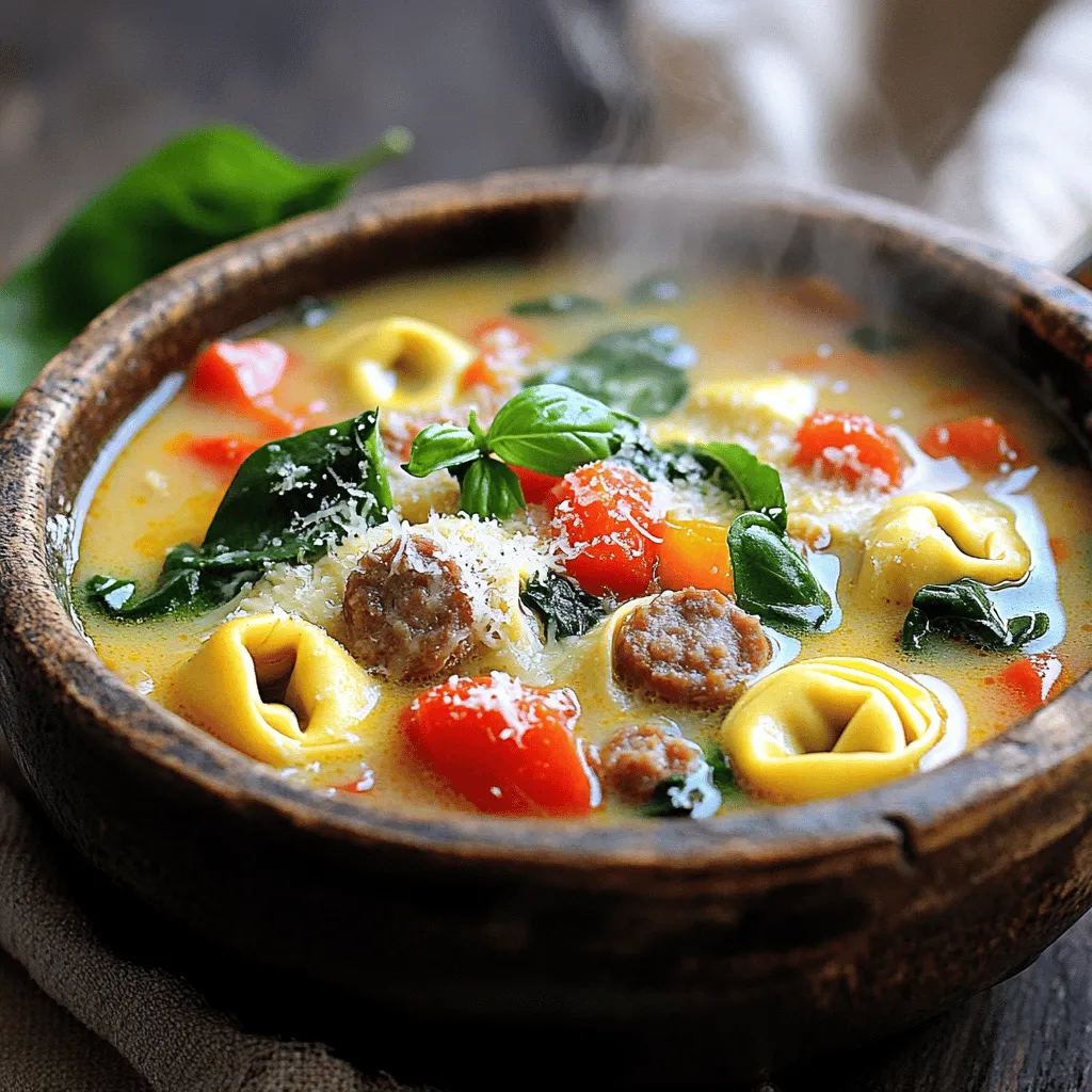 To make this creamy Italian sausage tortellini soup, you will need: - 1 pound Italian sausage (mild or spicy, casings removed) - 1 medium onion, diced - 3 cloves garlic, minced - 4 cups low-sodium chicken broth - 2 cups diced tomatoes (canned or fresh) - 1 cup heavy cream - 2 cups fresh spinach leaves - 1 package (9 oz) refrigerated cheese tortellini - 1 teaspoon Italian seasoning - ½ teaspoon red pepper flakes (optional for extra heat) - Salt and pepper to taste - Fresh basil, chopped (for garnish) - Grated Parmesan cheese (for serving) These ingredients create a rich and filling soup. The Italian sausage gives it a savory base. The tortellini makes it hearty. The cream adds a smooth finish. Fresh spinach adds color and nutrition. To take your soup to the next level, consider these optional ingredients: - A splash of white wine for depth - Fresh herbs like thyme or oregano - Chopped bell peppers for sweetness - A squeeze of lemon juice for brightness Adding these can enhance the flavor and make the soup even more exciting. Serve this soup with: - Crusty bread for dipping - A simple green salad for freshness - Garlic bread for extra flavor These sides will complement the creamy soup well. They also make for a complete meal. Enjoy your cooking and the delicious results! Start by cooking the Italian sausage in a large skillet over medium heat. Remove the casings before adding the sausage to the pan. Cook it until it turns brown. Use a spatula to break it apart as it cooks. Once it is browned, drain any fat from the pan. This step ensures your soup stays creamy and not greasy. Transfer the cooked sausage to your slow cooker. Next, add the diced onion and minced garlic to the slow cooker with the sausage. Pour in 4 cups of low-sodium chicken broth and 2 cups of diced tomatoes. Stir everything together to mix. Add 1 teaspoon of Italian seasoning, and if you like some heat, toss in ½ teaspoon of red pepper flakes. Season with salt and pepper to taste. Cover the slow cooker and set it to low for 6-7 hours or high for 3-4 hours. About 30 minutes before the soup is done, stir in 1 cup of heavy cream and 2 cups of fresh spinach. Add 1 package of refrigerated cheese tortellini, making sure they are submerged in the broth. Cover the slow cooker again and cook on high for the last 30 minutes. This step allows the tortellini to become tender. Before serving, taste the soup and adjust the seasonings as needed. Enjoy this creamy, flavorful dish! To get the best from your slow cooker, follow these tips: - Layer your ingredients: Start with sausage, then add onions and garlic. This helps build flavor. - Don’t peek: Each time you open the lid, you lose heat. Keep it closed! - Use low heat: Cooking on low for 6-7 hours gives the best taste and texture. Here are ways to make your soup even better: - Choose quality sausage: Use fresh, high-quality Italian sausage for a richer taste. - Add herbs: Fresh basil or thyme can boost the flavor profile greatly. - Creaminess: Stir in the heavy cream just before serving to keep it rich and smooth. Make your soup look as good as it tastes: - Garnish wisely: Top each bowl with fresh basil and Parmesan for color and flavor. - Serve with bread: Crusty bread not only looks great but is perfect for dipping. - Use nice bowls: Presenting your soup in beautiful bowls can make the meal feel special. {{image_2}} You can swap out the Italian sausage for ground turkey or chicken. This change keeps the dish light while still packing flavor. If you want a meatless option, use mushrooms for a hearty texture. You can also replace heavy cream with half-and-half or coconut milk for a lighter soup. To make this soup vegan, leave out the sausage and cream. Use vegetable broth instead of chicken broth. Replace tortellini with plant-based pasta. You can add more veggies like carrots or bell peppers. Spinach adds great color and nutrition, so don’t skip it! If you love spice, increase the red pepper flakes. You can also add diced jalapeños or a splash of hot sauce. Another idea is to stir in some crushed red pepper right before serving. This will give your soup a nice kick that warms you up on cold days. To keep your Slow Cooker Creamy Italian Sausage Tortellini Soup fresh, store it in a sealed container. Let it cool to room temperature before covering. This prevents moisture build-up, which can lead to spoilage. You can keep it in the fridge for up to three days. For best results, use glass or BPA-free plastic containers. When you are ready to enjoy leftovers, reheat the soup gently. Pour it into a pot over medium heat. Stir often to ensure even heating. This helps maintain the creamy texture. If the soup thickens, add a splash of chicken broth or water. You can also microwave it in a safe bowl. Heat in short intervals, stirring in between. If you want to save some soup for later, freezing is a great option. First, let it cool completely. Then, pour it into freezer-safe containers, leaving some space for expansion. Seal tightly and label with the date. You can freeze the soup for up to three months. To thaw, place it in the fridge overnight. Reheat as mentioned for the best taste. To make this soup, start by cooking 1 pound of Italian sausage in a skillet. Brown it well and then drain any fat. Next, transfer the sausage to your slow cooker. Add 1 diced onion and 3 minced garlic cloves. Pour in 4 cups of low-sodium chicken broth and 2 cups of diced tomatoes. Mix in 1 teaspoon of Italian seasoning, salt, and pepper to taste. Cook on low for 6-7 hours or high for 3-4 hours. About 30 minutes before serving, stir in 1 cup of heavy cream, 2 cups of fresh spinach, and 1 package of refrigerated cheese tortellini. Cook for another 30 minutes until the tortellini are tender. Yes, you can use frozen tortellini in this recipe. Just add them in the last 30 minutes of cooking. Frozen tortellini might need a few extra minutes to cook. Check them before serving to ensure they are tender. If you want to make a larger batch, increase the ingredients proportionally. This means adding more sausage, broth, and tortellini. Cooking time may stay the same, but check for doneness. Always taste before serving to make sure flavors are right. This soup pairs well with crusty bread for dipping. You can also serve a fresh salad on the side. Garlic bread is another great option. These sides balance the creamy soup and make a full meal. This guide covers everything you need for a delicious slow cooker soup. I shared key ingredients and how to prepare and cook them. You learned tips to enhance flavor and how to store leftovers. You can explore variations and even try vegan options. Enjoy making your soup, and don’t be afraid to get creative! With these steps, your slow cooker will be a hit. Happy cooking!