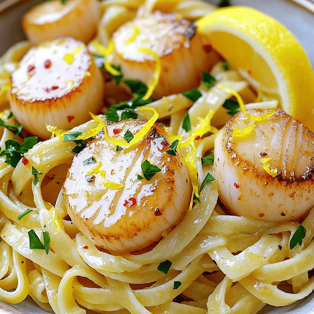 - 8 ounces linguine pasta - 1 pound sea scallops, patted dry - 4 tablespoons unsalted butter - 4 cloves garlic, minced - 1 lemon, zested and juiced - 1 teaspoon red pepper flakes (adjust to taste) - Salt and black pepper to taste - 1/4 cup fresh parsley, chopped - Grated Parmesan cheese for serving (optional) The main ingredients create a rich base for this dish. The linguine pasta provides a perfect backdrop for the sweet scallops. Using high-quality sea scallops ensures a tender bite. The unsalted butter adds a creamy texture, while garlic infuses the dish with warmth. The flavor enhancers bring brightness to the plate. Fresh lemon zest and juice brighten the dish, making it taste fresh. Red pepper flakes add a kick that you can adjust based on your spice level. Don’t forget to salt and pepper to taste; this step is key for balanced flavors. Garnishing ingredients elevate the dish. Fresh parsley adds a pop of color and freshness. If you love cheese, sprinkle some grated Parmesan on top for added richness. Enjoying your Lemon Garlic Butter Scallop Linguine is all about balancing flavors and textures. - Cook the linguine in salted boiling water until al dente. This usually takes about 8-10 minutes. - Reserve 1/2 cup of pasta water before draining the linguine. This starchy water helps the sauce stick. - Heat 2 tablespoons of butter in a large skillet over medium-high heat. - Season the scallops with salt and black pepper. - Once the butter melts and bubbles, add the scallops. Make sure not to crowd them. - Sear the scallops for about 2-3 minutes on each side. They should be golden brown. Remove them from the skillet and set aside. - In the same skillet, add the remaining 2 tablespoons of butter. - Sauté 4 cloves of minced garlic and 1 teaspoon of red pepper flakes for about 30 seconds. You want them fragrant but not burnt. - Add the lemon juice and zest, stirring well to combine. - If the sauce gets too thick, gradually add the reserved pasta water until it reaches the right consistency. - Toss the cooked linguine into the skillet, letting it soak up the lemon garlic butter sauce. - Add the scallops back to the skillet and mix everything gently. - Look for fresh or frozen, dry-packed scallops. - Choose scallops with a sweet, briny smell. Selecting good scallops is key to your dish. Fresh scallops have a clean scent. Avoid any that smell fishy. Dry-packed scallops are often fresher. They do not have added water, which can dilute flavor. - Ensure scallops are patted dry for a better sear. - Do not overcrowd the skillet during cooking. Patting the scallops dry helps achieve a nice sear. Water on the surface creates steam, which makes them tough. Cook scallops in batches if needed. This way, they get that perfect golden color. - Experiment with additional herbs like basil or thyme. - Adjust red pepper flakes to control heat level. Herbs can take your sauce to new heights. Fresh basil or thyme adds a touch of brightness. If you like heat, add more red pepper flakes. If not, use less for a milder taste. A little adjustment can change the whole dish. {{image_2}} You can switch up the pasta. Try fettuccine or spaghetti instead of linguine. This change keeps the dish fun. If you want a lighter option, use olive oil instead of butter. It still tastes great and brings a healthy twist. For extra flavor, add sun-dried tomatoes or fresh spinach. Both options boost taste and color. They make the dish more exciting. A splash of white wine can add depth to the sauce. It makes everything taste richer and more gourmet. Want a gluten-free meal? Use gluten-free pasta instead. It works well without losing flavor. For a dairy-free version, skip the butter and Parmesan. You can use vegan alternatives that taste just as good. After enjoying your meal, cool the dish completely. This step is key. Store it in an airtight container. Properly stored, it lasts 2-3 days in the fridge. Make sure to label the container with the date. This way, you know how long it’s been there. To reheat, use a skillet. Add a splash of water or broth to help. This keeps everything moist and tasty. Heat gently over medium-low. Avoid overheating to prevent rubbery scallops. Keep an eye on them as they warm up. Freezing scallop linguine isn’t the best choice. The scallops change texture and become rubbery when thawed. If you must freeze, do so only with the pasta and sauce. Leave out the scallops. When you’re ready, just add fresh scallops when you reheat the dish. To check if scallops are cooked right, look for a golden brown color. They should feel firm to the touch. Cook them for about 2-3 minutes on each side. If you see a nice crust, they are likely done. This quick cooking time keeps scallops tender and juicy. You can prep some parts ahead of time, but it’s best fresh. Cook the pasta and scallops just before serving. You can store the sauce and prepped ingredients separately. Mix them together shortly before eating for the best taste and texture. A light salad pairs well with this dish. You could also serve garlic bread for a complete meal. Both options will complement the flavors in the linguine. Adding a refreshing drink can make your meal even better. You now know how to create a delicious lemon garlic butter scallop linguine. We covered the key ingredients, cooking steps, and tips for success. Plus, I shared variations to suit dietary needs and personal tastes. Using fresh scallops and flavor enhancers makes your dish special. Make sure to store leftovers wisely. Follow these steps for a tasty meal you can enjoy and impress others with. Let your kitchen skills shine and savor each bite!