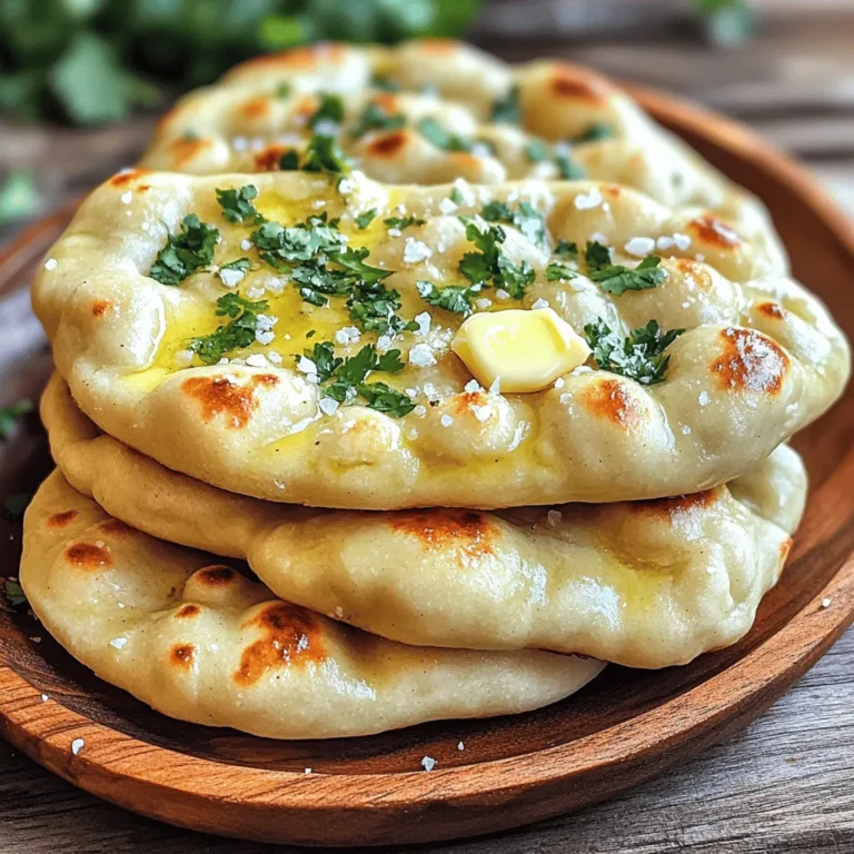 - 2 cups all-purpose flour - 1 teaspoon sugar - 1 teaspoon baking powder - 1/2 teaspoon baking soda - 1 teaspoon salt - 3/4 cup warm water - 1 tablespoon yogurt (plain or Greek) - 2 tablespoons olive oil - 4 cloves garlic, minced - 2 tablespoons melted butter - Fresh cilantro or parsley, for garnish - Alternative flours (whole wheat, gluten-free) - Yogurt alternatives (dairy-free yogurt) - Garlic powder as a substitute for fresh garlic When you make Easy Garlic Naan Bread, gather these ingredients. The main ingredients form the base of the naan. All-purpose flour gives it a soft texture. Sugar, baking powder, and baking soda help it rise. Salt adds flavor. Warm water activates the yeast and brings the dough together. Yogurt adds a touch of creaminess, while olive oil keeps it moist. For flavor, minced garlic is key. It gives the naan that rich garlic taste. Melted butter is essential, too. It not only makes the naan taste great but also helps it brown nicely. Fresh cilantro or parsley adds a pop of color and freshness. You can make this recipe your own. Try whole wheat flour for a healthier twist. Gluten-free flour works well too, if needed. If you don’t have yogurt, use dairy-free yogurt. In a pinch, garlic powder can replace fresh garlic, though fresh gives more flavor. Gather these ingredients, and you'll create a simple yet delicious garlic naan. - In a large bowl, mix together: - 2 cups all-purpose flour - 1 teaspoon sugar - 1 teaspoon baking powder - 1/2 teaspoon baking soda - 1 teaspoon salt - In a separate bowl, combine: - 3/4 cup warm water - 1 tablespoon yogurt - 2 tablespoons olive oil - Slowly pour the wet mix into the dry mix. Stir until a sticky dough forms. - Dust your work surface lightly with flour. Knead the dough for about 5 to 7 minutes. It should feel smooth and elastic. - Place the dough in a greased bowl. Cover it with a damp cloth. Let it rise in a warm spot for about 1 hour or until it doubles in size. - Once the dough has risen, punch it down. Divide it into 6 equal pieces. Roll each piece into a ball. - On a floured surface, roll each ball into an oval shape, about 1/4 inch thick. - Heat a cast-iron skillet over medium-high heat. Brush one side of the naan with melted butter. Sprinkle minced garlic on top. - Place the naan in the hot skillet, garlic side down. Cook for 1 to 2 minutes until bubbles form. Flip and cook for another minute until golden brown. - Remove the naan from the skillet. Brush the other side with more melted butter. Garnish with chopped cilantro or parsley if you like. - Repeat this process with the rest of the dough balls. Enjoy your warm, homemade garlic naan with your favorite dishes! To make great naan, kneading is key. Kneading helps build gluten. Gluten gives naan its chewy texture. When kneading, use your palms and push down hard. Fold the dough and repeat. Do this for 5 to 7 minutes. The dough should feel smooth and elastic. Letting the dough rise is just as important. After kneading, place it in a greased bowl. Cover it with a damp cloth. Place it in a warm area for about an hour. This helps the dough grow and become fluffy. For cooking naan, a cast-iron skillet works best. It holds heat well and gives a nice crust. If you don’t have cast iron, use a non-stick pan. Both options are great for making naan. Adjust the heat as you cook. Start on medium-high heat. If the naan cooks too fast, lower the heat. You want golden brown spots but not burnt edges. Flip the naan when bubbles form. Cook the other side for about a minute. Naan pairs perfectly with curries and sauces. The soft bread soaks up flavors well. Serve it warm on a nice plate. Stack the naan and add a side of your favorite curry. You can also get creative when serving. Try adding a sprinkle of sea salt on top. Garnish with fresh herbs like cilantro or parsley. For a fun touch, add extra minced garlic on top before serving. {{image_2}} You can change up your naan with fun flavors. Adding fresh herbs like rosemary or thyme gives a nice twist. Simply mix these herbs into your dough before rolling it out. You can also make cheese-stuffed naan. Just place your favorite cheese inside the dough before sealing it. Both options bring new taste and excitement to your meal. If you need gluten-free naan, use a gluten-free flour blend. Many blends work well for naan. Just follow the same steps in the recipe. For vegan naan, swap out the yogurt with dairy-free yogurt and use plant-based butter instead. These changes keep the lovely taste while fitting your dietary needs. Toppings can take your naan to the next level. Try infusing your melted butter with herbs or spices. This way, you add a burst of flavor to each bite. You might like spicy garlic naan too. Simply mix minced garlic with chili flakes and sprinkle this on before cooking. These toppings add a fun kick that everyone will enjoy. To store leftover naan, simply wrap it in plastic wrap or foil. Place it in the fridge. This keeps the naan soft for a few days. When you want to eat it, reheat it in a hot skillet for a few minutes. This method helps maintain its flavor and texture. You can also microwave it for about 15-20 seconds. Just be careful not to overheat it, or it will get tough. If you want to save naan for later, freezing works great. Wrap each piece in plastic wrap, then place them in a freezer bag. Make sure to remove as much air as possible. This way, the naan stays fresh for up to three months. When you're ready to enjoy it, take it out and let it thaw in the fridge overnight. You can then reheat it in a skillet or microwave. Properly stored naan can last about three days in the fridge. If frozen, it keeps for three months without losing quality. If naan has gone bad, look for signs like a dry texture or bad smell. Mold is also a clear sign. Always trust your senses when checking food freshness! Naan is a soft, leavened flatbread often made with yogurt. It comes from South Asia and is popular in Indian cuisine. Unlike other flatbreads like pita or tortilla, naan is thicker and fluffier. Pita is pocketed, while naan tends to be more chewy. Naan is often cooked in a tandoor oven, which gives it a unique taste. To make garlic naan soft, focus on a few key steps. First, knead the dough well. This helps develop gluten, which adds structure. Let the dough rise in a warm spot. The longer it rises, the fluffier it will be. Also, use yogurt in your dough. Yogurt adds moisture, making the naan tender and soft. Yes, you can make naan ahead of time. Prepare the dough and let it rise. Once it has risen, shape it into balls and store them in the fridge. When you're ready to eat, just roll them out and cook. For best results, reheat in a skillet, which keeps the naan soft. You can cook naan in the oven as well! Preheat your oven to a high temperature, about 500°F (260°C). Use a baking stone or a baking sheet. Place the rolled naan on the hot surface and cook for about 2-3 minutes. This method gives you slightly crispy edges while keeping the inside soft. To make gluten-free garlic naan, use gluten-free flour like almond, rice, or chickpea flour. You might need to adjust the water. Start with less and add more as needed. Add a binding agent like xanthan gum to help the dough hold together. Follow the same steps for kneading and rising as regular naan. Making homemade naan is simple and fun. We started by mixing key ingredients like flour, yogurt, and water for a soft dough. Then, I shared tips to help you knead and cook it just right. You learned about flavor enhancements, variations, and storage tips for your naan. In the end, this bread can adapt to your taste. Enjoy it fresh with your favorite dishes or store it for later. Now, you’re ready to impress with your homemade naan. Keep experimenting and make it your own!