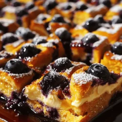 - 1 loaf of brioche bread, cubed - 8 oz cream cheese, softened - 1/2 cup granulated sugar - 1 teaspoon vanilla extract - 6 large eggs - 2 cups milk - 1 teaspoon cinnamon - 2 cups fresh blueberries (or frozen, thawed) - 1/2 cup powdered sugar (for dusting) - Maple syrup (for serving) The base of this dish is brioche bread. I love its soft, rich texture. It soaks up the egg mix and adds a nice flavor. The cream cheese brings a cheesecake element. It makes the casserole creamy and dreamy. Granulated sugar and vanilla add sweetness. They balance the tartness of blueberries. Fresh blueberries are best, but frozen work too. - Alternative sweeteners - Variations of bread You can swap granulated sugar for alternative sweeteners. This keeps it lower in calories. Also, try different bread types. Challah or sourdough can also work well. - Baking dish - Mixing bowls - Whisk To make this casserole, you need a baking dish. A 9x13 inch dish is perfect. You will also need mixing bowls. A whisk helps combine the egg mixture smoothly. These tools help create a fun cooking experience! To start, preheat your oven to 350°F (175°C). This step is key for even cooking. Next, grab a 9x13 inch baking dish and grease it lightly. This will help prevent sticking. Now, let’s make the cream cheese mixture. In a mixing bowl, beat 8 oz of softened cream cheese with 1/2 cup of granulated sugar and 1 teaspoon of vanilla extract. Mix until smooth and creamy. Next, we’ll prepare the egg mixture. In a large bowl, whisk together 6 large eggs, 2 cups of milk, and 1 teaspoon of cinnamon. Make sure everything is well combined. Now it’s time to soak the bread. Take your loaf of cubed brioche bread and add it to the egg mixture. Make sure every piece is soaked well. This step makes the casserole soft and tasty. Then, gently fold in 2 cups of fresh blueberries. If you have frozen blueberries, thaw them first. This adds a burst of flavor. Now, pour the bread and blueberry mixture into the greased baking dish. Spread it evenly. Next, we’ll create the cream cheese swirl. Dollop the cream cheese mixture over the top of the casserole. Use a knife to swirl it lightly into the bread mixture. This will add flavor and texture. Cover the dish with foil and bake it in the preheated oven for 30 minutes. After that, remove the foil and bake for another 15-20 minutes. The top should be golden and set. Let the casserole cool slightly before slicing. Dust with powdered sugar before serving. Drizzle with maple syrup for extra sweetness. Enjoy your delicious Blueberry Cheesecake French Toast Casserole! To get the best texture, you need to soak the brioche bread well. Aim for a soaking time of at least 30 minutes. This allows the bread to absorb the egg mixture fully. For bread type, brioche works great. Its rich flavor gives a nice touch to the dish. You can also try challah if you want a different flavor. For toppings, a dusting of powdered sugar makes it pretty. Drizzle some maple syrup for extra sweetness. You can also add whipped cream or yogurt for creaminess. As for drinks, a warm cup of coffee pairs nicely. A glass of fresh orange juice adds a nice citrus kick. One common mistake is overmixing the batter. Gently fold the blueberries into the mixture. This keeps them whole and juicy. Another mistake is not using enough blueberries. Aim for two cups for a burst of flavor. More blueberries mean a sweeter and more colorful dish. {{image_2}} You can change the blueberries to other berries. Try raspberries or strawberries for a twist. Each berry brings a unique flavor. You can also use seasonal fruits. Peaches or apples can add a nice touch in summer or fall. For a richer taste, add chocolate chips. They melt and create a creamy layer. You can also use spices like nutmeg. Just a pinch can enhance the dish’s warmth and flavor. If you need gluten-free options, use gluten-free bread. This keeps the dish tasty without the gluten. For vegan adaptations, replace eggs with flaxseed meal. Use plant-based cream cheese and milk for a creamy result. To keep your Blueberry Cheesecake French Toast Casserole fresh, store it in the fridge. Place leftovers in an airtight container. This keeps moisture in and air out. You can also cover it tightly with plastic wrap. This dish stays tasty for up to three days in the fridge. If you want to save it longer, consider freezing it. Cut the casserole into portions. Wrap each piece in plastic wrap, then place them in a freezer bag. Label the bag with the date. It can last up to three months in the freezer. When it comes to reheating, you have two good options: the oven and microwave. For the oven, preheat it to 350°F (175°C). Place the casserole in a baking dish and cover it with foil. Heat for about 15 to 20 minutes. The casserole will warm up nicely and stay soft. If you need a quick fix, use the microwave. Place a slice on a microwave-safe plate. Heat it for about 30 seconds to 1 minute. Check to see if it is warm enough. You can add a splash of maple syrup before heating for extra flavor. In the fridge, your casserole lasts about three days. Make sure to check for any signs of spoilage. Look for changes in smell or texture. If it smells off or feels slimy, it's best to toss it. In the freezer, it can last up to three months. But, for the best taste, try to eat it within one month. Always remember to check for freezer burn. If you see ice crystals on the surface, the texture may be affected. Yes, you can make this casserole ahead of time. Prepare the dish the night before. Simply mix all the ingredients, assemble the casserole, and cover it. Place it in the fridge overnight. In the morning, bake it as directed. This saves time and lets the flavors blend nicely. Absolutely! Frozen blueberries work well in this recipe. Just thaw them first and drain extra liquid. They add great flavor and sweetness. Using frozen berries can also save time during busy mornings. If you need a substitute for cream cheese, try Greek yogurt. It gives a similar creamy texture. Cottage cheese is another option if you blend it smooth. These swaps make the casserole lighter but still tasty. To store leftovers, place them in an airtight container. You can keep it in the fridge for up to three days. If you want to store it longer, freeze individual pieces. Wrap each slice tightly in plastic wrap, then place them in a freezer-safe bag. You can reheat the casserole in two ways. For the oven, preheat it to 350°F. Place slices in a baking dish and cover with foil. Heat for about 15-20 minutes. For the microwave, heat individual slices for 30-60 seconds. Yes! Extra toppings can make this dish even more fun. You can sprinkle nuts, add whipped cream, or drizzle chocolate sauce. Fresh fruits like strawberries or bananas also add a nice touch. Definitely! This casserole is perfect for brunch. It serves several people and has a mix of flavors. Pair it with coffee or mimosas for a lovely gathering. Yes, feel free to use other types of bread. Challah or sourdough can work well. Just make sure it is thick enough to soak up the egg mixture. This will keep it from becoming too soggy. In this blog post, we explored how to make a Blueberry Cheesecake French Toast Casserole. We covered the ingredients needed, including brioche bread and cream cheese, plus optional add-ins. You learned how to prepare, mix, and assemble your casserole for the best taste. Remember to avoid common mistakes to ensure a great result. Feel free to experiment with flavors and fruits! With the right tips and storage methods, this dish can be an easy crowd-pleaser. Enjoy every bite of your delicious creation!