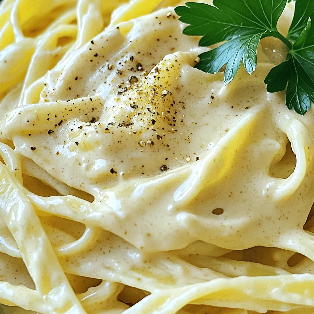 - 1 cup raw cashews, soaked - 1 cup vegetable broth - 1/4 cup nutritional yeast - 2 tablespoons lemon juice - 2 garlic cloves, minced - 1 teaspoon onion powder - 1/2 teaspoon salt - 1/4 teaspoon black pepper - Optional: pinch of nutmeg To make a creamy vegan cashew Alfredo sauce, you need a few main ingredients. The star of this sauce is raw cashews. Soak them for at least four hours or overnight. Soaking softens them, making the sauce smooth. Next, you need vegetable broth. It adds depth and flavor. Nutritional yeast gives that cheesy taste without dairy. Lemon juice adds brightness and a bit of zing. For seasoning, minced garlic gives a punch. Onion powder enhances the flavor, while salt and black pepper balance everything. If you like warmth, a pinch of nutmeg works well. These ingredients blend to create a rich, creamy sauce. It's perfect over pasta or veggies. I love how simple it is to make, yet it tastes gourmet. With these ingredients, you can impress anyone. To start, you need to soak the cashews. This makes them soft and easy to blend. Place one cup of raw cashews in a bowl and cover them with water. Let them soak for at least four hours or overnight for the best results. After soaking, it's time to drain and rinse the cashews. Pour the cashews into a colander and rinse them under cool water. This step helps remove any extra starch and ensures a smoother sauce. Now, let's add the ingredients to the blender. In your high-speed blender, place the soaked cashews. Add one cup of vegetable broth, 1/4 cup of nutritional yeast, 2 tablespoons of lemon juice, 2 minced garlic cloves, 1 teaspoon of onion powder, 1/2 teaspoon of salt, and 1/4 teaspoon of black pepper. If you want a touch of warmth, add a pinch of nutmeg. Next, blend all the ingredients on high speed. Blend until the mixture is completely smooth and creamy. If the sauce seems too thick, you can add a bit more vegetable broth. Blend again until you reach your desired consistency. After blending, transfer the sauce to a saucepan. Heat the sauce over low heat, stirring gently. Be careful! You want to warm it up, but don’t let it boil. Keep stirring until it’s hot throughout. Now, your Vegan Cashew Alfredo Sauce is ready! Serve it over your favorite pasta or steamed vegetables. Enjoy the creamy, flavorful dish you've made! To get the right thickness for your sauce, start by adding less broth. You can always add more if needed. If your sauce is too thick, just mix in a little vegetable broth. Blend until you reach the smoothness you like. When heating the sauce, keep the flame low. Avoid boiling it. High heat can make the sauce separate and ruin its creamy texture. To boost the flavor, try adding a pinch of cayenne or smoked paprika. These spices add depth and warmth. A dash of lemon zest can brighten the sauce too. Always taste as you go. If it needs more flavor, add salt or lemon juice. Balancing these flavors makes a big difference. A high-speed blender is key for a smooth sauce. Look for brands like Vitamix or Blendtec. They handle nuts well. For heating, use a non-stick saucepan. This type of cookware helps prevent sticking and burning. A wooden spoon is great for stirring gently while warming the sauce. {{image_2}} You can boost the health of your Vegan Cashew Alfredo Sauce easily. One great way is to add leafy greens like spinach or kale. These greens are packed with vitamins. They blend well and add a nice color. Another option is to explore different types of nutritional yeast. This adds a cheesy flavor and has B vitamins. You can use a fortified version for extra nutrition. Just sprinkle it in as you blend. To make the sauce even tastier, try adding fresh herbs. Basil or oregano can bring a new life to the dish. Chop them finely and mix them in before serving. Roasted garlic is another delicious twist. It has a sweet and rich flavor. Just roast your garlic until it's soft, then blend it in. This will give your sauce a lovely depth. Choosing the right pasta can enhance your dish. Fettuccine or penne work well with this creamy sauce. Their shapes hold the sauce nicely, making every bite flavorful. You can also serve this sauce with vegetable sides. Roasted broccoli or sautéed mushrooms pair great with it. They add texture and extra taste to your meal. To store vegan cashew Alfredo sauce in the fridge, first let it cool down. Pour the sauce into an airtight container. Seal the container well to keep air out. Place it in the fridge. The sauce can stay fresh for about 4 to 5 days. Before using, check for any changes in smell or texture. You can freeze the sauce for later use. To do this, let the sauce cool completely. Transfer it to a freezer-safe container or a resealable bag. Leave some space at the top, as the sauce may expand when frozen. You can keep it in the freezer for up to 3 months. To thaw and reheat, move the container to the fridge overnight. When ready to use, pour the sauce into a saucepan over low heat. Stir gently until warm. If the sauce seems thick, add a little vegetable broth to lighten it up. Making this sauce in batches can save time for quick meals. You can whip up a large amount and store it. Use it throughout the week over pasta, veggies, or grains. If you have leftover sauce, try mixing it with cooked quinoa or rice. It also works great as a dip for fresh veggies or spread on sandwiches. This sauce is versatile, adding flavor to many dishes. Yes, you can use other nuts or seeds. Almonds, sunflower seeds, or hemp seeds work well. They give a nice creaminess too. You can also use silken tofu for a smooth texture. Just blend it with the same seasonings. This way, you still get that rich flavor. Yes, this sauce is gluten-free! Just make sure your vegetable broth is gluten-free. Brands vary, so always check labels. Most ingredients here are naturally gluten-free. You can enjoy this sauce with gluten-free pasta or veggies. To spice up your sauce, add red pepper flakes. Start with a small pinch and mix it in. You can also add a dash of hot sauce for more heat. If you like garlic flavor, try roasted garlic for a deeper taste. Adjust the spice to fit your palate! This vegan Alfredo sauce uses simple, healthy ingredients like soaked cashews and broth. We’ve covered how to prepare, blend, and heat your sauce. I shared tips for smoothness and flavor, along with fun ways to switch it up. Your sauce can easily fit meals at home. Store it in the fridge or freeze for later. Now you can enjoy a tasty dish that packs a punch in both flavor and nutrition. Happy cooking!