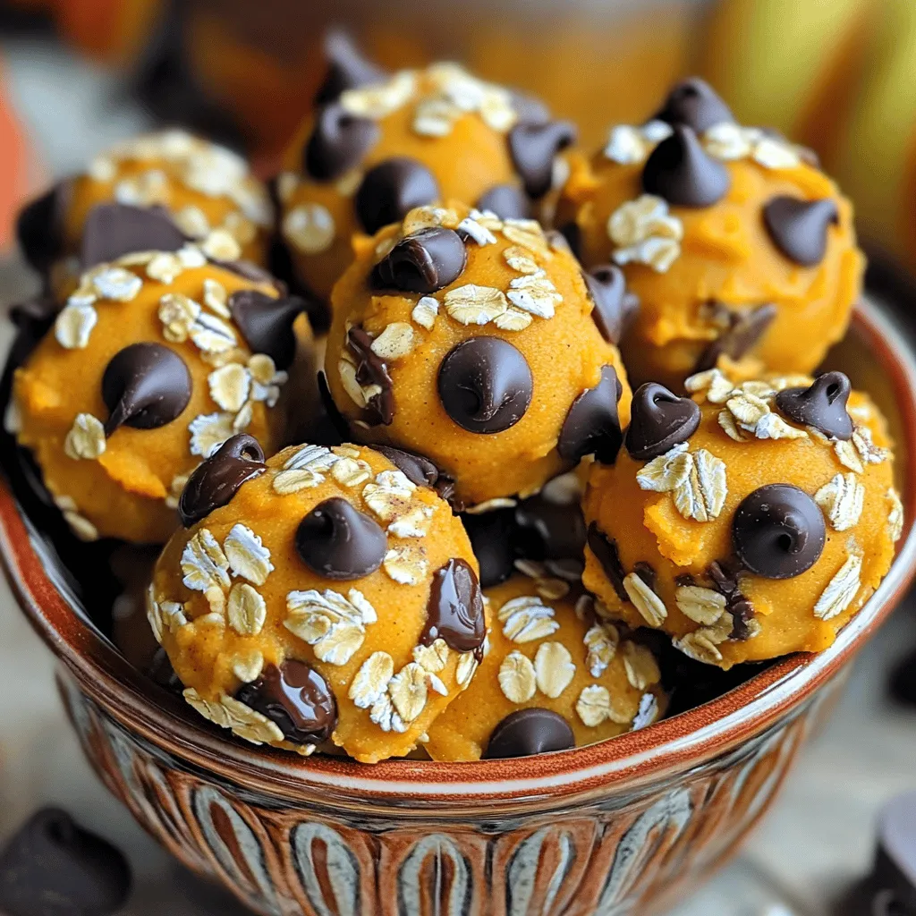 - 1 cup pumpkin puree - 1/2 cup almond butter (or any nut butter of choice) - 1/2 cup rolled oats - 1/3 cup maple syrup - 1 teaspoon vanilla extract - 1 teaspoon pumpkin pie spice - 1/2 teaspoon salt - 1/4 cup mini chocolate chips These ingredients come together to create a tasty treat. The pumpkin puree gives a nice flavor, while the almond butter adds creaminess. The rolled oats add texture, and the chocolate chips provide sweetness. Each ingredient plays a role in making this no-bake cookie dough delightful. You can swap almond butter for other nut butters. Peanut butter or sun butter work well too. For a nut-free option, consider using sunflower seed butter. If you want a different sweetener, try honey or agave syrup. Ensure the substitutions match your taste and dietary needs. Each serving has about 100 calories. You get protein from the nut butter and oats. The pumpkin adds fiber and vitamins. Here’s a quick breakdown: - Calories: 100 - Protein: 3g - Carbs: 12g - Fat: 5g - Fiber: 2g This no-bake pumpkin chocolate chip cookie dough is a tasty and nutritious snack option. It fits well into many diets while satisfying your sweet tooth. 1. Start with a large bowl. Add 1 cup of pumpkin puree and 1/2 cup of almond butter. Mix them well until smooth. 2. Next, pour in 1/3 cup of maple syrup and 1 teaspoon of vanilla extract. Stir until everything is combined. 3. Now, it's time to add flavor. Sprinkle in 1/2 cup of rolled oats, 1 teaspoon of pumpkin pie spice, and 1/2 teaspoon of salt. Mix again. 4. Fold in 1/4 cup of mini chocolate chips gently. Make sure they spread out in the dough. 5. Use your hands to shape small balls or drop spoonfuls onto a parchment-lined baking sheet. 6. Place the baking sheet in the fridge for at least 30 minutes. This helps the dough to set. 7. After 30 minutes, your bites are ready. Enjoy them right away or store in an airtight container in the fridge. - Make sure the pumpkin puree is smooth before you start. This helps the dough mix well. - Use a spatula to fold in the chocolate chips gently. You want them mixed but not smashed. - If the dough feels too sticky, add a little more oats to help with the texture. - Taste the dough! If you like it sweeter, add a bit more maple syrup. - After chilling, check the firmness. The dough should hold its shape when you press it. - Serve the cookie dough bites in a fun bowl. A sprinkle of extra chocolate chips on top adds a nice touch. - For something special, drizzle melted chocolate over the bites before serving. It makes them look fancy! To make the best no-bake cookie dough, focus on the right texture. Use smooth pumpkin puree for a creamy base. Almond butter gives the dough a rich flavor. If you prefer another nut butter, that’s fine too! Just ensure it’s smooth. Mix well to avoid clumps. Keep your ingredients fresh for the best taste. Always check the expiry dates on your maple syrup and spices. You can easily add your twist to this recipe. Want more spice? Add extra pumpkin pie spice! Prefer a nutty crunch? Toss in chopped nuts like walnuts or pecans. For a chewier texture, try adding more oats. You can swap mini chocolate chips for dark chocolate chunks, or even white chocolate for a fun change. When serving, presentation is key. Use a decorative bowl to show off your cookie dough bites. Sprinkle some extra chocolate chips on top for fun. For a special touch, drizzle melted chocolate over the bites. Serve chilled for a refreshing treat. Enjoy them as a snack or dessert any time! {{image_2}} You can switch up flavors for fun. Try using peanut butter instead of almond butter. This change gives a nutty twist. You can also add some cinnamon for extra warmth. If you love chocolate, mix in cocoa powder for a chocolate pumpkin treat. You could even add dried fruits like cranberries or raisins for a chewy texture. Each variation brings its own charm! Want a vegan version? Just use maple syrup and any nut butter. Most nut butters are vegan. For gluten-free options, ensure your oats are certified gluten-free. You can also use sunflower seed butter for a nut-free choice. This way, everyone can enjoy the treats. Serving matters! Shape the dough into fun forms. Use cookie cutters for stars or hearts. For a fun twist, serve it in ice cream cones. You could also drizzle melted chocolate on top or sprinkle with nuts. Present the bites in a colorful bowl, and add a few extra chocolate chips for flair. It makes the dish look even yummier! You can store your no-bake cookie dough in an airtight container. Place it in the fridge. This keeps it fresh and ready for snacking. Make sure the lid is tight. This helps keep moisture in and air out. To freeze the cookie dough, scoop it into balls first. Place these on a baking sheet. Make sure they do not touch. Freeze for about 1 hour until firm. Then, transfer the balls into a freezer bag. Remove as much air as you can. This helps prevent freezer burn. The no-bake cookie dough lasts up to one week in the fridge. If you freeze it, it can last up to three months. Just remember to label the bag with the date. This way, you know when you made it. Always check for any odd smells or changes in texture before eating. Enjoy your treats while they are fresh! No, this cookie dough is meant to be enjoyed raw. Baking it changes the texture and flavor. The mix of pumpkin and chocolate chips shines best when cold and soft. It also keeps the healthy ingredients intact. If you want warm cookies, try a baked recipe instead. You can use any nut butter you like. Peanut butter or cashew butter work great too. If you prefer a nut-free option, try sunflower seed butter. Each choice will give a unique flavor. Make sure to check for allergies when sharing. It takes about 30 minutes in the fridge to set. This helps the dough firm up nicely. If you want it to be firmer, leave it in the fridge a bit longer. Just make sure to keep it in an airtight container to stay fresh. In this article, we covered the key ingredients and their substitutes for no-bake cookie dough. I detailed step-by-step instructions and shared tips to make the dough perfect. We explored ways to customize your cookie dough and variations for different diets. You also learned how to store it properly to keep it fresh. Remember, making no-bake cookie dough is fun and easy. With these tips, you can create delicious treats that suit your taste. Enjoy your cookie-making journey!