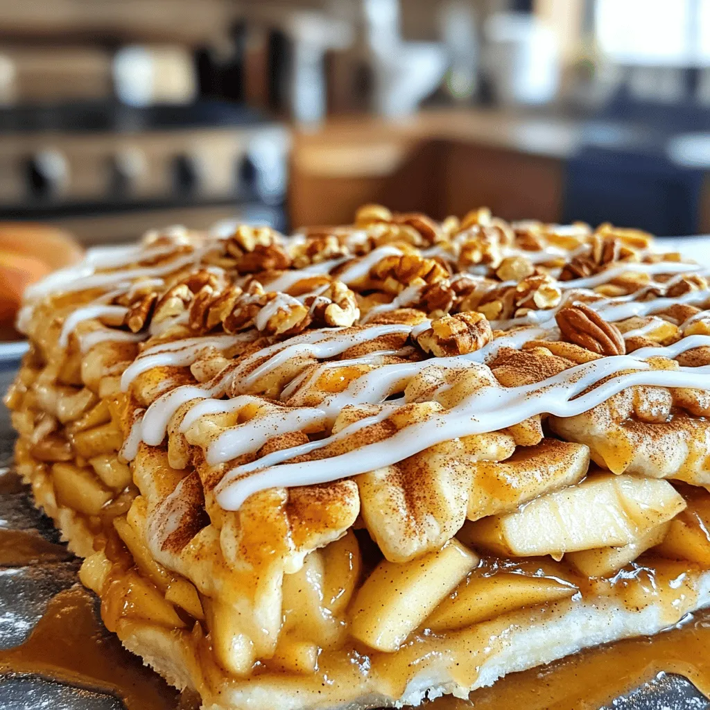 - 2 cans of refrigerated cinnamon roll dough (with icing) - 4 cups of apples, peeled and sliced (Granny Smith or Honeycrisp work best) - 1/2 cup granulated sugar - 1 teaspoon ground cinnamon - 1/4 teaspoon nutmeg - 1 tablespoon lemon juice - 2 tablespoons all-purpose flour - 1/4 cup chopped pecans or walnuts (optional) - 1 tablespoon butter, melted - 1/2 teaspoon vanilla extract Gather your ingredients before you start. This helps the cooking go smoothly. I love using Granny Smith or Honeycrisp apples for their tartness. They balance well with the sweet dough. The cinnamon roll dough makes it easy. You get that warm, gooey taste without extra work. You need sugar, ground cinnamon, and nutmeg to spice up the apple mixture. A little lemon juice brightens the flavor. Flour helps to thicken the apple filling. Chopped nuts add a nice crunch, but they are optional. Finally, melted butter and vanilla extract give the topping a rich taste. With these simple ingredients, you can create a delicious dessert that impresses everyone. To start, we need to make the apple filling. In a large bowl, combine the sliced apples, granulated sugar, ground cinnamon, nutmeg, lemon juice, and flour. Toss the mixture well to coat all the apple slices. This helps the apples soak up all the sweet flavors. Let this mixture sit for about 10 minutes. This marinating step allows the apples to soften slightly and release their juices, making them even more delicious. Next, we will make the pie crust using cinnamon rolls. Open both cans of refrigerated cinnamon roll dough. Separate each roll carefully. Using a rolling pin, flatten each roll into a flat disc. You want them to be big enough to cover the base of your pie dish. This will be our pie crust. In a greased 9-inch pie dish, layer the flattened cinnamon roll discs to form the bottom. Press them together at the seams to avoid gaps. Now it’s time to put everything together! Pour the marinated apple mixture evenly over the cinnamon roll crust. Make sure to spread the apples out nicely. If you want to add some crunch, sprinkle chopped nuts over the apples. Next, take the remaining cinnamon roll dough and tear it into small pieces. Scatter these pieces over the top of the apple filling. This will create a yummy topping. Then, drizzle the melted butter over the pie. If you love cinnamon, sprinkle a little extra on top. Now, place the pie in the preheated oven at 350°F (175°C). Bake it for 30 to 35 minutes. You’ll know it’s done when the apples bubble and the topping turns golden brown. After baking, let it cool for about 10 minutes. Finally, drizzle the icing from the cinnamon roll package over the pie. This adds a sweet touch that ties it all together. Enjoy this warm, delightful dessert! When choosing apples for your pie, I recommend using Granny Smith or Honeycrisp. These apples give a nice mix of sweet and tart. Granny Smith adds a crisp bite, while Honeycrisp adds sweetness. To balance flavors, consider mixing two types. This way, you get more depth in taste. The tartness from Granny Smith pairs well with the sweetness of Honeycrisp. You can add extra spices for a twist. Try adding a pinch of ginger or cardamom to boost flavor. These spices blend nicely with cinnamon and nutmeg. If you like crunch, toss in some chopped pecans or walnuts. They add a nice texture and flavor contrast. You can also sprinkle some oats on top for a different crunch. To check if your pie is done, look for bubbling in the apple filling. The topping should be golden brown. If it browns too fast, cover it loosely with foil. Every oven bakes a bit differently. If your oven runs hot, start checking the pie a few minutes early. For cooler ovens, you may need to add a few extra minutes. {{image_2}} You can make this pie with different types of dough. If you want to try homemade cinnamon roll dough, it adds a special touch. Just follow a simple recipe to make the dough. It will give you that fresh taste. You can also use other crust options. For example, try a pie crust or puff pastry. These options can change the texture and taste of the pie. Each dough brings its own charm. Adding seasonal fruits makes this pie even better. You can mix in pears for a sweet twist. Berries like blueberries or raspberries also taste great. They add a nice tartness that pairs well with the apples. You can adapt the recipe to use what’s fresh. This keeps the pie exciting and flavorful. It also makes it a perfect dessert for any time of year. Serving this pie is all about the extras. A scoop of vanilla ice cream on top is heavenly. The cold ice cream melts into the warm pie. Whipped cream is another great choice. It adds a fluffy texture. When you serve this pie, think about how it looks, too. Slice it into wedges and arrange them nicely on a plate. Drizzle some icing over the top for extra sweetness. This not only tastes good but makes a lovely display for gatherings. To keep your cinnamon roll apple pie fresh, you should store it properly. Place any leftover pie in an airtight container. If you do not have one, cover the pie tightly with plastic wrap or aluminum foil. Refrigeration is best for short-term storage. The pie will stay good in the fridge for about three to four days. If you want to save the pie for longer, freezing is a great option. Wrap the pie in plastic wrap, then in aluminum foil. You can freeze it for up to three months. When you are ready to enjoy it again, just thaw it overnight in the fridge. To reheat your cinnamon roll apple pie, you have a few easy methods. The oven is the best choice. Preheat it to 350°F (175°C). Place the pie in the oven for about 15-20 minutes. This will warm it through and keep the crust nice and crisp. If you prefer a quicker method, you can use the microwave. Heat a slice for about 30-45 seconds. Be careful not to overheat, as this can make the crust chewy. Enjoy your warm slice with a drizzle of icing for the best taste and texture! To make homemade cinnamon roll dough, follow these easy steps: - Mix 2 ¾ cups all-purpose flour with 1 packet of yeast. - Add ¼ cup sugar, ½ teaspoon salt, and 1 cup warm milk. - Stir in 2 tablespoons melted butter and 1 egg. - Knead the dough for 5-7 minutes until smooth. - Let it rise in a warm place for about an hour. This dough is soft and perfect for your pie. Yes, you can prepare this pie ahead of time. Here are some tips: - Assemble the pie but do not bake it. - Cover it with plastic wrap and fridge it for up to 24 hours. - When ready to bake, remove the wrap and bake as directed. - This saves time and keeps your pie fresh. You can substitute butter with coconut oil or vegan butter for a dairy-free option. For icing, try: - Powdered sugar mixed with almond milk. - Cream cheese frosting for a richer flavor. - Maple syrup drizzled over for a sweet touch. These swaps keep your pie tasty while fitting your diet. This pie can last in the fridge for about 3-4 days. To keep it fresh: - Store it in an airtight container. - Reheat individual slices in the microwave. Enjoy your pie while it tastes best! We explored how to make a delicious cinnamon roll apple pie with easy steps. You learned how to prepare the apples, create a crust, and assemble the pie. Remember to choose great apples and customize flavors to your taste. This dessert can be stored or reheated for later enjoyment. Now, it’s your turn to try this recipe and share it with others. Enjoy each bite of your tasty creation!