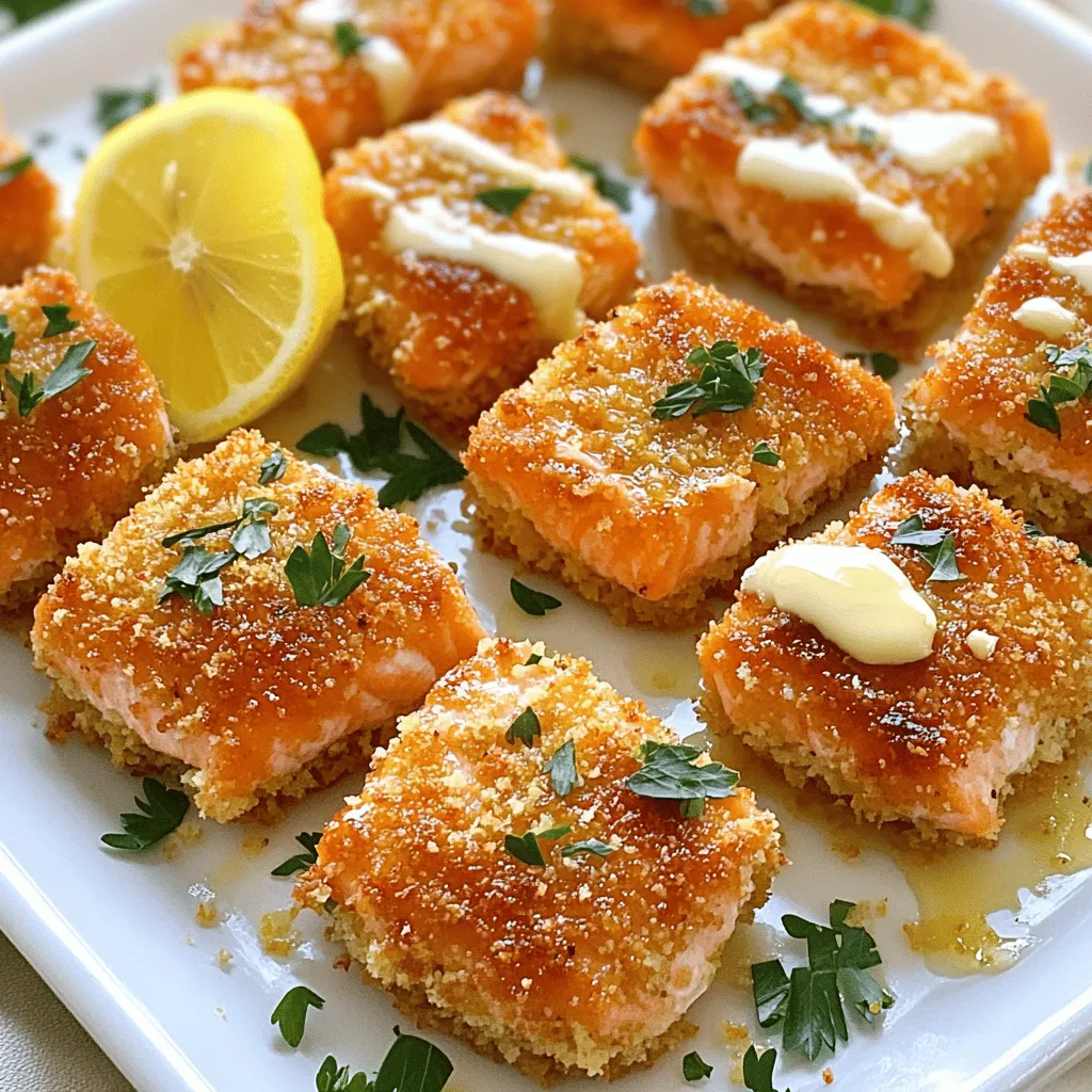 - 1 lb (450g) skinless salmon fillet, cut into bite-sized cubes - 3 tablespoons unsalted butter, melted - 4 cloves fresh garlic, minced - 1 teaspoon smoked paprika - 1 teaspoon dried parsley - 1/2 cup panko breadcrumbs - 1 teaspoon lemon juice - Salt and pepper to taste - Fresh parsley for garnish Gather all these ingredients before you start. This makes the cooking process smooth and fun. Skinless salmon fillet is key. It is tender and will soak up flavors well. Unsalted butter adds richness. Fresh garlic gives a strong and zesty kick. The smoked paprika brings warmth, while dried parsley adds a touch of color. Panko breadcrumbs create that desired crunch. They are lighter than regular breadcrumbs. Lemon juice adds brightness. Salt and pepper balance the flavors. Finally, fresh parsley makes a lovely garnish to finish your dish. Enjoy the process and the delicious results! To start, mix the melted butter with minced garlic in a bowl. Garlic gives great flavor, so use fresh garlic. Next, add smoked paprika, dried parsley, salt, and pepper. Finally, stir in the lemon juice for brightness. This marinade will bring out the best in your salmon. Now, take your salmon cubes and coat them in the garlic butter marinade. Make sure each piece gets covered well. Let the salmon marinate for about 15 minutes. This will help the flavors soak in, making each bite tasty. Preheat your air fryer to 400°F (200°C). This step is key for crispy salmon. After marinating, remove the salmon from the marinade. Gently coat each piece with panko breadcrumbs. Press them lightly so they stick well. Place the salmon bites in the air fryer basket, keeping them in a single layer. This helps them cook evenly. Air fry for 8 to 10 minutes. At 8 minutes, check for doneness. You want them golden brown and crispy on the outside. Enjoy your delicious salmon bites! Using panko breadcrumbs is key for crispiness. They create a light, crunchy shell that enhances the texture of the salmon. Regular breadcrumbs won't give you the same result. Press the salmon bites into the panko firmly. This helps them stick and ensures a nice coating. Avoid overcrowding the air fryer basket. If you pack it too tightly, the salmon bites will steam instead of fry. Cook in batches if needed. This way, each piece gets enough hot air to crisp up perfectly. You can mix up the flavors with alternative seasonings. Try adding some chili powder for heat or a hint of dill for freshness. These small changes can make a big difference in taste. For dipping sauces, consider creamy garlic aioli or spicy mayo. These pair well and add an extra layer of flavor to each bite. You can also try a sweet chili sauce for a unique twist. To present your crispy salmon bites, serve them on a colorful platter. Add a wedge of lemon for a pop of color and brightness. A sprinkle of fresh parsley on top adds a touch of elegance. For side dishes, consider a light salad or roasted vegetables. These options balance the richness of the salmon bites and make for a well-rounded meal. {{image_2}} You can swap salmon for other fish, like cod or tilapia. These fish have a mild taste. They cook well in the air fryer, just like salmon. You can also use chicken bites. Cut chicken breast into cubes and follow the same steps. Chicken gives a different flavor but stays juicy when cooked right. To spice things up, add chili powder to the marinade. This will give your bites a nice kick. You can also try fresh herbs like dill or thyme. These herbs add brightness and a fresh taste. Feel free to experiment with herbs you love. Each will add a new twist to the dish. If you don’t have an air fryer, you can bake these bites. Preheat your oven to 400°F (200°C). Place the salmon on a lined baking sheet. Bake for 12-15 minutes until golden and crispy. Another option is pan-frying. Heat oil in a pan over medium heat. Cook the bites for about 3-4 minutes per side. This method gives a nice crust too. To store leftovers, let the salmon bites cool first. Place them in an airtight container. This helps keep them fresh. You can use glass or plastic containers. Make sure they seal well to keep moisture out. You can freeze cooked salmon bites. Allow them to cool completely before freezing. Place them in a freezer-safe bag or container. Remove as much air as possible. For best texture, thaw them overnight in the fridge before reheating. These salmon bites stay fresh for up to three days in the fridge. Look for signs of spoilage, like an off smell or discoloration. If they seem slimy or dry, it’s best to toss them. Yes, you can use frozen salmon. First, you need to thaw it. Place the salmon in the fridge overnight. If you're short on time, seal it in a bag and submerge it in cold water for about 30 minutes. Once thawed, make sure to pat it dry with a paper towel. This helps the marinade stick better to the fish. To make this recipe gluten-free, swap regular panko breadcrumbs for gluten-free ones. Many brands offer gluten-free options that work just as well. You can also use crushed rice cereal or ground almonds for a crunchy coating. Just ensure that all other ingredients, like butter and seasonings, are gluten-free. Several tasty sauces pair nicely with salmon bites. Here are some great options: - Creamy garlic aioli: Adds a rich, garlicky flavor. - Spicy mayo: A kick of heat for those who love spice. - Lemon dill sauce: Bright and fresh, perfect for seafood. - Honey mustard: Sweet and tangy for a unique twist. These sauces enhance the flavors and make the bites even more enjoyable! This blog post covered how to make delicious air-fried salmon bites. We explored the key ingredients, including skinless salmon, garlic, and smoked paprika. I shared step-by-step instructions for marinating and cooking your salmon to get the perfect crispiness. Remember, you can switch proteins or try new seasonings to keep it exciting. Following these tips will help you enjoy tasty bites every time. Now, it's time to get cooking and impress your family with your new skills!
