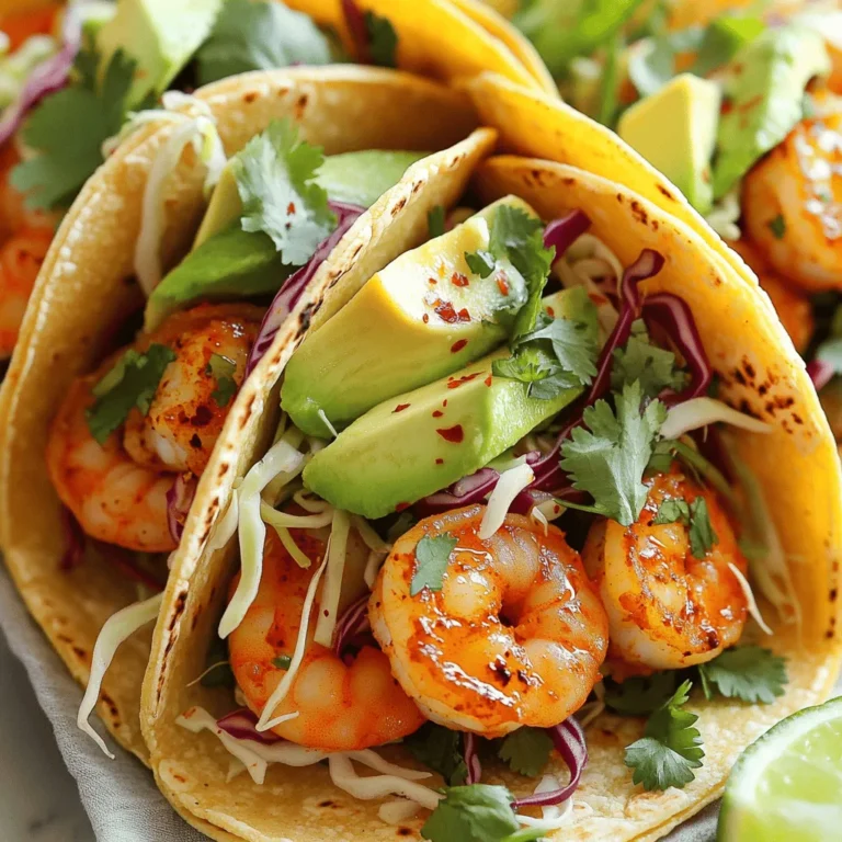 - 1 pound large shrimp, peeled and deveined - 4 tablespoons olive oil - 4 cloves garlic, minced - 1 teaspoon red pepper flakes - 1 teaspoon smoked paprika - Salt and pepper, to taste - 8 small corn tortillas - 1 cup shredded cabbage - ½ cup fresh cilantro, chopped - 1 avocado, sliced When making spicy garlic shrimp tacos, I focus on fresh and simple ingredients. The large shrimp provide a nice, juicy base. They soak up the flavors well. Olive oil adds richness and helps the garlic cook nicely. Minced garlic brings a bold taste that pairs well with shrimp. For seasoning, I use red pepper flakes to add heat. Smoked paprika gives a hint of smokiness, making the dish more complex. A sprinkle of salt and pepper balances the flavors and enhances the dish. When it comes to taco components, I choose small corn tortillas. They hold the filling well and add a lovely texture. Shredded cabbage adds crunch and freshness. Fresh cilantro gives a burst of flavor. Finally, avocado slices add creaminess, making each bite irresistible. This dish is quick and easy, perfect for any meal. You can enjoy it for lunch or dinner. - In a mixing bowl, combine the shrimp, olive oil, minced garlic, red pepper flakes, smoked paprika, salt, and pepper. - Toss everything well so the shrimp are coated. Let the shrimp marinate for 15 minutes. - Heat a large skillet over medium-high heat. - Once hot, add the marinated shrimp in a single layer. - Cook for 2-3 minutes until pink, then flip. - Cook for another 2 minutes until fully cooked. - Squeeze lime juice over the shrimp at the end of cooking. - You can warm the corn tortillas in a skillet or microwave. - If using a skillet, heat it on medium, and add the tortillas one at a time for about 30 seconds on each side. - If using the microwave, wrap them in a damp paper towel and heat for 15-20 seconds. - Take a warm tortilla and place a spoonful of shredded cabbage on the bottom. - Layer the spicy garlic shrimp on top. - Add a few slices of avocado. - Garnish with chopped cilantro and serve with lime wedges. For the best flavor, marinate the shrimp for 15 minutes. This time lets the spices soak in. If you leave them too long, they may turn mushy. To keep the shrimp juicy, cook them quickly over medium-high heat. This method seals in moisture. Avoid crowding the pan; give each shrimp space to cook evenly. When they turn pink, they are done. Squeeze fresh lime juice over them at the end for extra zest. Warming your tortillas makes them flexible and tasty. You can use a skillet or the microwave. For the skillet, heat it on medium. Warm each tortilla for about 30 seconds on each side. In the microwave, wrap them in a damp paper towel and heat for 15-20 seconds. If you want variety, try using flour tortillas or lettuce wraps. These options can change up the taste while keeping it fun. These tacos shine with simple sides. Consider serving them with fresh salsa or a side of rice. A cool, crunchy slaw pairs well too. For drinks, a light beer or a fresh margarita suits these tacos perfectly. The flavors balance well, making every bite enjoyable. {{image_2}} To make your tacos even spicier, add more red pepper flakes. You can also use fresh chopped jalapeños for a bright kick. If you want a deeper heat, try using chipotle powder instead. This will add a smoky flavor along with the heat. Remember, start small. You can always add more spice as you taste. Garnishes make your tacos pop! Try adding pickled red onions for a tangy crunch. Fresh radishes can also add a nice crunch and color. If you love cheese, crumbled queso fresco is a great choice. For a creamy touch, drizzle some sour cream or yogurt. Each topping changes the flavor, so mix and match your favorites! If you need gluten-free options, use corn tortillas as the base. They are tasty and safe for gluten-sensitive diets. For a vegan-friendly version, swap shrimp with marinated tofu or chickpeas. Make sure to add extra spices to keep the flavor bold. With these swaps, you can enjoy the same great taste while meeting your dietary needs! To keep your tacos fresh, refrigerate any leftovers. Place them in an airtight container. This helps prevent drying out. Consume the leftovers within two days for the best taste. If you store shrimp separately, they will stay fresh longer. Keep tortillas in a separate container to avoid sogginess. You can freeze the shrimp for later use. Start by letting them cool down. Place them in a freezer bag, removing as much air as possible. Label the bag with the date. The shrimp can last up to three months in the freezer. When ready to use, thaw them in the fridge overnight. Reheating tacos can be easy and quick. For the best results, use an oven or a skillet. Preheat the oven to 350°F. Place the tacos on a baking sheet and heat for about 10 minutes. If using a skillet, add a little oil and warm them over medium heat, flipping occasionally. This keeps them crispy and tasty. Check the shrimp's color and texture. Cooked shrimp turn pink and opaque. They curl into a C shape when done. If they look gray, they need more time. The shrimp should feel firm but not hard. Yes, you can prep these tacos early. Cook the shrimp and store them in the fridge. Keep the shrimp in an airtight container. You can also slice the avocado and chop the cabbage before. Just warm the tortillas and assemble when ready. Pair these tacos with a cold drink. A light beer or margarita works great. For non-alcoholic options, try limeade or iced tea. These drinks balance the spicy flavors well. You learned how to make tasty shrimp tacos with simple steps. We covered key ingredients and how to cook them just right. I shared tips for perfect shrimp and warming tortillas, plus ideas for variations. You can easily store leftovers or prep ahead for busy days. Enjoy trying these flavors and make them your own. Cooking should be fun and rewarding, so dive in and impress your friends!