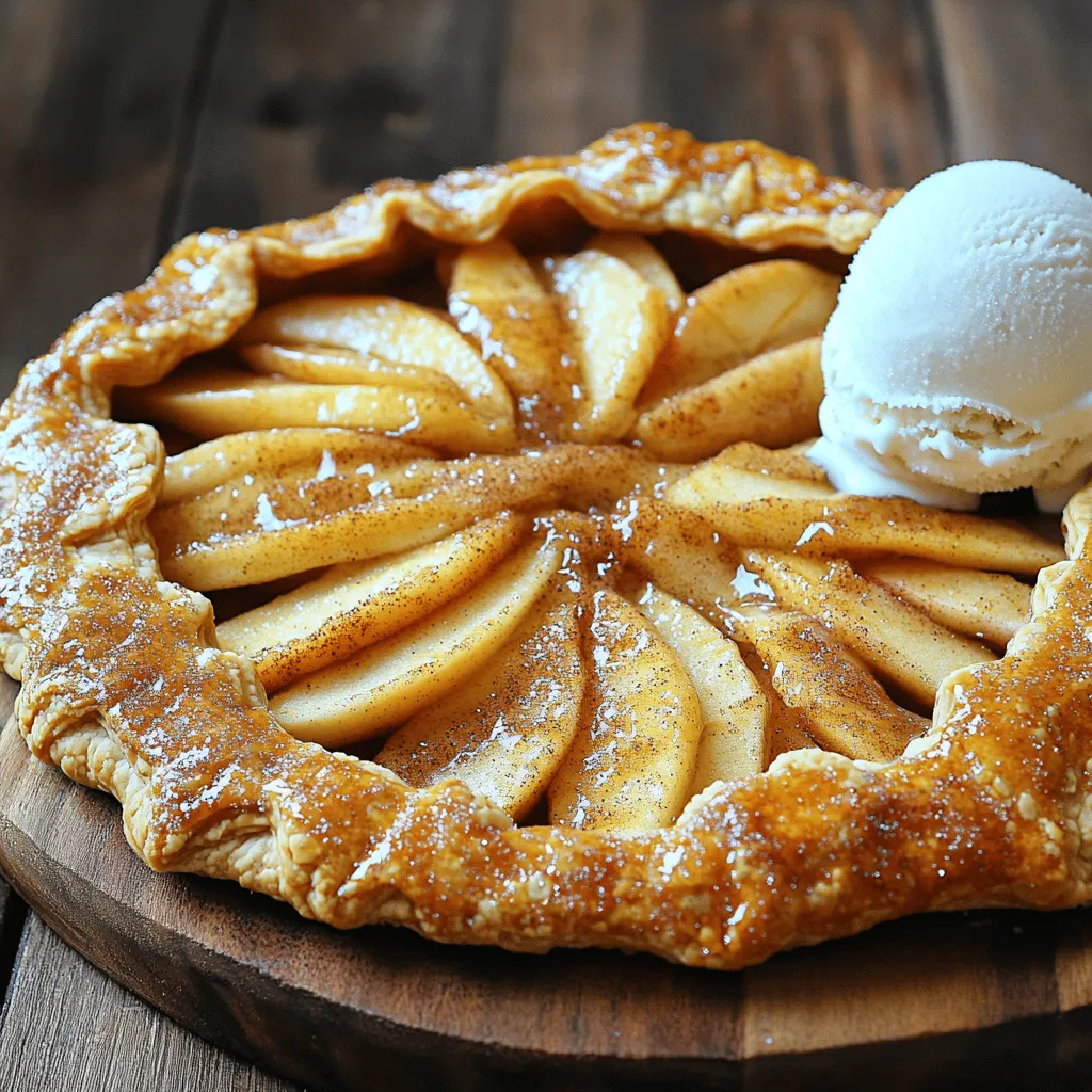 - 3 medium apples (Granny Smith or Honeycrisp) - 1 tablespoon lemon juice - 1/4 cup brown sugar - 1 teaspoon ground cinnamon - 1 tablespoon all-purpose flour - 1 pre-made or homemade pie crust - 1 egg (for egg wash) - 1 tablespoon granulated sugar (for topping) - Optional: Vanilla ice cream for serving When making cinnamon sugar apple galettes, I choose the best ingredients. The apples are key. I love using Granny Smith or Honeycrisp apples. They add a nice tartness that balances the sweet flavors. Lemon juice keeps the apples bright and fresh. It adds flavor and prevents browning. Brown sugar brings out the natural sweetness of the apples. Ground cinnamon gives a warm, cozy taste that makes these galettes special. All-purpose flour helps thicken the filling. It keeps the juices from making the crust soggy. For the crust, I recommend a pre-made option for ease. If you’re feeling adventurous, you can make your own. The egg wash gives the crust a beautiful golden color. Sprinkling granulated sugar on top adds a nice crunch. And for that extra treat, serve these galettes with a scoop of vanilla ice cream. It melts and makes the dessert even more delightful. Gather these ingredients, and you’re ready to create a delicious dessert that will impress anyone! - Preheating the Oven and Setting Up First, set your oven to 375°F (190°C). This is the perfect heat for our galettes. Line a baking sheet with parchment paper to prevent sticking. - Preparing the Apple Filling In a large bowl, toss three thinly sliced apples with one tablespoon of lemon juice. Add 1/4 cup of brown sugar, 1 teaspoon of ground cinnamon, and 1 tablespoon of flour. Mix it well and let it sit for about 10 minutes. This helps the apples soak up the flavors. - Rolling Out the Pie Crust Take your pre-made pie crust and roll it out on a lightly floured surface. Aim for about 1/8 inch thick. Cut it into two large circles, around 8 inches each. This will be the base for your galettes. - Creating the Galette Base Place each pie crust circle on your lined baking sheet. Make a border of about 1 inch around the edge. Leave the center open for your apple filling. - Adding the Apple Filling Take half of the apple mixture and place it in the center of each circle. Spread it out, but keep space around the edges for folding. - Folding the Edges and Egg Wash Gently fold the edges of the pie crust over the apple filling. Create small pleats all around. In a bowl, whisk one egg to make the egg wash. Brush it onto the crust edges. Finally, sprinkle granulated sugar for a sweet crunch. - Baking Time and Temperature Bake your galettes in the preheated oven for 30 to 35 minutes. Look for a golden brown crust and tender apples. This means they are done. - Cooling Instructions Once baked, take them out and let them cool slightly. This helps set the filling and makes slicing easier. Enjoy your delicious galettes! Choosing the right apples makes a big difference. I recommend using a mix of Granny Smith and Honeycrisp apples. - Granny Smith: They add a nice tartness that balances the sweetness. - Honeycrisp: They provide a sweet, juicy crunch that enhances flavor. Combining these two gives you the best taste and texture. You can also try Fuji or Braeburn apples for a different twist. Rolling out the pie crust can be simple. Start with a cold crust. Dust your surface with flour to keep it from sticking. - Roll it out to about 1/8 inch thick. - Aim for even thickness to bake nicely. To achieve a flaky texture, keep your dough cold. You can even use a few small pieces of butter in the crust. This creates layers that flake nicely when baked. You can elevate the flavor with a few extra spices. A pinch of nutmeg or allspice can add warmth. - Nutmeg: It pairs well with apples. - Allspice: It gives a cozy, autumn flavor. For sweetening adjustments, consider using maple syrup or honey. These can add a unique twist to your galettes. Adjust the amount based on your taste preferences. Don't be afraid to experiment! {{image_2}} You can make your galettes even better with different fillings. - Adding Nuts or Raisins: Chopped walnuts or pecans add a nice crunch. Sweet raisins bring a chewy texture. Mix a handful into your apple filling for extra joy. - Other Fruits to Consider: Apples are great, but you can use other fruits too. Peaches, pears, or berries work well. Just adjust the sugar based on the fruit's sweetness. The crust can change your galette's flavor and texture. - Gluten-Free Pie Crust Alternatives: If you need a gluten-free option, look for ready-made gluten-free crusts. You can also use almond flour or oat flour to make your own crust. - Making Your Own Pie Crust: Making a crust at home is easy. Just mix flour, cold butter, and a pinch of salt. Add water slowly until you form a dough. Chill it for 30 minutes before rolling. How you serve your galette can make it special. - Pairing with Different Ice Cream Flavors: Vanilla is classic, but try cinnamon or caramel ice cream. The warm galette and cold ice cream create a delightful contrast. - Serving with Whipped Cream or Caramel Sauce: A dollop of whipped cream adds lightness. Drizzling caramel sauce brings a sweet touch that pairs perfectly with the apples. Refrigeration Tips If you have leftover galettes, place them in an airtight container. Store in the fridge for up to three days. Make sure to let them cool completely before sealing. This helps keep the crust from getting soggy. Freezing Instructions To freeze, wrap each galette tightly in plastic wrap. Then, place them in a freezer-safe bag. They can last up to three months in the freezer. To reheat later, just thaw in the fridge overnight. Best Methods for Reheating The best way to reheat galettes is in the oven. Preheat your oven to 350°F (175°C). Place the galettes on a baking sheet and cover them with foil. Heat for about 10-15 minutes. This keeps the crust crisp and warm. Maintaining Crispiness To keep the crust crispy, avoid microwaving the galettes. The microwave can make the crust soggy. By reheating in the oven, you maintain that perfect crunch. It’s worth the extra time! Enjoy your delicious galettes just like when they were fresh! Yes, you can use other apples. Different apples give unique flavors. For a sweet taste, use Fuji or Gala apples. For a tart flavor, try Braeburn or Granny Smith. Mixing apple types can add depth to the taste. Look for a golden brown crust. The apples should be soft, not mushy. You can poke a fork into the apples to test them. If they are tender, the galettes are ready. A sweet aroma will fill your kitchen, too! Yes, you can prep these galettes in advance. Assemble them and cover tightly with plastic wrap. Store them in the fridge for up to 24 hours. When ready to bake, just remove the wrap and add the egg wash. You can also freeze unbaked galettes for later. Bake them directly from frozen, adding a few extra minutes to the bake time. This blog post showed you how to make delicious apple galettes. We covered the ingredients, step-by-step instructions, and useful tips. You learned about picking the best apples and perfecting your crust. We even discussed fun variations and storage tips. Using this guide, you can craft a tasty treat. Enjoy making these galettes that are sure to impress! Happy baking!