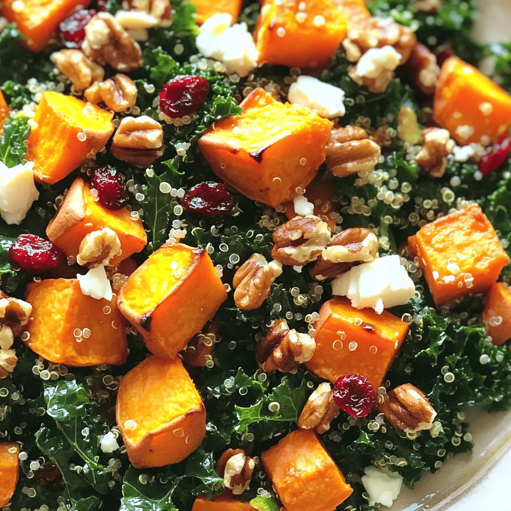 - 2 medium sweet potatoes, diced - 4 cups kale, chopped - 1 cup quinoa, rinsed and drained - 1/2 cup cranberries (dried) - 1/2 cup walnuts, roughly chopped - 1/4 cup feta cheese, crumbled (optional) - 3 tablespoons olive oil - 2 tablespoons maple syrup - 1 tablespoon apple cider vinegar - 1 teaspoon garlic powder - Salt and pepper to taste When I gather the ingredients for my Sweet Potato Kale Harvest Salad, I focus on fresh, bright flavors. Each component brings something special to the table. The sweet potatoes add a rich, earthy flavor. I love how they caramelize in the oven, turning sweet and tender. The kale gives a nice crunch and a pop of green. I always choose fresh kale, as it holds up well in salads. Quinoa is a fantastic base. It’s nutty and full of protein, making this salad hearty. The dried cranberries bring a touch of sweetness that balances the flavors nicely. And the walnuts? They add a delightful crunch and healthy fats. If you opt for feta cheese, it adds a creamy tang that enhances the salad. Now, onto the dressing! I use olive oil for richness, maple syrup for sweetness, and apple cider vinegar for zing. Garlic powder adds depth, and salt and pepper bring all the flavors together. This mix of ingredients makes a salad that is both healthy and satisfying. 1. Preheat your oven to 400°F (200°C). 2. Toss diced sweet potatoes with 1 tablespoon of olive oil, salt, pepper, and garlic powder. This mix adds flavor and makes them crisp. 1. Spread sweet potatoes on a baking sheet in a single layer. 2. Roast for 25-30 minutes. Stir halfway through to ensure even cooking. You want them soft and lightly browned. 1. While the sweet potatoes roast, cook the quinoa according to package instructions. Set it aside when done. 2. In a large bowl, combine chopped kale with 1 tablespoon of olive oil and a pinch of salt. Massage the kale with your hands until it wilts. This helps soften it and brings out its taste. 1. Allow the sweet potatoes to cool for a few minutes before adding them to the kale. 2. Add the cooked quinoa, cranberries, walnuts, and feta cheese if you like it. 3. In a small bowl, whisk together the remaining olive oil, maple syrup, and apple cider vinegar. Pour this dressing over the salad and toss everything together until well combined. Adjust seasoning with extra salt and pepper if needed. To get the best caramelization on your sweet potatoes, follow these tips: - Cut them into uniform pieces. This helps them cook evenly. - Use enough oil. One tablespoon per two medium sweet potatoes works well. - Spread them out. Leave space on the baking sheet for hot air to circulate. For seasoning variations, try these ideas: - Add chili powder for heat. - Use paprika for a smoky flavor. - Mix in cinnamon for a sweet twist. Massaging kale makes it tender and tasty. Here’s how to do it: - Drizzle a bit of olive oil on your kale. - Add a pinch of salt. - Use your hands to rub the leaves gently. This softens them. If you want to swap out kale, consider these options: - Spinach for a milder flavor. - Swiss chard for a hearty green. - Arugula for a peppery kick. Customizing your dressing is simple. Here’s how: - Add a squeeze of lemon for brightness. - Mix in some mustard for a tangy twist. - Swap olive oil for avocado oil for a richer taste. For maple syrup and apple cider vinegar substitutes, try these: - Honey can replace maple syrup for sweetness. - Lemon juice works well instead of vinegar for a fresh zing. {{image_2}} You can boost your salad with some protein. Grilled chicken adds a savory taste. Chickpeas bring a nice crunch and are great for plant-based eaters. Tofu is another excellent choice. Just marinate and grill it for extra flavor. Each option makes the salad more filling and satisfying. To make the salad fully plant-based, skip the feta cheese. You can use vegan cheese or nutritional yeast instead. Both options add a cheesy flavor without dairy. This way, everyone can enjoy the salad, whether they are vegan or vegetarian. Using seasonal produce keeps your salad fresh and exciting. In the fall, add roasted beets or apples for sweetness. In the summer, try adding cherry tomatoes or cucumber for a crisp bite. Adjusting the ingredients based on the season helps you enjoy different flavors all year round. To store leftovers, place the salad in an airtight container. This keeps it fresh and tasty. You can store it in the fridge for up to three days. The sweet potatoes may soften over time, but the flavor stays good. You can easily prepare this salad in advance. Roast the sweet potatoes and cook the quinoa ahead of time. Store these in separate containers in the fridge. When you are ready to eat, mix all the ingredients. This way, the kale remains fresh and crisp. You can freeze the sweet potatoes and quinoa, but not the whole salad. To freeze, place them in airtight bags. When you are ready to eat, let them thaw overnight in the fridge. Reheat the sweet potatoes before adding to the salad for best flavor. It takes about 50 minutes to make this salad. You will spend 15 minutes preparing the ingredients. The cooking time for the sweet potatoes and quinoa takes about 35 minutes. This timing makes it easy to fit into a busy schedule. Yes, you can prepare this salad ahead of time. You can roast the sweet potatoes and cook the quinoa the day before. Store each component in the fridge, then assemble the salad just before serving. This helps keep the kale fresh and crisp. This salad pairs well with many sides. You might enjoy a simple soup, like tomato or butternut squash. Additionally, crusty bread or a light protein, like grilled chicken, complements the flavors nicely. Absolutely! You can use other greens if you prefer. Spinach, arugula, or Swiss chard are good options. Each will change the taste slightly but will still create a delicious salad. Choose what you like best! This blog post covered a tasty sweet potato kale harvest salad. We explored key ingredients, step-by-step instructions, and helpful tips. You can easily customize it by adding protein or using seasonal produce. Remember to store leftovers properly, so they stay fresh. Whether you make it ahead or enjoy it right away, this salad is versatile and nutritious. Try it out, and make it your own!
