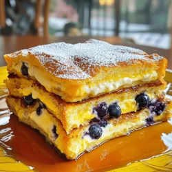 To make this Blueberry Cheesecake French Toast Casserole, gather these key items: - 1 loaf of brioche bread, cut into cubes - 2 cups fresh blueberries - 8 ounces cream cheese, softened - 1/2 cup granulated sugar - 4 large eggs - 2 cups milk - 1 teaspoon vanilla extract - 1 teaspoon ground cinnamon - 1/4 teaspoon salt - 1/4 cup powdered sugar (for dusting) - 2 tablespoons butter (for greasing) These ingredients come together to create a creamy, fruity dish that everyone loves. You can enhance your casserole with these optional ingredients: - A splash of lemon juice for brightness - Chopped nuts for crunch - A sprinkle of nutmeg for warmth - A drizzle of maple syrup for sweetness These additions can bring extra layers of taste to your casserole. You will need some basic kitchen tools to prepare this casserole: - A 9x13 inch casserole dish - A mixing bowl for combining ingredients - A whisk or electric mixer for blending - A knife for cutting the bread - Measuring cups and spoons for accuracy Having the right equipment makes the cooking process easier and more enjoyable. To make this Blueberry Cheesecake French Toast Casserole, start by gathering all your ingredients. You will need brioche bread, blueberries, cream cheese, eggs, milk, sugar, and spices. Preheat your oven to 350°F (175°C). Grease a 9x13 inch casserole dish with butter. This step helps prevent sticking and makes serving easier. First, cut the brioche bread into cubes. Place half of the bread cubes at the bottom of your greased dish. Next, in a medium bowl, mix the softened cream cheese and granulated sugar until smooth. Add the eggs, milk, vanilla extract, cinnamon, and salt. Stir until it is well combined. Pour half of this cream cheese mixture over the bread. Spread it evenly to coat all pieces. Now, sprinkle half of the fresh blueberries on top. This adds a burst of flavor. Then, layer the rest of the brioche cubes on top. Pour the remaining cream cheese mixture over this layer. Finally, top with the leftover blueberries for a colorful finish. Cover your casserole with foil. Bake in the preheated oven for 30 minutes. This helps cook the bread and sets the filling. After 30 minutes, remove the foil. Bake for an additional 15-20 minutes. Look for a golden brown top and a set center. Once done, take it out of the oven and let it cool for a few minutes. Dust with powdered sugar before serving for a sweet touch. Enjoy your delicious Blueberry Cheesecake French Toast Casserole! For the best texture, I recommend brioche bread. Its soft and rich nature makes it perfect for soaking up the egg mixture. You can also try challah. It adds a lovely sweetness, too. If you prefer whole grain, use a hearty bread. Just make sure it can hold up to the batter. To keep your cream cheese smooth, let it sit out before use. Softened cream cheese mixes better with sugar and eggs. Beat it well until no lumps remain. This helps create a creamy filling that blends perfectly with the bread and blueberries. When serving, slice the casserole into squares. Dust each piece with powdered sugar for a pretty touch. A drizzle of maple syrup or a dollop of whipped cream makes it even better. You can also add a few fresh blueberries on top for a burst of color. Serve warm to enjoy every mouthful! {{image_2}} You can change the fruit in this dish for new tastes. Try strawberries, raspberries, or peaches. Each fruit adds its own twist. For instance, strawberries create a sweeter flavor. Raspberries add a tangy punch. Peaches give a juicy, summery feel. Use any fresh or frozen fruit. Just remember to adjust cooking time if using frozen fruit. If you need gluten-free options, swap brioche for gluten-free bread. Look for a brand that holds up well. For dairy-free, use a non-dairy cream cheese. Almond or cashew cream cheese works great. You can also use almond milk instead of regular milk. These changes still keep it tasty and satisfying. You can play with sweetness too. Use honey or maple syrup instead of sugar for a natural taste. For a spicy kick, add a pinch of nutmeg along with the cinnamon. You can also mix in lemon zest for freshness. These tweaks make every bite special and unique. To keep your Blueberry Cheesecake French Toast Casserole fresh, place leftovers in an airtight container. Make sure to let it cool to room temperature first. Store it in the fridge and enjoy within three days for the best taste. If you want to keep it longer, freezing is a great option. When you're ready to eat the leftovers, take them out of the fridge. Preheat your oven to 350°F (175°C). Place the casserole in a baking dish. Cover it with foil to keep it moist. Heat for about 20 minutes, or until warmed through. You can also reheat individual slices in the microwave for about 1-2 minutes. If you want to store the casserole for a longer time, freezing works well. Wrap it tightly in plastic wrap, then in aluminum foil. This helps prevent freezer burn. You can freeze it for up to two months. To bake from frozen, thaw it in the fridge overnight. Then, follow the reheating steps above. Enjoy your delicious treat any time you want! Yes, you can make this casserole the night before. It saves time in the morning. Just prepare it up to the baking step. Cover it well and put it in the fridge. In the morning, take it out and let it sit for a bit. Then, bake it as directed. This way, you can enjoy a warm breakfast without much fuss. If you don’t have brioche, don’t worry! You can use challah bread or even croissants. These options will still give you a soft and rich base. Just make sure to cut them into cubes like the brioche. This keeps the texture light and fluffy. To check if your casserole is done, look for a golden brown top. The center should be set and not jiggly. You can also insert a knife into the middle. If it comes out clean, it’s ready to eat. Let it cool a bit before serving. Enjoy every bite! In this post, we explored the key ingredients, preparation steps, and baking tips for your casserole. I shared options to mix flavors, like fruits and different bread types. You learned how to store leftovers and reheat them properly. Casseroles are fun and flexible meals. Experiment with new flavors or ingredients. Enjoy making this dish your own!
