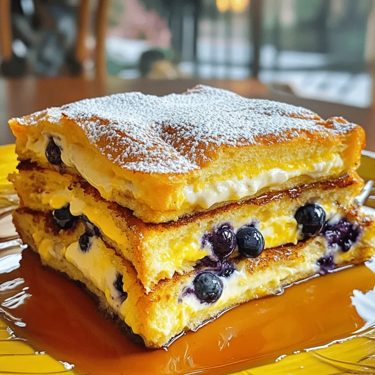 To make this Blueberry Cheesecake French Toast Casserole, gather these key items: - 1 loaf of brioche bread, cut into cubes - 2 cups fresh blueberries - 8 ounces cream cheese, softened - 1/2 cup granulated sugar - 4 large eggs - 2 cups milk - 1 teaspoon vanilla extract - 1 teaspoon ground cinnamon - 1/4 teaspoon salt - 1/4 cup powdered sugar (for dusting) - 2 tablespoons butter (for greasing) These ingredients come together to create a creamy, fruity dish that everyone loves. You can enhance your casserole with these optional ingredients: - A splash of lemon juice for brightness - Chopped nuts for crunch - A sprinkle of nutmeg for warmth - A drizzle of maple syrup for sweetness These additions can bring extra layers of taste to your casserole. You will need some basic kitchen tools to prepare this casserole: - A 9x13 inch casserole dish - A mixing bowl for combining ingredients - A whisk or electric mixer for blending - A knife for cutting the bread - Measuring cups and spoons for accuracy Having the right equipment makes the cooking process easier and more enjoyable. To make this Blueberry Cheesecake French Toast Casserole, start by gathering all your ingredients. You will need brioche bread, blueberries, cream cheese, eggs, milk, sugar, and spices. Preheat your oven to 350°F (175°C). Grease a 9x13 inch casserole dish with butter. This step helps prevent sticking and makes serving easier. First, cut the brioche bread into cubes. Place half of the bread cubes at the bottom of your greased dish. Next, in a medium bowl, mix the softened cream cheese and granulated sugar until smooth. Add the eggs, milk, vanilla extract, cinnamon, and salt. Stir until it is well combined. Pour half of this cream cheese mixture over the bread. Spread it evenly to coat all pieces. Now, sprinkle half of the fresh blueberries on top. This adds a burst of flavor. Then, layer the rest of the brioche cubes on top. Pour the remaining cream cheese mixture over this layer. Finally, top with the leftover blueberries for a colorful finish. Cover your casserole with foil. Bake in the preheated oven for 30 minutes. This helps cook the bread and sets the filling. After 30 minutes, remove the foil. Bake for an additional 15-20 minutes. Look for a golden brown top and a set center. Once done, take it out of the oven and let it cool for a few minutes. Dust with powdered sugar before serving for a sweet touch. Enjoy your delicious Blueberry Cheesecake French Toast Casserole! For the best texture, I recommend brioche bread. Its soft and rich nature makes it perfect for soaking up the egg mixture. You can also try challah. It adds a lovely sweetness, too. If you prefer whole grain, use a hearty bread. Just make sure it can hold up to the batter. To keep your cream cheese smooth, let it sit out before use. Softened cream cheese mixes better with sugar and eggs. Beat it well until no lumps remain. This helps create a creamy filling that blends perfectly with the bread and blueberries. When serving, slice the casserole into squares. Dust each piece with powdered sugar for a pretty touch. A drizzle of maple syrup or a dollop of whipped cream makes it even better. You can also add a few fresh blueberries on top for a burst of color. Serve warm to enjoy every mouthful! {{image_2}} You can change the fruit in this dish for new tastes. Try strawberries, raspberries, or peaches. Each fruit adds its own twist. For instance, strawberries create a sweeter flavor. Raspberries add a tangy punch. Peaches give a juicy, summery feel. Use any fresh or frozen fruit. Just remember to adjust cooking time if using frozen fruit. If you need gluten-free options, swap brioche for gluten-free bread. Look for a brand that holds up well. For dairy-free, use a non-dairy cream cheese. Almond or cashew cream cheese works great. You can also use almond milk instead of regular milk. These changes still keep it tasty and satisfying. You can play with sweetness too. Use honey or maple syrup instead of sugar for a natural taste. For a spicy kick, add a pinch of nutmeg along with the cinnamon. You can also mix in lemon zest for freshness. These tweaks make every bite special and unique. To keep your Blueberry Cheesecake French Toast Casserole fresh, place leftovers in an airtight container. Make sure to let it cool to room temperature first. Store it in the fridge and enjoy within three days for the best taste. If you want to keep it longer, freezing is a great option. When you're ready to eat the leftovers, take them out of the fridge. Preheat your oven to 350°F (175°C). Place the casserole in a baking dish. Cover it with foil to keep it moist. Heat for about 20 minutes, or until warmed through. You can also reheat individual slices in the microwave for about 1-2 minutes. If you want to store the casserole for a longer time, freezing works well. Wrap it tightly in plastic wrap, then in aluminum foil. This helps prevent freezer burn. You can freeze it for up to two months. To bake from frozen, thaw it in the fridge overnight. Then, follow the reheating steps above. Enjoy your delicious treat any time you want! Yes, you can make this casserole the night before. It saves time in the morning. Just prepare it up to the baking step. Cover it well and put it in the fridge. In the morning, take it out and let it sit for a bit. Then, bake it as directed. This way, you can enjoy a warm breakfast without much fuss. If you don’t have brioche, don’t worry! You can use challah bread or even croissants. These options will still give you a soft and rich base. Just make sure to cut them into cubes like the brioche. This keeps the texture light and fluffy. To check if your casserole is done, look for a golden brown top. The center should be set and not jiggly. You can also insert a knife into the middle. If it comes out clean, it’s ready to eat. Let it cool a bit before serving. Enjoy every bite! In this post, we explored the key ingredients, preparation steps, and baking tips for your casserole. I shared options to mix flavors, like fruits and different bread types. You learned how to store leftovers and reheat them properly. Casseroles are fun and flexible meals. Experiment with new flavors or ingredients. Enjoy making this dish your own!