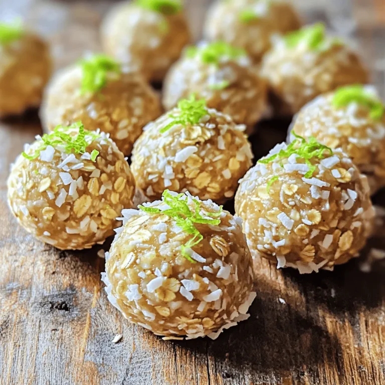 To make Coconut Lime Energy Balls, you need the following: - 1 cup rolled oats - 1 cup unsweetened shredded coconut - 1/2 cup almond butter (or any nut butter of your choice) - 1/4 cup honey or maple syrup - Zest of 2 limes - 2 tablespoons lime juice - 1/2 teaspoon vanilla extract - Pinch of salt These ingredients create a sweet and tangy flavor. The oats and coconut give texture, while the almond butter adds creaminess. You can boost nutrition with these options: - 1/4 cup chia seeds - 1/4 cup flaxseeds Adding these seeds gives you extra fiber and omega-3s. They also enhance the crunch of your energy balls. You don't have to stick to my ingredient list. Here are some swaps: - Use peanut butter instead of almond butter for a different taste. - Swap honey for agave syrup for a vegan option. - Use lime zest from one lime if you want a milder lime flavor. These substitutions let you personalize your energy balls. Adjust ingredients based on what you have at home or your taste preferences. Start by taking a large mixing bowl. Add 1 cup of rolled oats. Next, add 1 cup of unsweetened shredded coconut. If you want, you can also add 1/4 cup of chia seeds or flaxseeds for extra fiber. Mix these dry ingredients well. This will ensure they are evenly distributed before adding the wet ingredients. In a different bowl, add 1/2 cup of almond butter or your favorite nut butter. Then, pour in 1/4 cup of honey or maple syrup. Next, include the zest of 2 limes, along with 2 tablespoons of lime juice. Add 1/2 teaspoon of vanilla extract and a pinch of salt. Stir everything until it is smooth and well-blended. This mixture gives the energy balls their great flavor. Now, pour the wet mixture into the dry ingredients. Stir everything together until the dry ingredients are well coated. Once combined, use your hands to form small balls, about 1 inch in diameter. If the mixture sticks to your hands, wet them slightly to help. Place the formed energy balls on a baking sheet lined with parchment paper. Refrigerate for at least 30 minutes. This helps them firm up nicely. After chilling, you can store them in an airtight container in the fridge for up to a week. Enjoy your tasty, energizing snack! To get that perfect texture, you want a good mix of wet and dry. The rolled oats and shredded coconut give a nice chew. If your mixture is too dry, add a little more almond butter or honey. If it's too sticky, a bit more oats can help. You can also wet your hands when rolling the balls. This makes rolling easier and keeps them from sticking. To keep your energy balls fresh, store them in an airtight container. They can stay in the fridge for up to a week. If you want them to last longer, freeze them. Just place them in a freezer-safe bag. They stay good for about three months frozen. Thaw them in the fridge before eating. If your energy balls fall apart, they might need more binding. Add a bit more nut butter or honey. If they are too hard, let them sit at room temperature for a few minutes. If you want a sweeter taste, mix in a bit more honey or maple syrup. You can also roll them in extra shredded coconut for added flavor. {{image_2}} You can make these energy balls even tastier! Add a splash of coconut extract for a stronger coconut flavor. Try mixing in some chopped dried mango for a fruity twist. You can also use lime zest from one lime and orange zest from another. This gives a bright, citrusy kick. If you like chocolate, fold in some mini dark chocolate chips. This will add a sweet touch that pairs well with lime. If you want to change the sweetness, use agave syrup instead of honey. You can also try date syrup, which adds a deep, rich flavor. For a low-calorie option, use stevia or monk fruit sweetener. Just keep in mind that these can be sweeter, so use less. Adjust to your taste to keep the energy balls delicious and satisfying. If you have nut allergies, use sunflower seed butter instead of almond butter. This keeps the creamy texture while being safe for those with nut allergies. For a dairy-free version, ensure that any optional add-ins are dairy-free as well. You can also use pumpkin seeds instead of nuts for a crunchy bite. These changes let everyone enjoy these tasty energy balls without worry. Store your Coconut Lime Energy Balls in an airtight container. This keeps them fresh. Place them in the fridge right after they firm up. The cool air helps maintain their texture and flavor. You can also line the container with parchment paper. This prevents sticking and makes for easy removal. You can freeze these energy balls for longer storage. Place them on a baking sheet first. Then, freeze them for about an hour. Once firm, transfer them to a freezer-safe bag or container. This helps keep the balls from getting freezer burn. They can last in the freezer for up to three months. Just thaw them in the fridge when you want to enjoy a snack. Coconut Lime Energy Balls last about a week in the fridge. Check for any signs of spoilage, like an off smell or change in texture. For the best taste, eat them within this time. You can grab one as a quick snack or add it to your lunch. These bites are perfect for energy on the go! Coconut lime energy balls last for about one week in the fridge. Keep them in an airtight container. This keeps them fresh and tasty. If you want them to last longer, you can freeze them. Yes, you can use fresh lime juice! Fresh juice adds bright flavor. It also gives a nice zing to the energy balls. Just make sure to use the same amount as bottled juice. Yes, these energy balls are great for kids! They are tasty and healthy. Kids love the sweet and tangy flavor. You can even let them help with making them. To make these energy balls vegan, swap honey for maple syrup. Use your favorite nut butter. This keeps the recipe plant-based and delicious. Absolutely! Adding protein powder boosts nutrition. You can mix in about one scoop. This makes a great snack for after workouts or busy days. This blog post covers everything about making coconut lime energy balls, from ingredients to storage. You learned about key and optional ingredients, as well as substitutions. You now know how to mix, shape, and store your energy balls for best results. Explore flavor variations and easy fixes for any hiccups. Making these tasty snacks can be fun and simple. Enjoy your energy balls as a nutritious treat anytime!