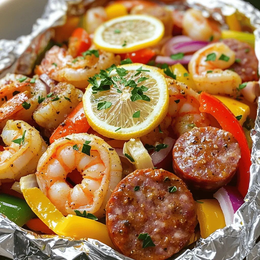 - 1 pound large shrimp, peeled and deveined - 1 pound smoked sausage, sliced into rounds - 1 bell pepper, diced (any color) - 1 red onion, sliced - 2-3 cloves garlic, minced - 1 tablespoon Cajun seasoning (adjust for heat preference) - 1 tablespoon olive oil - 1 lemon, sliced - Fresh parsley, chopped for garnish - Salt and pepper to taste - Aluminum foil You can use any shrimp size, but large shrimp work best. If you prefer, turkey sausage or chicken sausage can replace smoked sausage. For the bell pepper, feel free to choose green, red, yellow, or orange. You can also add other veggies like zucchini or corn. If you want a kick, add extra Cajun seasoning or some cayenne pepper. For a lighter option, use less olive oil. When shopping for shrimp, look for a firm texture and a fresh, salty smell. Avoid shrimp with a strong fishy odor. For sausage, choose a brand you trust. Look for bright colors in bell peppers and onions. They should feel firm and heavy. When it comes to garlic, choose bulbs that feel solid and have no soft spots. Fresh parsley should be bright green and fragrant. Start by heating your grill or oven. Set the grill to medium-high heat or preheat your oven to 400°F. This step is key for even cooking. If the grill is hot enough, the shrimp will cook quickly. An oven works well, too. Grab four pieces of aluminum foil. Each piece should be about 12x12 inches. This size helps hold all the goodies inside. In a large bowl, mix the shrimp, sausage, bell pepper, onion, garlic, Cajun seasoning, olive oil, salt, and pepper. Stir well until everything is coated. This mix packs a flavorful punch! Now, divide the mixture evenly among the foil pieces. Make sure each packet gets shrimp and sausage. Top each packet with lemon slices for that extra zing. Fold the foil tightly to seal in the steam. Your packets should look like little presents ready to cook. For the grill, place the packets directly on the grates. Cook them for about 15-20 minutes. The shrimp should turn pink and be fully cooked. If you use the oven, place the packets on a baking sheet. Bake them for about 20-25 minutes. Be careful when you open the packets! Hot steam will escape. Once open, garnish with fresh parsley for a pop of color. Serve the packets right on the plates or transfer to bowls. Enjoy with some crusty bread to soak up the tasty juices! To make your Cajun shrimp and sausage shine, choose a good Cajun seasoning. I like to use one that has a nice mix of spices. This can include paprika, cayenne, garlic powder, and oregano. You can adjust the amount to fit your heat preference. Start with one tablespoon and taste as you go. Add more if you like it spicier. Mix your seasoning well with the shrimp and sausage for a full flavor. Cooking time can change based on your equipment. If you use a grill, cook the packets for 15-20 minutes. On a medium-high grill, the shrimp will turn pink and the sausage will heat through. If you bake in an oven, set it to 400°F. Bake the packets for 20-25 minutes for the same results. Always check the shrimp to ensure they are fully cooked. Hot foil packets can be tricky. Always use tongs or oven mitts when opening them. The steam inside can burn you. Let them cool for a minute before opening. Once you open them, watch out for any hot liquid that may escape. Serving them on a plate can help keep your hands safe from heat. Enjoy your meal, but make sure you stay safe! {{image_2}} You can mix in many veggies. Try corn, zucchini, or asparagus. These add great color and taste. You can also use chicken or fish. Just cut them into small pieces. This way, they cook evenly. Cajun seasoning can be spicy. If you like heat, use more. For a milder taste, use less. You can also add a dash of hot sauce. This lets you control the spice level. Taste your mix before sealing the packets. Adjust if needed! You can cook these packets in an air fryer too. Set it to 375°F and cook for 10-12 minutes. Make sure to check the shrimp. They should be pink and firm. This method saves time and gives a nice crisp. Try it for a different twist! To store leftovers, let the packets cool completely. Transfer the shrimp and sausage mixture into airtight containers. You can also keep them in the foil packets, but make sure to seal them tightly. Store in the fridge for up to three days. When it's time to eat again, you can reheat the leftovers easily. If using a microwave, place the mixture in a microwave-safe bowl. Heat for about one to two minutes until warm. If you prefer the grill or oven, you can reheat in the foil packets. Place them on medium heat for about ten minutes. For longer storage, you can freeze your leftovers. Place the cooled shrimp and sausage mixture into freezer bags. Squeeze out as much air as possible before sealing. This helps prevent freezer burn. You can freeze for up to three months. To use, thaw in the fridge overnight before reheating. Yes, you can use frozen shrimp. Just thaw them before you cook. Place the shrimp in a bowl of cold water for about 15-20 minutes. This helps them cook evenly. Frozen shrimp work well in the foil packets. They absorb the flavors just like fresh shrimp. You can use chicken or turkey sausage instead. If you want a vegetarian option, try plant-based sausage. Shrimp and sausage pair well, but you can mix it up. Just ensure whatever you use cooks at the same time as shrimp. This keeps everything nice and tender. Cooked shrimp turn pink and opaque. When they curl into a C shape, they are done. Keep an eye on the cooking time. In about 15-20 minutes on the grill, or 20-25 minutes in the oven, they should be perfect. Always check to avoid overcooking, as shrimp can become tough if cooked too long. This blog post covered all you need for a great foil packet meal. We looked at ingredients, tips for freshness, and cooking methods. I shared ideas for flavor and variations to fit your taste. Remember to store leftovers safely and choose the right cooking method. You can mix things up with spices or proteins. Try these tips to impress your family and friends at dinner. Cooking can be fun and simple; enjoy your next meal!