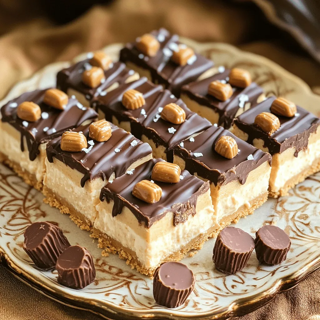 To make No-Bake Peanut Butter Cup Cheesecake Bars, gather these ingredients: - 1 ½ cups graham cracker crumbs - ½ cup unsalted butter, melted - 2 cups cream cheese, softened - 1 cup powdered sugar - 1 cup creamy peanut butter - 1 teaspoon vanilla extract - 1 cup heavy whipping cream - 1 cup mini peanut butter cups, chopped - ½ cup chocolate chips, for topping - Sea salt, for garnish If you need to swap some ingredients, here are some ideas: - Use almond butter instead of peanut butter for a nut-free option. - Swap the graham cracker crumbs for crushed Oreos for a chocolatey twist. - You can replace heavy cream with coconut cream for a dairy-free version. - If you don’t have powdered sugar, you can blend granulated sugar until fine. Using the best ingredients makes a big difference. Here’s what to look for: - Choose unsalted butter for better control of salt in your recipe. - Select high-quality cream cheese for a rich and creamy texture. - Look for creamy peanut butter that has no added sugars or oils. - Buy fresh mini peanut butter cups for perfect flavor and texture. - Use real vanilla extract instead of imitation for a richer taste. These details make your No-Bake Peanut Butter Cup Cheesecake Bars taste amazing! To start, gather your ingredients. You need graham cracker crumbs and melted butter. In a medium bowl, mix the crumbs and butter. Stir until it looks like wet sand. This is your crust. Next, take a 9x9 inch square dish. Press the crumb mix firmly into the bottom. Make sure it’s even all around. Place the dish in the fridge while you make the filling. This helps the crust set. Now it’s time for the filling. In a large bowl, add softened cream cheese. Use an electric mixer to beat it until smooth. Slowly add powdered sugar, creamy peanut butter, and vanilla extract. Mix until fluffy and blended well. In another bowl, whip heavy cream until it forms soft peaks. Gently fold this whipped cream into the peanut butter mix. Be careful not to deflate it. Finally, add chopped mini peanut butter cups to the filling. Stir until they are spread evenly throughout. Next, spread the peanut butter filling over the chilled crust. Use a spatula to smooth out the top. Melt chocolate chips in the microwave. Stir every 15 seconds until smooth. Drizzle this melted chocolate over the cheesecake layer. Put the dish back in the fridge. Let it chill for at least 4 hours or until it sets completely. After it’s set, slice into squares. For a nice touch, sprinkle a pinch of sea salt on top before serving. Enjoy your delicious no-bake bars! To get the best texture for your cheesecake bars, it’s key to use softened cream cheese. If it’s too cold, it will be lumpy. Beat your cream cheese well until it's smooth. When you whip the heavy cream, make soft peaks. This helps your bars stay light. Always fold the whipped cream gently into the peanut butter mix. This keeps air in and makes the filling fluffy. For a fun touch, top your cheesecake bars with more mini peanut butter cups. You can also drizzle extra melted chocolate on top. A sprinkle of sea salt adds a nice contrast to the sweet taste. Serve the bars on a pretty plate. Add fresh fruit or whipped cream for extra flair. If your bars are too soft, they might need more time in the fridge. Make sure they chill for at least four hours. If they are hard to slice, let them sit at room temperature for a few minutes. This makes cutting easier. If the crust crumbles, press it down more firmly next time. A good crust holds everything together. {{image_2}} You can change the flavor of your cheesecake bars easily. Try using chocolate instead of peanut butter. Just swap the creamy peanut butter for melted chocolate. You can also add a swirl of Nutella for a rich twist. For a fruity option, mix in some pureed strawberries or raspberries. This adds a fresh taste and color. If you need gluten-free bars, use gluten-free graham cracker crumbs. Check the label to make sure they are safe. For a vegan version, replace the cream cheese with a vegan cream cheese. You can also use coconut cream instead of heavy cream. Substitute powdered sugar with a vegan sweetener for best results. These bars taste great on their own. But they shine when paired with ice cream. Vanilla or chocolate ice cream works well. You can also serve them with fresh berries for a burst of flavor. Add a drizzle of chocolate sauce for extra sweetness. This makes your dessert more special and fun. To keep your No-Bake Peanut Butter Cup Cheesecake Bars fresh, store them in the fridge. Use an airtight container to prevent any odors from mixing with the bars. If you cut the bars, separate layers with parchment paper. This will help keep them intact and looking nice. These cheesecake bars can last up to one week in the fridge. Keep an eye on them for any signs of spoilage. If they start to look or smell off, it's best to toss them. You want to enjoy them at their best! You can freeze these bars for a longer shelf life. First, cut them into squares. Wrap each square tightly in plastic wrap, then place them in a freezer-safe bag. They can last up to three months in the freezer. When ready to eat, let them thaw in the fridge overnight for the best texture. Yes, you can make these bars a day ahead. They taste even better after chilling overnight. Just store them in the fridge. This helps the flavors blend well. Be sure to cover them with plastic wrap. You can use Greek yogurt or silken tofu as a substitute for cream cheese. Both options work well. They give a nice creamy texture. Just note that the flavor may change slightly. Greek yogurt will add a tang, while silken tofu keeps it mild. The cheesecake is set when it feels firm to the touch. You can also check by gently shaking the dish. If it jiggles slightly in the center, it needs more time. Chill it for at least four hours for the best results. We covered all the key steps to make delicious peanut butter bars. You learned about choosing top-quality ingredients, preparing the crust, and making the filling. I shared tips for texture and common problems. You can also try fun variations like chocolate or vegan options. Remember the best storage practices so your bars stay fresh. With these guidelines, you’ll create bars that impress everyone. Enjoy making these sweet treats and feel confident in your baking skills!