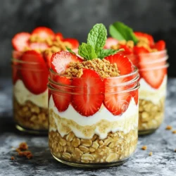For my delightful Strawberry Cheesecake Overnight Oats, you will need: - 1 cup rolled oats - 1 cup unsweetened almond milk (or any milk of choice) - 1/2 cup Greek yogurt - 1 tablespoon maple syrup (or honey) - 1 teaspoon vanilla extract - 1/2 teaspoon ground cinnamon - 1/4 cup cream cheese, softened - 1 cup fresh strawberries, hulled and sliced - Graham cracker crumbs for topping (optional) You can use any milk you like. I prefer unsweetened almond milk for a nutty taste. Regular cow’s milk works well, too. Try oat milk for a creamy texture. Each milk adds its own flavor, so pick what you enjoy most. Top your oats with fresh strawberries for a burst of flavor. Graham cracker crumbs add a crunchy texture that mimics cheesecake. You can also add whipped cream for extra sweetness. A sprinkle of nuts or seeds can provide a nice crunch. Get creative with your toppings! Start by gathering all your ingredients. You will need rolled oats, almond milk, Greek yogurt, maple syrup, vanilla extract, ground cinnamon, cream cheese, fresh strawberries, and graham cracker crumbs. Measuring helps ensure good flavor and texture. In a large mixing bowl, pour in 1 cup of rolled oats. Add 1 cup of unsweetened almond milk, 1/2 cup of Greek yogurt, 1 tablespoon of maple syrup, 1 teaspoon of vanilla extract, and 1/2 teaspoon of ground cinnamon. Mix everything well until fully combined. This base gives you a creamy texture perfect for overnight oats. In a small bowl, take 1/4 cup of softened cream cheese. Whisk it until it is smooth. Gradually fold the cream cheese into the oat mixture. Use a spatula to avoid lumps. This step is key, as it makes your oats taste like cheesecake. Mix gently so you keep the air in the mixture. Once it’s blended well, fold in the sliced strawberries. Save some for the top later. To get the best texture, use rolled oats. They soak up milk well. Quick oats can get mushy. Aim for a creamy mix by blending the cream cheese smoothly. Add a little extra milk in the morning if it seems thick. This helps create a nice, creamy feel. Store your oats in mason jars or airtight containers. This keeps them fresh and tasty. Make sure to seal them well to avoid spills in the fridge. You can make two or three servings at a time. This way, you have breakfast ready for the next few days. You can prepare your oats the night before. This saves time on busy mornings. Just mix everything and let it sit overnight. You can grab a jar and go. It’s a quick and healthy breakfast option when you’re in a hurry. {{image_2}} You can switch up the fruit in your overnight oats. Try blueberries or raspberries for a new taste. Sliced bananas add a nice sweetness, too. Each fruit brings its own flavor, making your oats fun and fresh. Mix and match your favorites to keep things exciting! If you want a dairy-free version, swap Greek yogurt for coconut yogurt. Use any plant-based milk, like oat or soy milk. You still get a creamy texture without the dairy. This makes your dish friendly for those with lactose issues or those who choose to avoid dairy. To amp up the protein, stir in a spoonful of nut butter, like almond or peanut. You can add chia seeds or flaxseeds for extra nutrition. These small changes make your meal heartier and will keep you full longer. Plus, they add nice flavors and textures to your oats! To keep your strawberry cheesecake overnight oats fresh, store them in the fridge. Use airtight containers or mason jars with tight lids. This helps prevent any odors from mixing. Make sure the oats are fully sealed before placing them in the fridge. It’s best to put them on a shelf rather than the door. The door can get warmer when you open it. These oats stay good in the fridge for up to three days. After three days, the oats might get too soft and lose their fresh taste. If you notice any changes in smell or texture, it’s best to throw them out. Always check for signs of spoilage before eating. You can enjoy these oats cold or warm. If you prefer them warm, place them in a bowl. Add a splash of milk to help soften the oats. Heat them in the microwave for about 30 seconds. Stir well and check the temperature before eating. Enjoy your delicious strawberry cheesecake overnight oats! Yes, you can use quick oats. Quick oats absorb liquid faster. This means they will soften more quickly than rolled oats. If you prefer a smoother texture, quick oats work well. Just keep in mind they may become mushy if soaked too long. You can use regular yogurt or dairy-free yogurt. If you want a creamier texture, sour cream is a good option too. For a vegan choice, use silken tofu blended until smooth. Each of these substitutes provides a different flavor and texture. Overnight oats last up to five days in the fridge. Store them in airtight containers. This way, they stay fresh longer. If you notice any off smell or taste, it’s best to discard them. Enjoy your oats within a few days for the best flavor! In this post, we covered how to make easy and tasty overnight oats. You learned about the right ingredients and some milk options. I shared helpful tips for the best texture and making it ahead of time. We explored fun variations, from fruit choices to protein boosts. Proper storage and answers to common questions are also key. Now, you have all the tools to enjoy delicious overnight oats that fit your needs. Happy cooking!