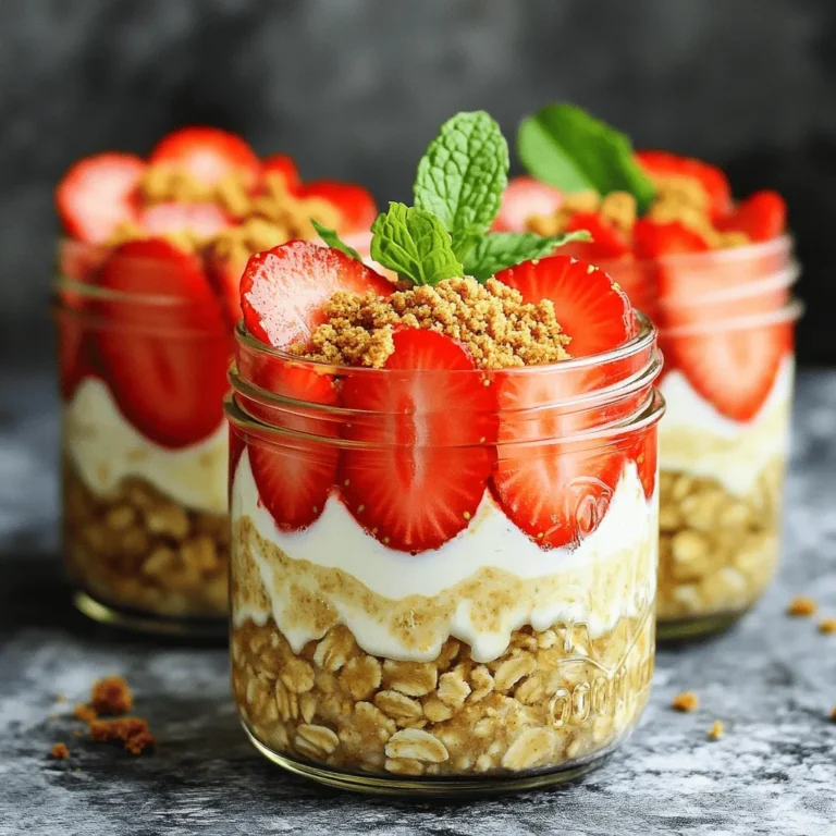 For my delightful Strawberry Cheesecake Overnight Oats, you will need: - 1 cup rolled oats - 1 cup unsweetened almond milk (or any milk of choice) - 1/2 cup Greek yogurt - 1 tablespoon maple syrup (or honey) - 1 teaspoon vanilla extract - 1/2 teaspoon ground cinnamon - 1/4 cup cream cheese, softened - 1 cup fresh strawberries, hulled and sliced - Graham cracker crumbs for topping (optional) You can use any milk you like. I prefer unsweetened almond milk for a nutty taste. Regular cow’s milk works well, too. Try oat milk for a creamy texture. Each milk adds its own flavor, so pick what you enjoy most. Top your oats with fresh strawberries for a burst of flavor. Graham cracker crumbs add a crunchy texture that mimics cheesecake. You can also add whipped cream for extra sweetness. A sprinkle of nuts or seeds can provide a nice crunch. Get creative with your toppings! Start by gathering all your ingredients. You will need rolled oats, almond milk, Greek yogurt, maple syrup, vanilla extract, ground cinnamon, cream cheese, fresh strawberries, and graham cracker crumbs. Measuring helps ensure good flavor and texture. In a large mixing bowl, pour in 1 cup of rolled oats. Add 1 cup of unsweetened almond milk, 1/2 cup of Greek yogurt, 1 tablespoon of maple syrup, 1 teaspoon of vanilla extract, and 1/2 teaspoon of ground cinnamon. Mix everything well until fully combined. This base gives you a creamy texture perfect for overnight oats. In a small bowl, take 1/4 cup of softened cream cheese. Whisk it until it is smooth. Gradually fold the cream cheese into the oat mixture. Use a spatula to avoid lumps. This step is key, as it makes your oats taste like cheesecake. Mix gently so you keep the air in the mixture. Once it’s blended well, fold in the sliced strawberries. Save some for the top later. To get the best texture, use rolled oats. They soak up milk well. Quick oats can get mushy. Aim for a creamy mix by blending the cream cheese smoothly. Add a little extra milk in the morning if it seems thick. This helps create a nice, creamy feel. Store your oats in mason jars or airtight containers. This keeps them fresh and tasty. Make sure to seal them well to avoid spills in the fridge. You can make two or three servings at a time. This way, you have breakfast ready for the next few days. You can prepare your oats the night before. This saves time on busy mornings. Just mix everything and let it sit overnight. You can grab a jar and go. It’s a quick and healthy breakfast option when you’re in a hurry. {{image_2}} You can switch up the fruit in your overnight oats. Try blueberries or raspberries for a new taste. Sliced bananas add a nice sweetness, too. Each fruit brings its own flavor, making your oats fun and fresh. Mix and match your favorites to keep things exciting! If you want a dairy-free version, swap Greek yogurt for coconut yogurt. Use any plant-based milk, like oat or soy milk. You still get a creamy texture without the dairy. This makes your dish friendly for those with lactose issues or those who choose to avoid dairy. To amp up the protein, stir in a spoonful of nut butter, like almond or peanut. You can add chia seeds or flaxseeds for extra nutrition. These small changes make your meal heartier and will keep you full longer. Plus, they add nice flavors and textures to your oats! To keep your strawberry cheesecake overnight oats fresh, store them in the fridge. Use airtight containers or mason jars with tight lids. This helps prevent any odors from mixing. Make sure the oats are fully sealed before placing them in the fridge. It’s best to put them on a shelf rather than the door. The door can get warmer when you open it. These oats stay good in the fridge for up to three days. After three days, the oats might get too soft and lose their fresh taste. If you notice any changes in smell or texture, it’s best to throw them out. Always check for signs of spoilage before eating. You can enjoy these oats cold or warm. If you prefer them warm, place them in a bowl. Add a splash of milk to help soften the oats. Heat them in the microwave for about 30 seconds. Stir well and check the temperature before eating. Enjoy your delicious strawberry cheesecake overnight oats! Yes, you can use quick oats. Quick oats absorb liquid faster. This means they will soften more quickly than rolled oats. If you prefer a smoother texture, quick oats work well. Just keep in mind they may become mushy if soaked too long. You can use regular yogurt or dairy-free yogurt. If you want a creamier texture, sour cream is a good option too. For a vegan choice, use silken tofu blended until smooth. Each of these substitutes provides a different flavor and texture. Overnight oats last up to five days in the fridge. Store them in airtight containers. This way, they stay fresh longer. If you notice any off smell or taste, it’s best to discard them. Enjoy your oats within a few days for the best flavor! In this post, we covered how to make easy and tasty overnight oats. You learned about the right ingredients and some milk options. I shared helpful tips for the best texture and making it ahead of time. We explored fun variations, from fruit choices to protein boosts. Proper storage and answers to common questions are also key. Now, you have all the tools to enjoy delicious overnight oats that fit your needs. Happy cooking!