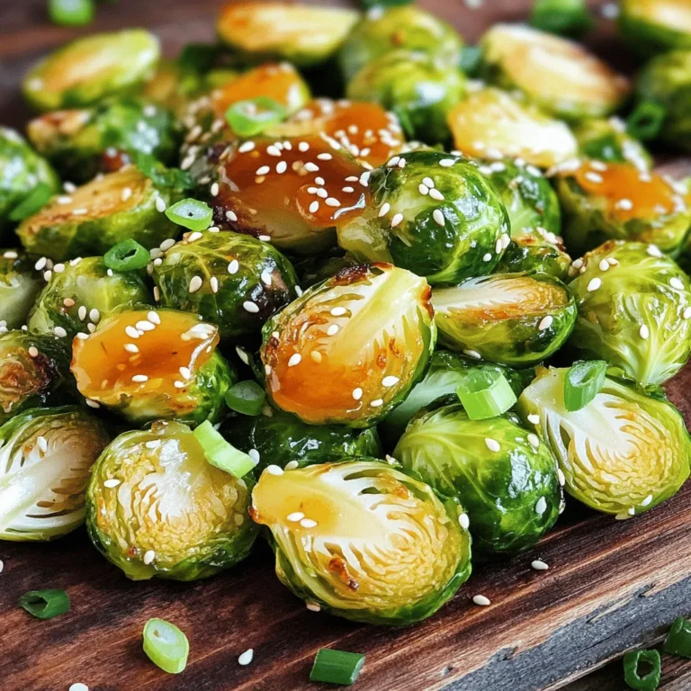 To make Honey Sriracha Brussels sprouts, you need these key items: - 1 lb Brussels sprouts, trimmed and halved - 3 tablespoons olive oil - 2 tablespoons honey - 2 tablespoons Sriracha sauce - 2 cloves garlic, minced - Salt and pepper to taste Each ingredient plays a role. The Brussels sprouts bring earthy flavors. Olive oil helps them roast nicely. Honey adds sweetness, while Sriracha brings heat. Garlic gives a fragrant kick. Salt and pepper enhance all the tastes. Garnishes can make your dish pop! I suggest adding: - 1 tablespoon sesame seeds - 2 green onions, sliced Sesame seeds add crunch, and green onions give a fresh bite. These garnishes also make your dish look more appealing. If you need to swap ingredients, here are some ideas: - For olive oil, use avocado oil or melted coconut oil. - Maple syrup can replace honey for a vegan option. - Any hot sauce can work instead of Sriracha. These substitutions keep the dish tasty while allowing you to use what you have. Enjoy mixing and matching to find your perfect flavor! Start by preheating your oven to 425°F (220°C). This heat will help the Brussels sprouts become crispy. Next, trim and halve 1 lb of Brussels sprouts. Make sure they are fresh and green. In a large bowl, mix the halved Brussels sprouts with 3 tablespoons of olive oil, 2 tablespoons of honey, and 2 tablespoons of Sriracha sauce. Add 2 minced garlic cloves for flavor. Toss everything well to coat the sprouts evenly. Season with salt and pepper to taste. This step is key to enhancing the taste. Spread the coated Brussels sprouts on a lined baking sheet. Ensure they are in a single layer. This helps them roast well. Place the baking sheet in your hot oven. Roast for 20-25 minutes. Halfway through, stir the Brussels sprouts. You want them crispy outside and tender inside. When they are done, take them out of the oven. Drizzle any leftover honey and Sriracha mixture over the top for an extra kick. Transfer the Brussels sprouts to a serving platter. To make them look nice, sprinkle 1 tablespoon of sesame seeds and 2 sliced green onions on top. This adds color and crunch. You can serve these as a side dish or a main. They pair well with grilled chicken or rice. Enjoy the sweet and spicy flavor! To get crispy Brussels sprouts, use a hot oven. Preheat to 425°F (220°C). This high heat helps them roast perfectly. Cut the sprouts in half for more surface area. Spread them out on the baking sheet. Make sure they are not crowded. If they touch, they will steam, not crisp. Stir them halfway through cooking to get an even crunch. You can change the spice in this dish. If you want less heat, cut back on the Sriracha. Start with one tablespoon and taste the mix. You can also add more honey. This will balance the heat with sweetness. For extra spice, add more Sriracha or sprinkle some chili flakes on top. Taste as you go, and find your perfect mix! For this recipe, you need a few basic tools. A large mixing bowl helps combine the ingredients. A baking sheet lined with parchment paper makes cleanup easy. Use a sharp knife to cut the Brussels sprouts and a cutting board for safety. A spatula helps you stir the sprouts during cooking. These simple tools will make your cooking fun and easy! {{image_2}} You can make Honey Sriracha Brussels sprouts a full meal by adding protein. Grilled chicken or shrimp pairs well with the flavors. You can also toss in crispy tofu for a vegetarian option. Simply cube the tofu and add it to the bowl with Brussels sprouts before roasting. The extra protein will make your dish hearty and satisfying. If you want to switch things up, try different sauces. A spicy teriyaki sauce gives a great Asian twist. You can also use a sweet chili sauce for a milder flavor. If you love garlic, mix in a garlic soy sauce for an umami boost. Experimenting with sauces can lead to many tasty results. This recipe is easy to adapt for vegans. Use maple syrup instead of honey for sweetness. Make sure your Sriracha is vegan, as some brands may contain fish sauce. You still get that sweet and spicy kick without any animal products. Enjoy your Brussels sprouts guilt-free! To store your Honey Sriracha Brussels sprouts, let them cool first. Place them in an airtight container. This keeps them fresh for up to three days. Store them in the fridge. If you plan to eat them soon, this method works great. When reheating, you want to keep them crispy. Preheat your oven to 375°F (190°C). Spread the Brussels sprouts on a baking sheet. Bake for about 10-15 minutes. This method helps them regain their crunch. You can also use a skillet over medium heat for a quick reheat. Freezing is an option, but it may change the texture. If you want to freeze them, do it before cooking. Trim and halve the Brussels sprouts, then blanch them for three minutes. Cool them quickly in ice water. After that, drain and pack them in a freezer bag. They can last for up to three months. When ready to use, cook them from frozen, adding a few extra minutes to the roasting time. Yes, you can use frozen Brussels sprouts. However, fresh ones taste better. Frozen sprouts may be softer after cooking. To use frozen sprouts, thaw them first. Then, follow the recipe as usual. To cut the spice, add more honey. You can also reduce the amount of Sriracha. Another option is to mix in some soy sauce. This adds flavor without adding heat. These Brussels sprouts pair well with grilled chicken or steak. You can also serve them with rice or quinoa. They make a great side for any meal. Try adding them to a salad for a crunchy twist. Yes, you can prep the Brussels sprouts ahead. Just coat them with the sauce and store them in the fridge. Bake them when you are ready to eat. Leftovers last about 3 days in the fridge. Store them in an airtight container. Reheat them in the oven or microwave before serving to enjoy their flavor again. You now have a complete guide for Honey Sriracha Brussels Sprouts. We've covered main ingredients, garnishes, and substitutions. The step-by-step cooking process ensures delicious results. Tips for crispiness and spice adjustments help you tailor the flavors. You can explore variations and storage advice to save leftovers. Enjoy experimenting with this dish! Cooking should be fun and easy. Happy cooking, and I hope you love this dish as much as I do!