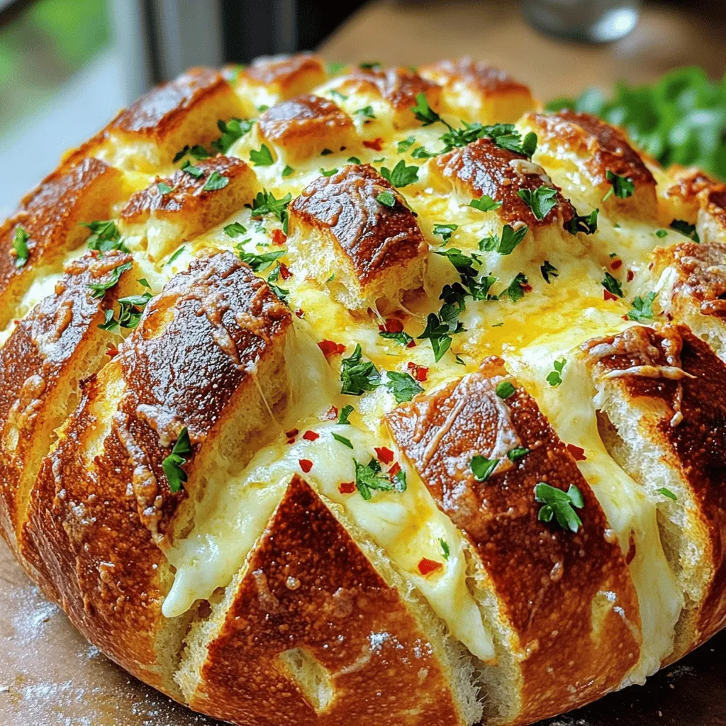 - 1 large loaf of crusty bread (Italian or French) - ½ cup unsalted butter (melted) - 4 cloves garlic (minced) - 1 cup shredded mozzarella cheese - ½ cup grated Parmesan cheese - 2 tablespoons fresh parsley (chopped) - 1 teaspoon dried oregano - ½ teaspoon red pepper flakes (optional) - Salt and pepper to taste Gathering the right ingredients makes this recipe shine. You want a good loaf of bread. Italian or French bread works great. The crust adds texture and flavor. Unsalted butter is best for this dish. It melts nicely with garlic. Fresh garlic brings strong flavor. You will need four cloves. Minced garlic blends well with the butter. Cheese is key to cheesy pull-apart garlic bread. Use one cup of shredded mozzarella. This cheese melts perfectly. Add half a cup of grated Parmesan for a salty kick. Fresh parsley adds color and taste. Chop two tablespoons and mix it in. Dried oregano adds a nice herb note. Use one teaspoon for a balanced flavor. If you like heat, include red pepper flakes. Just half a teaspoon will do. Finally, season with salt and pepper to taste. This ensures the bread has all the right flavors. With these ingredients ready, you’ll create a tasty treat that everyone will love. - Preheat the oven to 375°F (190°C). - In a small bowl, mix the melted butter, minced garlic, chopped parsley, oregano, red pepper flakes, salt, and pepper. - Using a serrated knife, cut deep lines in the loaf of bread diagonally. Make sure not to cut all the way through. - Open each cut slightly and brush the garlic butter mix into them. - Stuff the shredded mozzarella and grated Parmesan cheese into each cut, pressing gently. - Wrap the loaf in aluminum foil and place it on a baking sheet. - Bake for 15 minutes covered. Then, remove the foil and bake for another 10-15 minutes, until the cheese melts and the top is golden brown. - Use fresh herbs like parsley. They give a bright taste. - Choose a crusty bread, like Italian or French. This makes the bread hold up well. - For mozzarella, use low-moisture cheese. It melts well and stays gooey. - Mix mozzarella and Parmesan for flavor. Spread cheese evenly in each cut. - Pair the bread with marinara or ranch dip. It adds different flavors. - Serve with a warm bowl of soup. It makes a great meal. {{image_2}} You can switch up the cheese for fun flavors. Try sharp cheddar for a tangy taste. Gouda brings a nice smokiness. For extra creaminess, add cream cheese. It makes the bread rich and smooth. Just mix it with the other cheeses. This twist keeps things exciting! Herbs and spices can really amp up the flavor. Fresh basil and thyme smell great and taste amazing. You can also toss in cooked bacon for a savory crunch. If you like heat, add jalapeños. They give the bread a spicy kick that wakes up your taste buds! If you need gluten-free bread, look for gluten-free loaves. Many stores offer tasty options now. You can also use gluten-free baguettes. Just make sure to check the labels. Adjust the butter and cheese as needed for taste. This way, everyone can enjoy this cheesy treat! To keep your cheesy pull-apart garlic bread fresh, place it in an airtight container. You can also wrap it tightly in plastic wrap. Store it in the fridge for up to three days. If you want to keep it longer, freezing is a great option. - Freezing the cheesy bread: Cut the bread into portions before freezing. Wrap each piece tightly in foil or plastic wrap, then place them in a freezer bag. This way, you can grab a piece whenever you want. When it’s time to enjoy your leftovers, reheating can make them taste fresh again. - Oven reheating for optimal texture: Preheat your oven to 350°F (175°C). Place the bread on a baking sheet. Cover it with foil to keep it moist. Heat for about 10-15 minutes or until warm. Remove the foil for the last few minutes for a crispy top. - Microwave method for quick warming: If you’re in a hurry, use the microwave. Place a piece of bread on a microwave-safe plate. Cover it with a damp paper towel. Heat for 20-30 seconds. Check to see if it’s warm enough. Your cheesy pull-apart bread can last a few days in the fridge. It’s best to eat it within three days for the best taste. - Signs that leftover bread has gone bad: If you see mold or a strange smell, it’s time to toss it. Also, if the bread feels dry and hard, it may not taste good anymore. Always trust your senses! You can serve cheesy pull-apart garlic bread with many dishes. Here are some great options: - A fresh garden salad for a light touch. - Tomato soup for a cozy pairing. - Grilled meats for a hearty meal. - Spicy marinara or pesto as a dip. - Roasted vegetables for added nutrition. These sides will balance the rich, cheesy bread. Yes, you can prep this bread ahead of time. Here’s how: - Make the garlic butter mix and store it in the fridge. - Cut the bread and fill it with cheese and garlic butter. - Wrap the loaf tightly in foil and keep it in the fridge. You can bake it later, just remember to add a few extra minutes of baking time. To reduce grease in cheesy bread, try these tips: - Use less butter, around 1/4 cup instead of 1/2 cup. - Mix in some olive oil for flavor without too much grease. - Choose low-fat cheese options, like part-skim mozzarella. These changes will help keep the taste but cut down on grease. This blog post gave you a guide to making cheesy pull-apart garlic bread. We covered ingredients, step-by-step instructions, tips, and variations. Remember, using fresh herbs and the right bread makes a big difference. Feel free to get creative with cheeses and flavors. Leftovers can be stored well, and reheating gives you that fresh taste again. With these tips, you can impress friends or family with this easy but tasty dish. Enjoy the cheesy goodness!