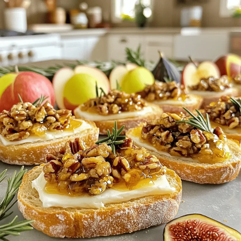 - 1 French baguette, sliced into 1/2 inch pieces - 8 ounces brie cheese, rind on - 1/2 cup pecans, chopped The main ingredients create a rich and tasty base for this crostini. The French baguette gives a crispy bite. Brie cheese adds creaminess and depth. Chopped pecans bring a nice crunch and nutty flavor. - 1/4 cup maple syrup - 2 tablespoons unsalted butter - 1 tablespoon fresh rosemary, chopped These seasonings and toppings make the crostini shine. Maple syrup adds sweetness, balancing the flavors. Unsalted butter helps the pecans toast nicely. Fresh rosemary gives a hint of earthiness that ties everything together. - Fresh figs - Apple slices - Salt and pepper Optional garnishes add extra flair. Fresh figs bring a sweet touch. Apple slices add a crisp bite. A sprinkle of salt and pepper enhances the overall flavor, making each bite even better. - Preheat your oven to 375°F (190°C). - Slice the French baguette into 1/2 inch pieces. Make sure the slices are even for cooking. - Brush each baguette slice lightly with melted butter. This step adds flavor and helps with browning. - Place the slices on a baking sheet. Bake them for about 8-10 minutes. Watch for a golden and crispy look. - Toast the pecans in a small skillet over medium heat. This takes about 2-3 minutes. Keep stirring to avoid burning. - Once toasted, add the remaining melted butter to the skillet. Then stir in the maple syrup and chopped rosemary. - Let it simmer for 1-2 minutes until it thickens slightly. Season with salt and pepper to taste. - Remove the crostini from the oven. Let them cool for a minute. - Slice the brie cheese into thin pieces. Place one slice on each crostini. - Top with the warm maple pecan mixture. Let some spill over for a nice rustic look. Optionally, you can garnish with fresh figs or apple slices for extra color and flavor. Enjoy your Maple Pecan Brie Crostini! To ensure a crispy texture, choose a fresh French baguette. Slice it into 1/2 inch pieces. Brush each slice with melted butter before baking. This will help create a golden, crunchy base. Bake them at 375°F for 8-10 minutes. Keep an eye on them to avoid burning. To keep the bread from getting soggy, add the toppings just before serving. Warm toppings can soften the bread, so serve them fresh. If you need to prepare in advance, store the crostini and toppings separately. For extra taste, consider adding a pinch of cinnamon to your maple pecan mix. This will give it a warm, cozy flavor. You can also try a drizzle of balsamic glaze for a tangy kick. When pairing with wine, a light white wine like Sauvignon Blanc works well. It complements the cheese and maple. For a red option, a light Pinot Noir can enhance the nutty flavors. For serving, arrange the crostini on a large platter. This allows guests to see the beautiful colors and textures. Place the warm crostini in a circle or line for a neat look. For creative garnishes, use fresh figs or apple slices. These add vibrant color and a fresh taste. Sprinkle some chopped rosemary on top for an added touch. This makes the dish both tasty and lovely to look at. {{image_2}} You can swap brie for other cheeses. Camembert works well, too. It has a similar creamy texture. You might also try goat cheese for a tangy twist. Mixing cheeses adds fun flavors. Blend brie with a bit of sharp cheddar. This mix can create a rich taste that surprises your mouth. Fruits can brighten your crostini. Fresh figs add sweetness and a chewy texture. You can also use thin apple slices for a crisp bite. If you want more crunch, add walnuts or almonds. These nuts pair nicely with the maple syrup. Don’t be afraid to experiment with seasonal fruits. Pears or cranberries can also add a festive touch. The maple syrup can change your crostini’s taste. If you like less sweetness, use less syrup. Start with a few teaspoons and taste as you go. You can also try honey or agave syrup as alternatives. These sweeteners can bring new flavors. Adjust to your own preference for a perfect balance. To store leftover crostini, keep them in an airtight container. This helps keep them crisp. Place parchment paper between layers if you stack them. For the toppings, store them separately. Use a small container with a lid to keep them fresh. To reheat crostini, use an oven or toaster oven. Preheat the oven to 350°F (175°C). Bake for about five minutes. This warms them without making them soggy. Avoid the microwave, as it can cause moisture loss and make them chewy. These crostini stay fresh for up to three days in the fridge. Look for a change in color or smell to spot spoilage. If they feel soft or mushy, it’s best to toss them. Always trust your senses when it comes to food safety. Choosing the right baguette is key. A French baguette works well. It has a nice crust and soft inside. Slice it into 1/2 inch pieces. This size is perfect for topping. You want it crispy but not too hard. Other breads can work too, like ciabatta. Just ensure they are sturdy enough for toppings. Yes, you can make them in advance. Bake the crostini earlier in the day. Store them in an airtight container. You can prepare the pecan topping too. Just keep it in the fridge. Before serving, warm the topping and add it to the crostini. This keeps everything fresh and tasty. These crostini are great for many events. They shine at parties and gatherings. Serve them at game nights or holiday dinners. They also make a nice snack for a cozy night in. Their sweet and savory flavors please many guests. Yes, you can make this recipe vegan. Swap the brie with a vegan cheese. Many brands offer creamy options that melt well. Use vegan butter for brushing the bread. Maple syrup is already vegan, so no change needed. This way, everyone can enjoy these tasty bites. You can customize the flavors easily. Try adding different nuts like walnuts or almonds. Change the herbs too; thyme or sage add great taste. For sweetness, use honey or agave syrup. You can also add fruits like cranberries for a twist. Get creative and make it your own! In this article, I covered how to make Maple Pecan Brie Crostini. We explored essential ingredients like French baguette, brie cheese, and pecans, alongside delicious seasonings like maple syrup and rosemary. I shared step-by-step instructions for prepping, baking, and assembling your dish. Remember, the right cheese and creative toppings can elevate your crostini. With tips on storage and variations, you can enjoy this treat anytime. Enjoy making these tasty bites!