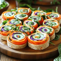 - 4 large whole wheat tortillas - 1 cup cream cheese, softened - 1/2 cup hummus - 1 cup shredded carrots - 1 cup spinach leaves, chopped - 1 red bell pepper, thinly sliced - 1 cucumber, thinly sliced - 1 cup purple cabbage, shredded - Fresh herbs (like basil or cilantro) for garnish - Salt and pepper to taste - Best types of tortillas to use: Whole wheat tortillas work great for these pinwheels. They add fiber and a nutty flavor. You can also try spinach tortillas for a fun twist! - Substitutes for cream cheese and hummus: If you want a dairy-free option, use a nut-based cream cheese. For hummus, you can swap in guacamole or bean dip for a different taste. - Seasonal vegetable recommendations: Use fresh veggies that are in season. In summer, try zucchini or bell peppers. In fall, roasted sweet potatoes can add warmth and flavor. Start by getting your workspace ready. Clean a flat surface or a cutting board. Lay out 4 large whole wheat tortillas. Next, grab a bowl. Put 1 cup of softened cream cheese and 1/2 cup of hummus in the bowl. Mix them together until smooth. This mixture will add creaminess to your pinwheels. Make sure it's well combined for the best flavor. Now, it’s time to layer your veggies. Spread a generous layer of the cream cheese mixture on each tortilla. Begin with 1 cup of shredded carrots. Next, add 1 cup of chopped spinach. Follow with thin slices of 1 red bell pepper. Then, add 1 thinly sliced cucumber. Finally, sprinkle in 1 cup of shredded purple cabbage. This order helps create a balanced taste in every bite. Don’t forget to add a pinch of salt and pepper to enhance the flavors. If you have fresh herbs like basil or cilantro, sprinkle them on top for a fresh touch. To roll the tortillas, start at one end. Tightly roll from one side to the other, keeping all the filling inside. It helps to press gently as you roll. Once rolled, grab a sharp knife. Slice the pinwheels into bite-sized pieces, about 1 inch thick. Be careful not to squish them while cutting. This way, they will hold their shape and look great. Arrange your colorful pinwheels on a serving platter. You can garnish them with extra herbs for a pretty finish. To make your rainbow veggie pinwheels pop, arrange them in a circle. You can also stack them in a tower for a fun display. Use colorful plates to enhance the look. I like to serve them with toothpicks. This makes it easy for guests to grab a piece. Skewers work well too, especially for larger gatherings. Adding herbs can boost flavor greatly. Fresh basil or cilantro adds a nice touch. You can also sprinkle in some garlic powder or paprika for a kick. Pair pinwheels with dips like ranch dressing or tzatziki. Hummus is a great choice too. These dips add extra moisture and taste. You can prepare pinwheels a day in advance. Just roll them up and wrap tightly in plastic wrap. That helps keep them fresh. Store them in the fridge until ready to serve. For best taste, eat them within two days. If you slice them before serving, use a sharp knife to avoid squishing the veggies. {{image_2}} You can change up the tortillas for your pinwheels. Whole wheat tortillas are healthy and tasty. Spinach tortillas add color and flavor. You can also use flavored tortillas, like sun-dried tomato or garlic. These add a fun twist to your snack. The fillings for your pinwheels can be different too. Try using alternative vegetables like bell peppers, zucchini, or even radishes. You can also add protein options like turkey or chicken slices. This makes your pinwheels more filling and fun. You can easily adapt this recipe for different diets. To make it vegan, swap cream cheese for a plant-based spread. Use hummus as your base for extra flavor. For gluten-free options, look for gluten-free tortillas. If you want low-carb, try using lettuce wraps instead of tortillas. These changes keep the pinwheels tasty and suitable for everyone. To keep your rainbow veggie pinwheels fresh, wrap them tightly in plastic wrap or foil. Store them in an airtight container in the fridge. These pinwheels last about 3 to 4 days when stored properly. Check for freshness before eating. Yes, you can freeze pinwheels! First, wrap each pinwheel in plastic wrap. Then, place them in a freezer-safe bag. They can stay frozen for up to 2 months. To reheat, let them thaw in the fridge overnight. Slice and enjoy cold, or heat them gently in a microwave. To ensure your pinwheels stay fresh when serving, prepare them close to serving time. If you need to make them ahead, keep them in the fridge until it’s time to serve. For parties or potlucks, use a platter with a lid or cover them with a damp cloth to keep them moist. This keeps them looking great and tasty! To make rainbow veggie pinwheels, follow these steps: 1. Lay out four whole wheat tortillas on a clean surface. 2. In a bowl, mix 1 cup of softened cream cheese with 1/2 cup of hummus until smooth. 3. Spread this mixture evenly on each tortilla. 4. Start layering: add 1 cup of shredded carrots, 1 cup of chopped spinach, thin slices of 1 red bell pepper, and 1 thinly sliced cucumber. 5. Next, add 1 cup of shredded purple cabbage. 6. Sprinkle a pinch of salt and pepper on the veggies for taste. 7. If you want, add fresh herbs like basil or cilantro on top. 8. Tightly roll each tortilla from one end to the other. 9. Use a sharp knife to slice the rolled tortillas into 1-inch pieces. Yes, you can prepare rainbow veggie pinwheels in advance. I suggest making them a few hours before serving. This gives the flavors time to blend. Keep them wrapped in plastic wrap to stay fresh. You can store them in the fridge for up to 24 hours. Just slice them before serving. Great dips for rainbow veggie pinwheels include: - Ranch dressing - Hummus - Spinach dip - Guacamole - Salsa These dips add extra flavor and make snacking even more fun! Absolutely! Rainbow veggie pinwheels are very healthy. They are packed with vitamins and minerals from all the colorful veggies. Whole wheat tortillas provide good fiber. Cream cheese and hummus add protein. Eating these pinwheels gives you energy and keeps you full. Plus, they are low in calories, making them a smart snack choice. Rainbow veggie pinwheels are fun and healthy snacks. You prep tortillas, mix cream cheese with hummus, and layer fresh veggies. The key steps include rolling and slicing for perfect bites. Try adding herbs, spices, or different dips to boost flavor. Remember, you can customize them based on dietary needs. Store leftovers properly to keep them fresh. Enjoy your tasty creation, knowing you made a healthy choice!