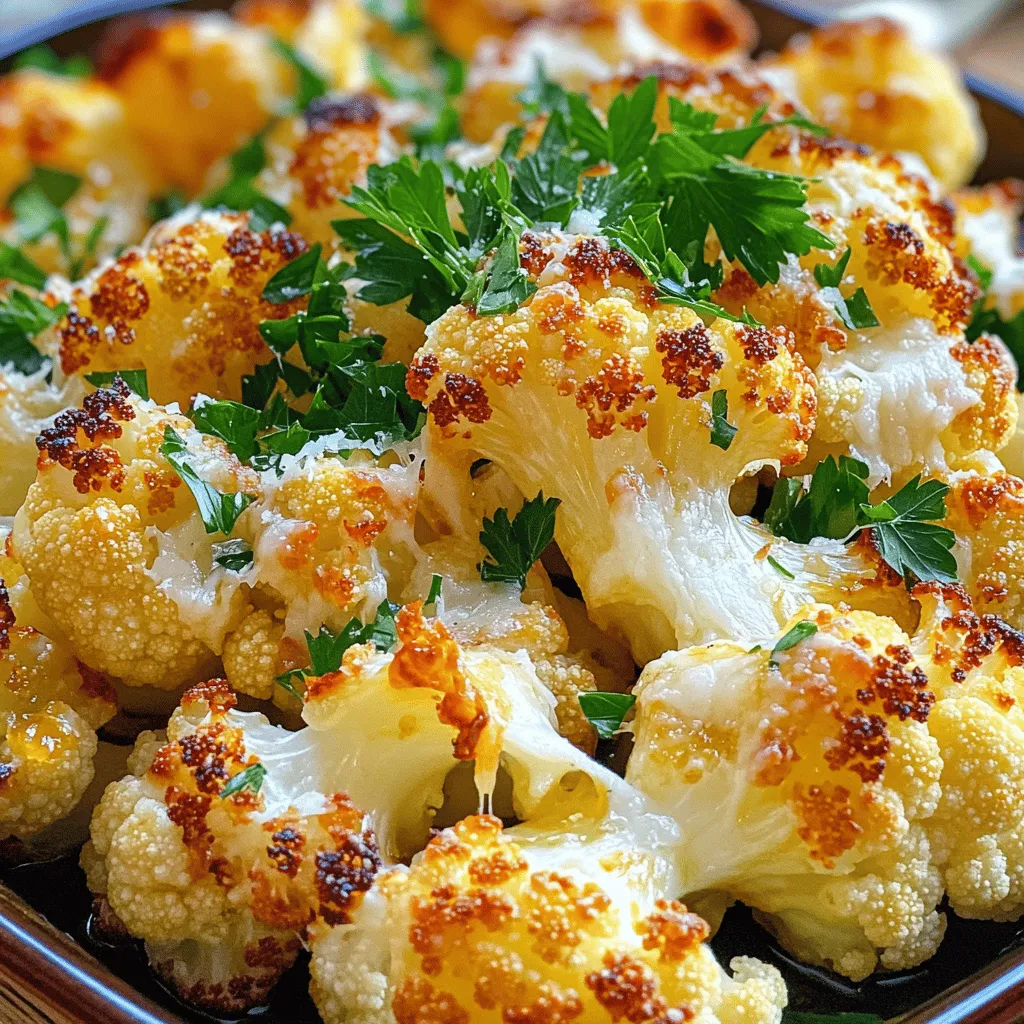 - 1 large head of cauliflower, cut into florets - 4 cloves garlic, minced - 1/4 cup grated Parmesan cheese - 2 tablespoons olive oil - 1 teaspoon Italian seasoning - Salt and pepper to taste - Fresh parsley, chopped (for garnish) - Extra Parmesan for serving (optional) Each serving of Garlic Parmesan Roasted Cauliflower has about: - Calories: 120 - Protein: 5g - Fat: 8g - Carbohydrates: 10g - Fiber: 3g - Sugars: 2g - Baking sheet - Parchment paper - Large mixing bowl - Knife - Cutting board - Measuring cups and spoons - Spatula In this recipe, the tools help make cooking easy. The baking sheet holds the cauliflower while it roasts. Parchment paper keeps it from sticking. A mixing bowl helps combine the ingredients well. Use a knife and cutting board to chop the cauliflower and garlic. Measuring cups and spoons ensure you add the right amounts. A spatula is great for mixing and flipping the cauliflower. These tools make your cooking time fun and smooth! Start by preheating your oven to 425°F (220°C). This high heat helps the cauliflower roast well. Next, take a large head of cauliflower and cut it into bite-sized florets. Place them in a big mixing bowl. Add 4 minced garlic cloves, 2 tablespoons of olive oil, and 1 teaspoon of Italian seasoning. Season with salt and pepper to taste. Toss everything together until the cauliflower is coated well. This mixture gives the cauliflower a tasty flavor. Spread the seasoned cauliflower on a lined baking sheet in a single layer. Make sure the florets aren't crowded; this helps them roast evenly. Place the baking sheet in the preheated oven and roast for about 20 minutes. Halfway through, flip the florets to ensure they cook evenly. When done, they should be golden brown and tender. This step is key for great texture. Once the cauliflower is roasted, take it out of the oven. Sprinkle 1/4 cup of grated Parmesan cheese over the hot cauliflower. This cheese melts beautifully. Return the baking sheet to the oven for another 5 minutes. This helps the cheese become bubbly and golden. When it's ready, let it cool for a minute. Garnish with fresh parsley and extra Parmesan if you like. This adds a nice touch and flavor. Enjoy your Garlic Parmesan Roasted Cauliflower as a perfect side dish! One common mistake is overcrowding the pan. When you put too many florets on the baking sheet, they steam instead of roast. This makes them soggy. Aim for a single layer to let them brown evenly. Also, make sure to season well. Not enough salt can dull the flavor. For crispy cauliflower, choose fresh, firm florets. Cut them into even sizes. This helps them cook at the same rate. Toss them with olive oil and seasonings well. The oil helps them crisp up as they roast. You can also flip the florets halfway through cooking. This promotes even browning. Garnishes add a special touch. Fresh parsley brings a pop of color and freshness. Extra Parmesan cheese can enhance the cheesy flavor. You might also sprinkle some red pepper flakes for heat. A squeeze of lemon juice can add brightness. These small touches can take your dish to the next level! {{image_2}} You can change the taste of Garlic Parmesan Roasted Cauliflower easily. For a spicy kick, add red pepper flakes. If you love herbs, try fresh thyme or rosemary. A sprinkle of smoked paprika gives it a warm, smoky flavor. You can also mix in lemon zest for a bright, fresh taste. Experiment with your favorite spices to make it your own. Roasting other veggies with the cauliflower makes a colorful mix. Try adding broccoli, carrots, or bell peppers. Cut them into similar sizes for even cooking. This not only adds flavor but also nutrition. It makes your side dish more fun and exciting. Plus, the different colors make your plate look beautiful. If you want a vegan version, skip the Parmesan cheese. Instead, use nutritional yeast for a cheesy flavor. You can also try vegan cheese shreds. These options will keep your dish tasty without dairy. Just be sure to check for flavors that blend well with the garlic and cauliflower. To keep leftover roasted cauliflower fresh, let it cool first. Then, place it in an airtight container. Store it in your fridge for up to four days. Make sure to keep it covered well to avoid drying out. When you reheat roasted cauliflower, use the oven for best results. Preheat your oven to 350°F (175°C). Place the cauliflower in a baking dish. Cover it with foil to keep it moist, and heat for about 10-15 minutes. This method helps it stay crispy, not soggy. You can freeze Garlic Parmesan Roasted Cauliflower, but it may change texture. First, let it cool completely. Then, place the florets in a freezer bag or container. Remove as much air as possible. It will last in the freezer for up to three months. To use, thaw it in the fridge overnight before reheating. Yes, you can use frozen cauliflower. However, it may not get as crisp. Thaw the cauliflower first and pat it dry. This removes excess moisture and helps it roast better. You may need to adjust the cooking time since frozen cauliflower takes longer to cook. Roast the cauliflower at 425°F (220°C). This high temperature helps to caramelize the edges and gives it a nice golden color. Preheating the oven ensures that the cauliflower cooks evenly and becomes tender. Roasted cauliflower lasts about 3 to 5 days in the fridge. Store it in an airtight container to keep it fresh. When you're ready to eat, just reheat it in the oven or microwave until warm. Garlic Parmesan roasted cauliflower is simple and delicious. We covered the ingredients, tools, and steps needed. I shared the best tips for crispiness and tasty variations. Plus, I included storage tips to enjoy leftovers. Now, you can make this dish with ease. Experiment with flavors or add other veggies. Enjoy your tasty creation, and don’t forget to share it with friends!