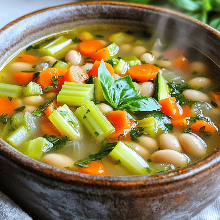 To make this soup, you need a few main ingredients: - 2 cups canned white beans (cannellini or great northern), drained and rinsed - 1 medium onion, diced - 3 cloves garlic, minced - 2 carrots, diced - 2 celery stalks, diced - 1 zucchini, diced - 4 cups vegetable broth - 1 cup chopped kale or spinach - 1 teaspoon dried oregano - 1 teaspoon dried rosemary - Salt and pepper to taste - 2 tablespoons olive oil - Fresh basil or parsley for garnish These simple ingredients come together to create a warm and hearty soup. The beans provide protein, while the vegetables add flavor and texture. I love how the garlic and herbs give it a nice aroma. You can add a few optional ingredients to boost the taste even more: - A pinch of red pepper flakes for heat - A splash of lemon juice for brightness - Grated Parmesan cheese for creaminess These extras can really help you customize the soup to your liking. I often add red pepper flakes for a little kick! This soup is not just tasty; it's also good for you. Here is a quick look at the nutrition: - High in fiber from the beans and vegetables - Low in calories, making it a great choice for a healthy meal - Packed with vitamins from the fresh veggies Each serving gives you energy without weighing you down. It’s a perfect dish for any time of year! To start, gather your fresh veggies. You will need: - 1 medium onion, diced - 2 carrots, diced - 2 celery stalks, diced - 1 zucchini, diced - 3 cloves garlic, minced First, heat 2 tablespoons of olive oil in a large pot over medium heat. Add the diced onion, carrots, and celery. Sauté these for about 5 to 7 minutes. You want the vegetables to be tender and the onions to look clear. This step builds the base flavor for your soup. Next, add the minced garlic. Cook this for one more minute. You will smell its fragrant aroma, which adds depth to the dish. Now, it's time to add more ingredients. Toss in: - 2 cups canned white beans (cannellini or great northern), drained and rinsed - 1 teaspoon dried oregano - 1 teaspoon dried rosemary - Salt and pepper to taste Mix everything well in the pot. After that, add the diced zucchini. This adds a nice texture and flavor. Stir to combine all the ingredients. Pour in 4 cups of vegetable broth. Bring this mixture to a boil. Once boiling, reduce the heat to low. Let it simmer for about 20 minutes. This allows all the flavors to blend together beautifully. After 20 minutes, it’s time to add greens. Add 1 cup of chopped kale or spinach. Cook for another 5 minutes. You want the greens to wilt and be tender. Taste the soup and adjust the seasoning if needed. You might find it needs a bit more salt or pepper. This soup is all about balance and flavor. Now your Tuscan white bean soup is ready! Serve it hot, garnished with fresh basil or parsley. Enjoy the warm, hearty flavors of this dish. To make the best Tuscan white bean soup, use fresh veggies. This adds rich flavor and texture. Start by sautéing the onion, carrots, and celery until soft. This step builds a great base. Add garlic last to keep its strong taste. Always taste the soup before serving. Adjust the salt and pepper to your liking. Garnish with fresh herbs for a pop of color and flavor. One common mistake is adding too much broth at once. This can dilute the flavors. Avoid overcooking the greens; they should be tender but not mushy. If using dried beans, soak them overnight. This helps them cook evenly. Lastly, don’t skip the herbs. They bring the dish to life. To boost the soup’s flavor, try adding a squeeze of lemon juice. This brightens the taste. You can also toss in some red pepper flakes for heat. A splash of balsamic vinegar adds depth. For a creamy touch, blend a portion of the soup and mix it back in. These simple changes make a big difference! {{image_2}} You can change the beans in this soup. Canned white beans work great. You can use cannellini or great northern beans. Both give a creamy texture. If you want more flavor, try using dried beans. Just soak them overnight and cook them longer. If you crave more protein, add sausage or chicken. Sauté the sausage before you add the veggies. Use Italian sausage for a nice kick. If you prefer chicken, shred it and stir it in toward the end. This adds heartiness to your soup. For a vegetarian or vegan twist, skip the meat. You can add more veggies instead. Try bell peppers or mushrooms for extra flavor. You can also use vegetable broth instead of chicken broth. This keeps the soup rich and tasty without any meat. To store leftover soup, let it cool first. Pour the soup into an airtight container. Seal it tightly. You can keep it in the fridge. It stays fresh for about three to four days. When you want to reheat the soup, pour it into a pot. Heat it on medium until hot. Stir often to keep it from sticking. You can also use a microwave. Place the soup in a bowl and cover it. Heat in 30-second bursts, stirring in between. If you want to freeze the soup, use freezer-safe containers. Leave some space at the top for expansion. Label the containers with the date. The soup stays good for up to three months in the freezer. To thaw, move it to the fridge overnight. Reheat it when you're ready to enjoy again. Tuscan White Bean Soup can last for about 3-4 days in the fridge. Store it in an airtight container. The soup stays fresh if you keep it cold. You can also see the soup change in texture over time. The beans may soak up more broth, making the soup thicker. Yes, you can make this soup ahead of time. It tastes even better the next day! The flavors blend nicely when it sits. Just cool the soup completely before you store it. Reheat it gently on the stove when you are ready to eat. You can serve this soup with crusty bread or a fresh salad. A simple green salad works well. You could also add a sprinkle of cheese on top for flavor. Fresh herbs like basil or parsley make a nice touch too. Tuscan White Bean Soup is simple and tasty. You learned about key ingredients, cooking steps, and tips. Each part helps make your soup better. You can choose beans or add protein. Store leftovers well for future meals. Remember, you can make this soup ahead. It’s perfect for any time. Try it out and enjoy your delicious soup!