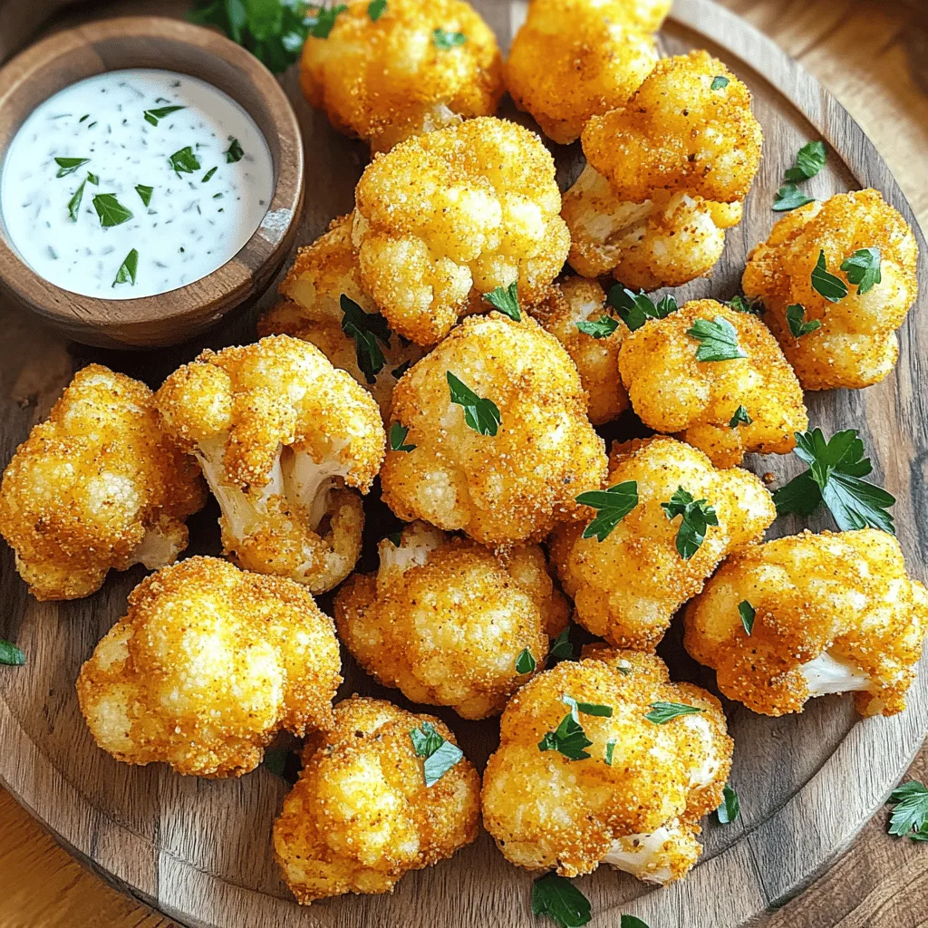 To make Air Fryer Spicy Ranch Cauliflower Bites, gather these ingredients: - 1 medium head of cauliflower, cut into florets - 1 cup buttermilk (or a dairy-free alternative) - 1 cup all-purpose flour (or gluten-free flour) - 1/2 cup cornmeal - 2 teaspoons garlic powder - 2 teaspoons onion powder - 1 tablespoon paprika - 1 teaspoon cayenne pepper (adjust for your spice level) - 1 teaspoon salt - 1 teaspoon black pepper - 1/2 cup ranch seasoning mix (store-bought or homemade) - Olive oil spray You can easily adjust measurements for your taste. For a milder flavor, reduce the cayenne pepper. If you need gluten-free options, use gluten-free flour and cornmeal. The buttermilk can also be swapped for almond milk or coconut milk for a dairy-free version. These cauliflower bites fit many diets. They can be vegan if you use a plant-based buttermilk and a vegan ranch seasoning. This recipe is also nut-free, so it works for most allergy concerns. If you want a low-carb option, you can try almond flour instead of all-purpose flour. Enjoy customizing this recipe to fit your needs! Start by rinsing your cauliflower. Cut it into small, bite-sized florets. This helps them cook evenly. Use a paper towel to pat them dry. This step removes extra moisture. It also helps the coating stick better later. Next, place your florets in a big bowl. Pour one cup of buttermilk over them. Let them marinate for at least 30 minutes. This step is key for flavor and texture. After marinating, take a new bowl. Mix together one cup of flour, half a cup of cornmeal, and the spices: garlic powder, onion powder, paprika, cayenne pepper, salt, and black pepper. Add half a cup of ranch seasoning to this mix. Stir well until everything is combined. When the cauliflower has marinated, take the florets out. Let the extra buttermilk drip off. Then, dredge each floret in your dry mixture. Make sure each piece is well-coated. This will give them a nice crunch when cooked. Preheat your air fryer to 400°F (200°C) for about five minutes. This step ensures even cooking. Spray the basket lightly with olive oil to prevent sticking. Place the cauliflower bites in a single layer in the basket. You may need to work in batches to avoid overcrowding. Before cooking, spray the tops of the florets with olive oil. This helps them crisp up nicely. Cook the cauliflower for about 10 to 12 minutes. Shake the basket halfway through. This ensures even cooking and crispy results. When they turn golden brown, they are ready. Once done, take them out and let them cool a bit before serving. To get that perfect crunch, start by drying the cauliflower well. Moisture makes it soggy. After marinating in buttermilk, shake off any extra liquid. Then, when coating, make sure every floret gets a good layer of the dry mix. This helps create a nice crispy shell when air-fried. I also like to spray a little olive oil on top before cooking. This adds crispiness and flavor. If you like heat, adjust the cayenne pepper in the recipe. Add more for a fiery kick or less for a milder taste. You can also mix in different spices like chili powder or smoked paprika to change the flavor. Tasting the dry mix before coating can help you find the right balance for your taste buds. A great dip can make these bites even better. I recommend serving them with ranch dressing, as it complements the flavors well. You can also try blue cheese dressing for a classic twist. Want something different? A spicy mayo or honey mustard can also enhance the experience. Experiment and find what you love! {{image_2}} You can change the flavor of these cauliflower bites easily. For a spicy Buffalo twist, add hot sauce to the buttermilk. Mix in one tablespoon of hot sauce for a zesty kick. You can also use BBQ sauce in the same way. Just brush some on after cooking for a sweet and smoky flavor. If you want to make this dish vegan, use plant-based milk instead of buttermilk. You can also swap the ranch seasoning for a vegan version. Many stores offer vegan ranch mixes. These small changes keep the flavors bold while fitting your diet. Cauliflower is great, but don’t stop there! You can use broccoli or zucchini. Cut them into similar bite-sized pieces. Just adjust the cooking time based on their size. Smaller pieces cook faster, so keep an eye on them. These alternatives add variety and fun to your meals! To keep your air fryer spicy ranch cauliflower bites fresh, store them in an airtight container. Use parchment paper between layers to prevent sticking. Place the container in the fridge. They stay good for up to three days. If you want to keep them longer, consider freezing. For reheating, the air fryer works best. Preheat your air fryer to 350°F (175°C). Place the cauliflower bites in the basket for about 5-7 minutes. This method helps restore their crispiness. You can also use an oven. Just heat the oven to 350°F (175°C) and bake for about 10 minutes. To freeze, let the cauliflower bites cool completely. Arrange them in a single layer on a baking sheet. Freeze for about an hour. Once frozen, transfer them to a freezer bag. Remove as much air as possible. They can stay in the freezer for up to three months. When ready to eat, cook them straight from frozen in the air fryer. Yes, you can use frozen cauliflower. However, thaw it first. Pat it dry to remove extra moisture. This step helps the coating stick better. Frozen cauliflower may have a softer texture after cooking. If you prefer a firmer bite, fresh cauliflower works best. Making homemade ranch seasoning is easy. Mix these ingredients in a bowl: - 1 teaspoon dried dill - 1 teaspoon garlic powder - 1 teaspoon onion powder - 1 teaspoon dried parsley - 1/2 teaspoon salt - 1/2 teaspoon black pepper Stir well to combine. You can adjust the flavors to your taste. Store it in an airtight container for later use. Serve spicy ranch cauliflower bites on a platter. A bowl of creamy ranch dressing makes a great dip. You can also sprinkle fresh parsley or green onions for color. These bites pair well with carrot and celery sticks. For a fun twist, try them on a taco or in a wrap! This post covered the key steps to making delicious spicy ranch cauliflower bites. We explored ingredient lists and substitutions, plus cooking tips for perfect crispiness. You learned about variations for different tastes and dietary needs. Proper storage and reheating methods help keep your bites fresh. Remember, cooking is fun and you can always add your twist. Enjoy experimenting with flavors, and don’t hesitate to try out new sauces. Your kitchen creativity can lead to tasty results!