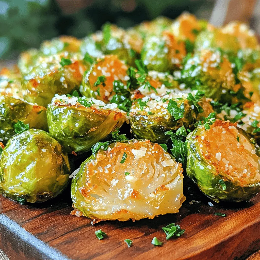 - 1 pound Brussels sprouts, trimmed and halved - 3 tablespoons olive oil - 4 cloves garlic, minced - 1 teaspoon smoked paprika - ½ teaspoon black pepper - ½ teaspoon salt - ½ cup grated Parmesan cheese - 2 tablespoons fresh parsley, chopped (for garnish) - A squeeze of lemon juice (optional) To make Air Fryer Crispy Garlic Parmesan Brussels Sprouts, start with fresh Brussels sprouts. You need one pound, trimmed and halved. This helps them cook evenly. Use three tablespoons of olive oil to coat them well. The oil adds flavor and helps with crispiness. Next, you’ll want four cloves of garlic, minced finely. Garlic adds a strong taste that pairs great with the sprouts. For seasoning, use one teaspoon of smoked paprika, and half a teaspoon each of black pepper and salt. These spices enhance the flavor. Don’t forget the star ingredient: half a cup of grated Parmesan cheese! This cheese brings a rich, savory element to the dish. Finally, for garnish, chop two tablespoons of fresh parsley. A squeeze of lemon juice adds a nice, bright touch if you like. Gathering these ingredients sets you up for a tasty, crispy treat. Once you have everything, you’re ready to move on to the cooking process! Start this recipe by preheating your air fryer to 375°F (190°C). This process takes about 5 minutes. Preheating ensures your Brussels sprouts cook evenly and get that perfect crisp. Trim the ends off the Brussels sprouts and slice them in half. This helps them cook faster and get crispy. In a large bowl, add the halved Brussels sprouts. Pour in 3 tablespoons of olive oil, then add 4 minced garlic cloves, 1 teaspoon of smoked paprika, ½ teaspoon of black pepper, and ½ teaspoon of salt. Toss everything together until the sprouts are well-coated. Next, sprinkle ½ cup of grated Parmesan cheese over the top. Gently toss again so the cheese sticks nicely to the sprouts. Place the Brussels sprouts in a single layer in the air fryer basket. You may need to cook them in two batches if your air fryer is small. Cook for 15 to 18 minutes, shaking the basket halfway through. This step helps them cook evenly and become extra crispy. Once they turn golden brown, they are ready. Transfer your Brussels sprouts to a serving platter. You can garnish them with chopped fresh parsley and a squeeze of lemon juice for extra flavor. Enjoy this crispy, cheesy dish! To make your Brussels sprouts super crispy, use olive oil. It helps them brown nicely. Coat them well. This oil also adds flavor. The cooking time is key too. Set your air fryer to cook for 15-18 minutes. Shake the basket halfway through for even cooking. This helps every sprout get crispy and golden. Brussels sprouts pair well with many dishes. You can serve them with grilled chicken or fish. They also go great with pasta. For a nice look, arrange the sprouts on a platter. Sprinkle fresh parsley on top. A squeeze of lemon juice adds freshness and color. These small touches make your dish pop! {{image_2}} You can change the flavor of your Brussels sprouts easily. Try different cheese options. Instead of Parmesan, consider using feta or goat cheese. Both add a unique taste. You can also play with spices and herbs. Add a pinch of red pepper flakes for heat. If you like fresh herbs, try thyme or rosemary. Just remember, a little goes a long way! If you want a vegan version, skip the cheese. Use nutritional yeast instead. It gives a cheesy flavor without dairy. You can also switch to a plant-based oil for cooking. For a low-carb option, keep the Brussels sprouts as your main dish. Pair them with grilled chicken or fish. This keeps your meal healthy and full of flavor! To store leftovers, let the Brussels sprouts cool completely. Place them in an airtight container. They will last in the fridge for up to 3 days. Make sure to keep them sealed well to avoid moisture. This helps keep them fresh but they may lose some crispiness. To reheat, I suggest using the air fryer again. Preheat it to 350°F (175°C). Place the sprouts in the basket for about 5-7 minutes. This will help them regain their crunch. You can also use an oven, but the air fryer works best. Avoid microwaving, as it makes them soggy. Enjoy your leftovers just like the first time! To make Brussels sprouts crispy, start by using enough olive oil. This helps them brown well. Also, don't crowd the air fryer basket. Cook in a single layer. This allows the hot air to move freely around the sprouts, promoting even crispiness. Shaking the basket halfway through cooking is key. It ensures all sides get nice and crispy. Yes, you can use frozen Brussels sprouts. However, they may not get as crispy as fresh ones. Frozen sprouts tend to hold more moisture. To improve the texture, thaw them first and pat them dry. This removes excess water and helps achieve a better crunch. Garlic Parmesan Brussels sprouts pair well with many dishes. They are great with roasted chicken or grilled steak. You can also serve them as a side for pasta dishes. For a lighter meal, enjoy them with a fresh salad. The flavors complement each other nicely, making for a satisfying plate. This blog post covered how to make crispy garlic Parmesan Brussels sprouts in an air fryer. We looked at key ingredients like Brussels sprouts, olive oil, and garlic. I provided step-by-step instructions for cooking and tips for crispiness. You learned about variations for flavors and dietary needs, plus smart storage and reheating advice. Use these tips to enjoy delicious Brussels sprouts at home. Experiment with flavors and make it your own. Eating well can be fun and tasty!