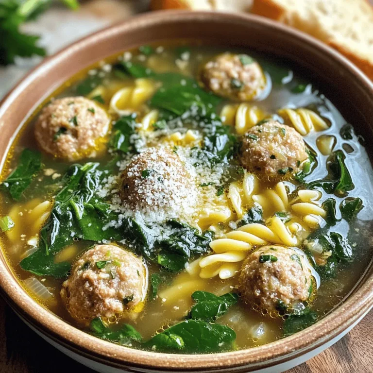 Italian Wedding Soup has a mix of fresh and hearty flavors. Here are the main ingredients you will need: - 1 cup small pasta (like acini di pepe or orzo) - 1 pound ground beef or turkey - 1/2 cup finely grated Parmesan cheese - 1 small onion, finely chopped - 2 cloves garlic, minced - 1/2 cup fresh parsley, chopped - 1/2 cup carrots, diced - 1/2 cup celery, diced - 6 cups chicken broth - 2 cups fresh spinach, chopped - 1 large egg, beaten - 1 teaspoon dried oregano - Salt and pepper to taste - Olive oil for sautéing These ingredients come together to create a warm, comforting soup. You can change up the ingredients to suit your taste. Here are some fun ideas: - Use different pasta shapes like ditalini or stars. - Swap ground beef for chicken, pork, or sausage for a new twist. - Add diced zucchini or bell peppers for extra veggies. - Try different herbs like thyme or basil for unique flavors. These variations keep the soup fresh and exciting! If you have allergies or preferences, here are some swaps you can make: - For gluten-free options, use gluten-free pasta and broth. - Replace chicken broth with vegetable broth for a vegetarian option. - Use nutritional yeast instead of Parmesan for a dairy-free option. - If you dislike spinach, kale or Swiss chard can work well. These substitutions let everyone enjoy this tasty soup! To start, grab a large bowl. Add 1 pound of ground beef or turkey. Then, mix in 1/2 cup of finely grated Parmesan cheese. Next, add 1 large beaten egg, 2 minced garlic cloves, 1 teaspoon of dried oregano, and salt and pepper to taste. Use your hands to mix everything well. Then, shape the mixture into small meatballs, about 1 inch in size. Set these aside on a plate. Now, take a large pot and heat a splash of olive oil over medium heat. Add 1 small chopped onion, 1/2 cup of diced carrots, and 1/2 cup of diced celery. Sauté these for about 5-7 minutes. You want the vegetables to soften and become fragrant. This step adds a great base flavor to your soup. Next, add the meatballs to the pot. Cook them until they are browned on all sides, which takes about 5 minutes. Once browned, pour in 6 cups of chicken broth and bring the mixture to a boil. After it boils, add 1 cup of small pasta, like acini di pepe or orzo. Reduce the heat to low and let the soup simmer for about 10 minutes, or until the pasta is cooked al dente. Finally, stir in 2 cups of fresh chopped spinach and 1/2 cup of chopped parsley. Let them wilt in the hot soup for 2-3 minutes. Taste your soup and adjust the seasoning with more salt and pepper if needed. Your Italian wedding soup is now ready to enjoy! To boost flavor, use fresh herbs. Fresh parsley adds bright taste. A splash of lemon juice can bring out all the flavors. Don't forget salt and pepper! Taste as you go to find the perfect balance. Cook the pasta last. Add it to the soup when you bring it to a boil. This keeps the pasta from getting too soft. If you use smaller pasta, like acini di pepe, it cooks fast. Check it after 10 minutes for doneness. Serve in wide bowls for a beautiful look. Add extra Parmesan cheese on top. A sprinkle of fresh parsley makes it pop. Pair with a slice of crusty bread. It completes the meal and looks great! {{image_2}} You can make Italian Wedding Soup vegetarian. Swap the meat with plant-based protein. Use lentils or chickpeas instead. This keeps the soup hearty and filling. Replace chicken broth with vegetable broth for depth. The taste will still shine with herbs and veggies. While ground beef or turkey is common, feel free to switch it up. You can use chicken or pork for different flavors. Each meat brings its unique taste. For broth, chicken broth is standard, but beef broth adds richness. Seafood broth offers a fun twist, too. Adding seasonal vegetables makes this soup burst with flavor. In spring, toss in fresh peas or asparagus. In fall, add squash or sweet potatoes. These veggies not only enhance taste but also boost nutrition. Get creative and use what’s fresh at your market! After enjoying your Italian wedding soup, let it cool first. Then, put it in an airtight container. Make sure to store it in the fridge. It will stay good for about three days. If you want to keep it longer, consider freezing it. To freeze your soup, use freezer-safe containers or bags. Leave some space at the top, as soup can expand when frozen. Label each container with the date. Your soup can last up to three months in the freezer. When you're ready to eat it, just thaw it in the fridge overnight. When reheating, use a pot on the stove for even heating. Stir it often to prevent sticking. If it seems too thick, add a splash of broth or water. You can also use the microwave, but heat in short bursts and stir in between. This way, your soup will taste fresh and delicious! Italian Wedding Soup does not come from weddings. The name means "married" in Italian. It refers to the blend of flavors. This soup mixes greens and meat. It likely comes from Southern Italy. Many families have their own recipes. Each recipe shows local tastes and traditions. The soup became popular in America. It is a favorite at gatherings and family meals. Yes, you can make Italian Wedding Soup ahead of time. This soup tastes great after sitting for a while. The flavors blend and get richer. To make it ahead, follow the recipe. Store it in the fridge for a few days. You can also freeze it for up to a month. Just remember to cook the pasta separately. This keeps it from getting mushy when reheating. To make Italian Wedding Soup gluten-free, choose the right pasta. Look for gluten-free small pasta options, like rice pasta. Also, check the chicken broth for gluten. Many brands offer gluten-free broth. Follow the recipe as usual. This way, you can enjoy a tasty, gluten-free version. It will still be hearty and delicious! Italian wedding soup blends rich flavors and fresh ingredients into a hearty dish. I shared traditional ingredients, easy variations, and substitutions for allergies. You learned step-by-step instructions for meatballs, veggies, and final touches. Use tips to enhance flavor, time your pasta, and present beautifully. Explore vegetarian options and seasonal veggies for a twist. Store leftovers properly and remember freezing guidelines for later enjoyment. This soup is versatile and rewarding, perfect for any table.