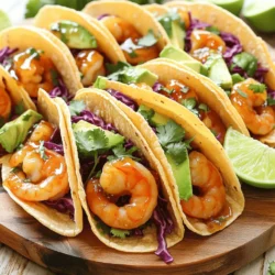 - 1 pound large shrimp, peeled and deveined - 3 tablespoons honey - 2 tablespoons soy sauce - 2 tablespoons fresh lime juice - 3 cloves garlic, minced - 1 teaspoon chili powder - ½ teaspoon cayenne pepper (adjust to taste) - Salt and pepper to taste The main ingredients form the heart of this dish. The shrimp bring a sweet, light flavor. Honey adds sweetness, while soy sauce gives it a savory touch. Fresh lime juice brightens the taste. Garlic adds depth, and spices bring the heat. - 8 small corn or flour tortillas - 1 avocado, sliced - 1 cup shredded red cabbage - Fresh cilantro, for garnish - Lime wedges, for serving Tortillas serve as the base. You can use corn or flour, depending on your taste. Avocado adds creaminess, while red cabbage gives a crunch. Cilantro adds freshness and color. Lime wedges let you add a zesty kick. First, grab a mixing bowl. In it, whisk together the honey, soy sauce, fresh lime juice, minced garlic, chili powder, cayenne pepper, salt, and pepper. This mix will become your marinade. It should smell sweet and spicy. Next, add the shrimp to the marinade. Make sure every piece gets coated well. Let the shrimp sit in the marinade for 15 to 20 minutes at room temperature. This step helps the shrimp soak up those great flavors. Now, heat a non-stick skillet over medium-high heat. Once hot, add the marinated shrimp to the skillet. Reserve some of the marinade for later. Cook the shrimp for about 2 to 3 minutes on each side. You will know they are done when they turn pink and opaque. This is the perfect texture! After the shrimp are cooked, pour in the reserved marinade. Let it cook for another 1 to 2 minutes. This will thicken the sauce and make it even tastier. While the shrimp cooks, warm your tortillas. You can do this in a separate skillet or in the microwave. Once they are soft and pliable, it's time to assemble the tacos. On each tortilla, place a few slices of avocado. Then, top it with the spicy garlic shrimp. Finally, add a handful of shredded red cabbage for crunch. Garnish each taco with fresh cilantro. Serve them with lime wedges on the side for an extra zing! To achieve the perfect shrimp texture, focus on timing. Cook shrimp for just 2-3 minutes on each side. They turn pink and opaque when done. Overcooking makes them rubbery. Marinating enhances the flavor, so let the shrimp soak for 15-20 minutes. Adjusting spice levels is simple. Start with the recommended cayenne pepper. If you like it spicier, add more. If you prefer mild, reduce the cayenne. Always taste the marinade before adding the shrimp. This way, you can find your ideal spice level. For a vibrant taco platter, arrange the tacos neatly on a large plate. Sprinkle fresh cilantro on top for color. Serve lime wedges on the side. Extra cabbage adds crunch and color. Pair these tacos with sides like black beans or corn salad. A cold drink, like limeade or a light beer, complements the meal well. Enjoy your flavorful feast with friends or family! {{image_2}} You can change the shrimp to other proteins. Chicken works well here. It cooks quickly and adds a nice flavor. You can also use tofu for a plant-based option. Tofu takes on the taste of the marinade well. If you want to switch up the sauce, try sweet chili or teriyaki sauce. Both give a different flavor. Sweet chili adds a fruity kick. Teriyaki gives a more savory taste. These changes keep your tacos fresh and fun. Don’t feel limited to just cabbage. You can add other veggies like lettuce or shredded carrots. They add crunch and color to your tacos. You can also mix and match toppings to suit your taste. Garnishes can make a big difference. Try adding sour cream for creaminess. A drizzle of hot sauce gives extra heat. Lime wedges are always a good choice for a zesty finish. These options let you create a taco that is truly yours! To keep your spicy honey garlic shrimp tacos fresh, store them in airtight containers. Place the shrimp and toppings in separate containers. This helps maintain the texture of each ingredient. You can refrigerate the tacos for up to three days. Cooked shrimp can stay fresh in the fridge for about 3-4 days. Make sure they are stored in a sealed container to avoid any odors. When it's time to enjoy your leftovers, it’s best to reheat the shrimp gently. You can use a skillet over low heat. This method helps keep the shrimp juicy. If you prefer, you can also use a microwave. Just heat in short bursts, checking often to avoid overcooking. For tortillas, warm them in a skillet or microwave until they are soft. This way, they stay pliable and tasty. Enjoy your tacos as if they were freshly made! How do I know when the shrimp are cooked? You can tell shrimp are done when they turn pink and opaque. They should curl slightly. This usually takes about 2-3 minutes per side in a hot skillet. If you see them change color, they are ready to eat. Can I make the marinade ahead of time? Yes, you can prepare the marinade a day in advance. Just store it in the fridge. When ready to cook, add the shrimp and let them marinate for 15-20 minutes before you start cooking. Are these tacos gluten-free? Yes, these tacos can be gluten-free. Use corn tortillas instead of flour tortillas. Always check labels to ensure that soy sauce is gluten-free, as some brands contain wheat. How to make them low-carb or keto-friendly? To make these tacos low-carb, skip the tortillas. Instead, serve the shrimp on a bed of lettuce or in avocado halves. You can also use cheese wraps as a tortilla substitute. Shrimp tacos are simple to make and taste great. You can use fresh shrimp and easy ingredients like honey and lime juice. Marinate your shrimp, cook them quickly, and assemble your tacos with tasty toppings. Variations let you customize your dish, while tips help you perfect your technique. Overall, this recipe is flexible and fun. You can create a delicious meal that fits your taste and any dietary needs. Enjoy making these shrimp tacos!