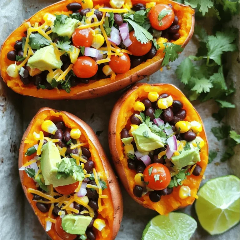 - 2 medium sweet potatoes - 1 cup cooked black beans (canned or boiled) - 1 cup corn (frozen or canned) - 1 cup cherry tomatoes, halved - 1 avocado, diced - 1/2 cup red onion, finely diced - 1 teaspoon cumin - 1 teaspoon smoked paprika - 1 teaspoon chili powder - 1 tablespoon olive oil - Salt and pepper to taste - 1/2 cup shredded cheese (optional: cheddar or mozzarella) - Fresh cilantro for garnish - Lime wedges for serving When cooking loaded taco sweet potatoes, you need fresh ingredients for the best taste. Start with sweet potatoes, as they are the star of the dish. I love using medium-sized sweet potatoes. They are sweet and creamy when cooked. Next, you will want beans. I recommend black beans for their rich flavor. You can use canned beans or cook them from scratch. Either way, they add protein and texture. Corn adds a nice crunch. You can use frozen corn or canned corn. Both options work well and save time. Fresh vegetables bring brightness to the dish. Cherry tomatoes are perfect for a pop of color and flavor. Diced avocado gives a creamy touch. Red onion adds a nice bite and sweetness. For spices, cumin, smoked paprika, and chili powder create a warm and bold flavor. Olive oil helps to mix everything and adds richness. Don't forget salt and pepper to enhance all the flavors. Finally, you can top your sweet potatoes with cheese, if you like. Cheddar or mozzarella melts beautifully. Fresh cilantro adds a nice finish, and lime wedges give a fresh burst of zest. Gather all these ingredients, and you’re ready to make a delicious meal! 1. Preheating and preparing sweet potatoes Start by preheating your oven to 400°F (200°C). While it heats, wash the sweet potatoes well. Use a fork to prick each potato several times. This helps them cook evenly. Place the sweet potatoes on a baking sheet lined with parchment paper. 2. Mixing the filling In a large bowl, mix together the cooked black beans, corn, halved cherry tomatoes, diced red onion, cumin, smoked paprika, chili powder, olive oil, salt, and pepper. Stir until all the ingredients are well combined. 3. Baking the assembled sweet potatoes Bake the sweet potatoes for about 45-60 minutes. They should be tender and easy to pierce with a fork. After they are done, let them cool a bit. Slice each potato down the center and fluff the insides with a fork. Fill each potato with the bean and corn mixture. Add diced avocado and shredded cheese on top if you like. Return the loaded sweet potatoes to the oven for 5-10 minutes until the cheese melts. Finally, garnish with fresh cilantro and serve with lime wedges for extra zest. How to choose the best sweet potatoes Select firm, smooth sweet potatoes. Look for a deep orange color. Avoid any with soft spots or blemishes. This ensures great taste and texture. Recommended cooking times and methods Bake sweet potatoes at 400°F for 45-60 minutes. Check for doneness by piercing them with a fork. They should feel soft but not mushy. You can also microwave them for quicker cooking, about 8-10 minutes. Tips for achieving melted cheese perfection For gooey cheese, add it toward the end of baking. Bake for an additional 5-10 minutes after adding cheese. This allows it to melt beautifully. Use a mix of cheddar and mozzarella for a great flavor combo. {{image_2}} You can easily make Loaded Taco Sweet Potatoes your own. Start with different beans. Try pinto beans or kidney beans for a new taste. Each bean adds a unique flavor and texture. Next, think about toppings. You can use different fresh veggies like bell peppers or jalapeños. They bring crunch and heat to your meal. You might even add some sour cream or Greek yogurt for creaminess. Spices are also fun to change. If you like heat, add cayenne pepper or chipotle powder. For a milder taste, stick with just cumin and paprika. Experiment with what you have at home! For those on special diets, this dish can fit right in. Make it vegan by skipping cheese and using plant-based toppings. To keep it gluten-free, check all labels on canned goods. This way, everyone can enjoy this tasty meal! To keep your loaded taco sweet potatoes fresh, follow these steps. First, let them cool to room temperature. Then, place them in an airtight container. This helps keep moisture out and flavor in. For refrigeration, your leftovers last about 3 to 5 days. If you want to keep them longer, freeze them. They can stay good for up to 3 months in the freezer. When it’s time to eat, reheat them in the oven for the best taste. Preheat your oven to 350°F (175°C). Place the sweet potatoes on a baking sheet. Heat for about 15 to 20 minutes. You can also use a microwave if you’re short on time. Just heat them for 2 to 3 minutes, checking often to avoid overcooking. These steps will help you enjoy your loaded taco sweet potatoes even after the first meal! Can I prepare sweet potatoes in advance? Yes, you can prepare sweet potatoes ahead of time. Bake them and store them in the fridge. They last well for about three days. When you're ready to eat, just reheat them in the oven or microwave. This saves time on busy days. What other toppings work well? You can mix and match toppings to suit your taste. Some great options include: - Sour cream or Greek yogurt - Jalapeños for heat - Salsa or hot sauce - Chopped green onions - Any favorite cheese, like feta or goat cheese These toppings can add more flavor and texture to your meal. Can I use other vegetables instead of sweet potatoes? Yes, you can swap sweet potatoes for other veggies. Consider using: - Regular potatoes - Butternut squash - Zucchini - Bell peppers Each option gives a different taste and texture. Just adjust the cooking time as needed. This way, you can enjoy a new twist on this dish! Loaded taco sweet potatoes are a tasty and fun meal. We covered key ingredients like sweet potatoes, fresh veggies, and spices. I shared steps to prepare and bake them easily. We also explored tips for texture and suggested fun variations. Proper storage keeps leftovers tasty. Remember, you can swap toppings to fit your taste. Enjoy making this dish your own!