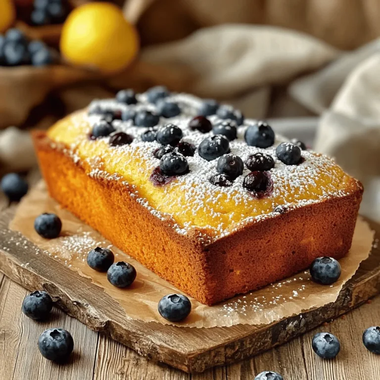 Let’s gather our ingredients for this Lemon Blueberry Greek Yogurt Cake. This cake is moist and bright, perfect for any occasion. Here’s what you need: - 1 cup Greek yogurt - 1 cup granulated sugar - 1/2 cup vegetable oil - 3 large eggs - Zest of 1 lemon - 1/4 cup fresh lemon juice - 1 teaspoon vanilla extract - 2 cups all-purpose flour - 1 1/2 teaspoons baking powder - 1/2 teaspoon baking soda - 1/4 teaspoon salt - 1 cup fresh blueberries (plus extra for garnish) - Powdered sugar for dusting (optional) Each ingredient plays a key part in making this cake special. The Greek yogurt brings a creamy texture and tangy taste. The sugar balances the tartness of the lemon and blueberries. The eggs help bind the ingredients and add moisture. Make sure to use fresh blueberries for the best flavor and color. If you want to add a twist, you can use different berries or mix in some lemon zest for an extra zing. Gather everything before you start baking. This simple step makes the process smooth and fun! - Preheat the oven to 350°F (175°C). - Grease and flour a 9x5-inch loaf pan. - In a large bowl, combine Greek yogurt, sugar, and vegetable oil. - Incorporate the eggs one at a time, mixing well after each one. - Add the lemon zest, lemon juice, and vanilla extract. - In a separate bowl, mix the flour, baking powder, baking soda, and salt. - Gradually add the dry mix to the wet ingredients, stirring until just combined. - Gently fold in the blueberries, taking care not to overmix. - Pour the batter into the prepared loaf pan. - Bake for 50-60 minutes, until a toothpick comes out clean. - Let the cake cool for 10 minutes in the pan before transferring to a rack. To make your Lemon Blueberry Greek Yogurt Cake shine, keep a few tips in mind. First, ensure that all your ingredients are at room temperature. This helps the cake rise well and stay fluffy. Next, do not overmix the batter. Mixing too much can make the cake dense and tough. Gently mix until just combined for the best texture. When it comes to serving, presentation matters. Slice the cake and arrange it on a lovely platter. Scatter whole blueberries around the cake for a pop of color. A sprig of mint adds freshness and elegance to your dish. Your cake will not just taste great; it will look amazing too! Be mindful of common pitfalls. Overmixing the batter is a common mistake. This can lead to a heavy cake. Also, make sure you grease the pan properly. A well-greased pan helps the cake release easily after baking. Avoid these mistakes, and you'll have a delightful cake to enjoy! {{image_2}} You can play with flavors and make this cake your own. Try adding different berries like raspberries or strawberries. These will give your cake a new taste and color. You can also use orange zest for a fresh, bright flavor. Just replace the lemon zest with orange zest. This change adds a sweet twist. If you need gluten-free options, you can use gluten-free flour. Just swap the all-purpose flour for a gluten-free blend. This keeps the cake tasty while meeting your dietary needs. If you want a dairy-free cake, replace Greek yogurt with coconut yogurt or almond yogurt. Both options keep the cake moist and delicious without dairy. Store your Lemon Blueberry Greek Yogurt Cake in an airtight container at room temperature. This keeps it fresh and moist. I recommend eating it within three days for the best taste. If you want to save some for later, freeze the cake slices individually. Wrap each slice well to avoid freezer burn. You can keep them for up to two months. When you're ready to enjoy, thaw them in the fridge or set them out at room temperature. This way, you can savor that delightful flavor anytime! Yes, but do not thaw them beforehand. Frozen blueberries keep their shape. They add a nice pop of flavor and color. Using them straight from the freezer prevents the batter from turning too blue. A toothpick inserted in the center should come out clean. If it has wet batter, the cake needs more time. Keep checking every five minutes after the first 50 minutes of baking. Great with whipped cream, coffee, or as a dessert after meals. You can also enjoy it with a scoop of vanilla ice cream. The cake's bright flavors pair nicely with these options. Substitute eggs with unsweetened applesauce or a flaxseed mixture. For flaxseed, mix one tablespoon of ground flaxseed with three tablespoons of water. Let it sit for five minutes before adding. Adjustments can be made for gluten-free and dairy-free options. Use gluten-free flour blends for a gluten-free version. For dairy-free, try coconut yogurt instead of Greek yogurt. This blog post shared a simple recipe for a delicious blueberry yogurt cake. You learned about easy-to-follow steps, key ingredients, and helpful tips for baking. Remember to avoid common mistakes, like overmixing, to achieve the best results. Feel free to experiment with flavors and storage options. Whether you enjoy it fresh or frozen, this cake is sure to delight. Get your ingredients ready and embrace the joy of baking!