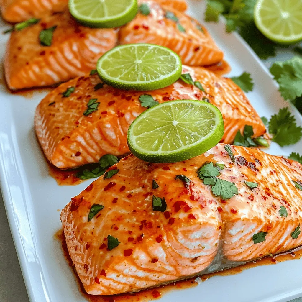 - 4 salmon fillets (about 6 oz each) - 3 tablespoons sriracha sauce - 2 tablespoons fresh lime juice - 1 tablespoon honey - 2 cloves garlic, minced - 1 teaspoon ground cumin - Salt and pepper to taste - Lime slices - Fresh cilantro The main ingredients for Sriracha Lime Air Fryer Salmon create a vibrant dish. Salmon fillets provide a rich base. Sriracha adds heat, lime juice offers brightness, and honey balances the spice. Garlic gives depth, while ground cumin adds warmth. Salt and pepper enhance all the flavors. For garnishes, fresh lime slices brighten the plate. Chopped cilantro adds a pop of green and fresh flavor. Using these ingredients makes each bite delicious and visually appealing. You can adjust the ingredients to suit your taste. Want it spicier? Add more sriracha. Prefer a sweeter dish? Increase the honey. This flexibility allows you to create a meal that fits your palate. Enjoy the bold flavors and beautiful presentation of this dish! To make the marinade, start by mixing these ingredients in a bowl: - 3 tablespoons sriracha sauce - 2 tablespoons fresh lime juice - 1 tablespoon honey - 2 cloves garlic, minced - 1 teaspoon ground cumin - Salt and pepper to taste Whisk them together until they blend well. This mix gives the salmon a bold flavor. For marinating, you can use a shallow dish or a zip-top bag. I prefer the bag because it covers the fish evenly. Lay the salmon fillets inside and pour the marinade over them. Make sure each piece is well coated. Let it rest in the fridge for at least 30 minutes. This wait helps the flavor soak in. First, preheat your air fryer to 400°F (200°C) for about 5 minutes. This step ensures even cooking. Lightly grease the air fryer basket with cooking spray or a bit of olive oil. Take the salmon out of the marinade and place it skin-side down in the basket. Cook the salmon for about 7-10 minutes. The time depends on how thick your fillets are. The salmon is done when it flakes easily with a fork. After cooking, let it rest for a couple of minutes before serving. How do you know when salmon is perfectly cooked? You want it to look opaque and flake easily with a fork. The internal temperature should reach 145°F (63°C). If you check it at 7 minutes, it should feel firm but not dry. If it looks shiny and moist, you’re on the right track. A little practice helps you learn the right timing. What is the best practice for greasing the air fryer basket? I recommend using cooking spray for an even coat. It helps prevent sticking and is easy to apply. Olive oil works well too. Just use a paper towel to spread it evenly. Both options help your salmon cook nicely without sticking. How can you add more spice or sweetness? You can boost the heat by adding extra sriracha or chili flakes. For sweetness, try adding more honey or a splash of maple syrup. Another idea is to mix in some fresh herbs like dill or parsley. This gives a fresh taste that pairs well with the salmon. {{image_2}} You can spice up your Sriracha Lime Air Fryer Salmon in fun ways. If you love heat, try adding extra sriracha. A splash of chili flakes can also kick up the spice. For a more complex flavor, add a bit of smoked paprika. This will give your salmon a nice smoky taste. Just mix these into your marinade before you coat the fish. If you want to switch things up, you can substitute honey. Maple syrup works great if you need a vegan option. For lime juice, lemon juice can easily take its place. Both options add a fresh taste that pairs well with salmon. You can also use agave syrup instead of honey for a lighter sweetener. Not everyone has an air fryer, and that's okay! You can still enjoy this recipe using your oven. Preheat your oven to 400°F (200°C). Place the marinated salmon on a baking sheet lined with parchment paper. Bake it for about 12-15 minutes. The salmon should still flake easily with a fork. You can also grill the salmon on medium heat for about 6-8 minutes per side. This method will add a nice char and flavor. To keep your cooked salmon fresh, store it in an airtight container. This helps prevent moisture loss and keeps flavors intact. Place the container in the fridge right after it cools down. Cooked salmon lasts for up to three days in the refrigerator. If you want to keep it longer, freezing is a great option. When reheating salmon, I recommend using the air fryer. Set it to 350°F (175°C) and heat for about 5 minutes. This method helps maintain the salmon's juicy texture and flavor. You can also use the oven at the same temperature. Wrap the salmon in foil to keep it moist while reheating. Avoid the microwave, as it can make the fish rubbery. To freeze salmon, wrap each piece tightly in plastic wrap. Then, place them in a freezer bag to prevent freezer burn. Make sure to remove as much air as possible. Properly stored, salmon can last up to three months in the freezer. When ready to use, thaw it in the fridge overnight. This keeps the texture and taste at their best. You should marinate the salmon for at least 30 minutes. This helps the flavors soak in. If you have more time, feel free to marinate it for up to two hours. This extra time will make the salmon even tastier. Yes, you can use frozen salmon. Just make sure to thaw it first. You can thaw salmon overnight in the fridge or use the microwave. Once thawed, follow the same marinating steps. The cooking time may be a bit longer. Check the salmon to see if it flakes easily. Great sides to serve with this salmon include: - Steamed broccoli - Cucumber salad - Quinoa - Rice - Garlic bread These sides balance the bold flavors of the salmon. They also add color and texture to your meal. Enjoy your cooking! This recipe highlights simple, tasty steps to make Sriracha Lime Air Fryer Salmon. You learned about key ingredients, from salmon to spices, and how to prepare a great marinade. I shared tips on cooking, storing, and reheating for the best results. Feel free to experiment with flavors and cooking methods based on your needs. Enjoy sharing this delicious meal with family or friends! Your healthy, flavorful salmon awaits.