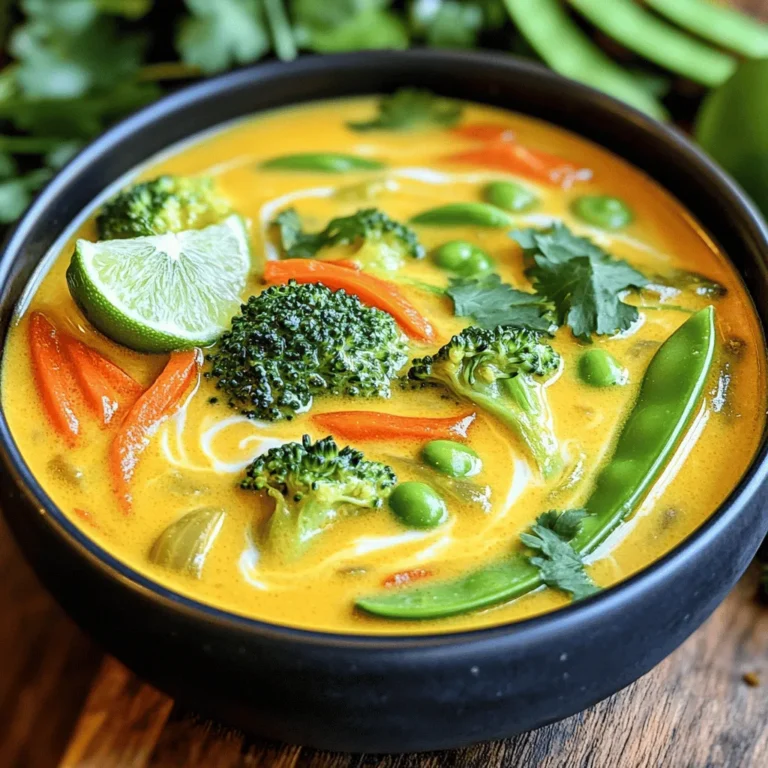 - 1 tablespoon coconut oil - 1 medium onion, diced - 3 cloves garlic, minced - 1 tablespoon ginger, grated - 2 tablespoons red curry paste - 1 can (13.5 oz) coconut milk - 4 cups vegetable broth - 2 cups broccoli florets - 1 red bell pepper, thinly sliced - 1 carrot, julienned - 1 cup snap peas To make Thai Coconut Curry Soup, you need simple and fresh ingredients. Start with coconut oil. It gives the soup a nice flavor. Next, use a medium onion, diced into small pieces. Garlic and ginger add warmth and depth. You will need three cloves of garlic and one tablespoon of grated ginger. For the curry flavor, red curry paste is key. You will need two tablespoons. The soup also needs a can of coconut milk for creaminess and four cups of vegetable broth for the base. Now, let's talk about the veggies. You will want two cups of broccoli florets, one red bell pepper sliced thin, one julienned carrot, and one cup of snap peas. These add color and crunch to your soup. - 2 tablespoons soy sauce - 1 tablespoon lime juice - 1 teaspoon turmeric For more flavor, you can add soy sauce and lime juice. Use two tablespoons of soy sauce and one tablespoon of lime juice. If you want a boost of color and taste, add one teaspoon of turmeric. - Fresh cilantro - Lime wedges When serving, fresh cilantro adds a pop of green. Cut lime into wedges for a zesty touch. These garnishes make the soup look and taste even better! 1. Start by heating 1 tablespoon of coconut oil in a large pot over medium heat. 2. Add 1 medium diced onion and sauté for about 3-4 minutes. You want it to be soft and translucent. 3. Next, stir in 3 minced garlic cloves and 1 tablespoon of grated ginger. Cook for 1 more minute until fragrant. 4. Now, add 2 tablespoons of red curry paste. Stir well and let it cook for 2 minutes. This step releases all the rich flavors. 1. Pour in 1 can of coconut milk and 4 cups of vegetable broth. Mix thoroughly to blend the curry paste. 2. Bring the mixture to a gentle simmer. Then, add 2 cups of broccoli florets, 1 thinly sliced red bell pepper, 1 julienned carrot, and 1 cup of snap peas. 3. Let the soup simmer for 10-12 minutes. Cook it until the vegetables are tender-crisp. 1. Stir in 2 tablespoons of soy sauce and 1 tablespoon of lime juice. This adds depth to the soup. 2. Taste the soup and adjust the salt as needed. 3. Remove the pot from heat and let it cool for a few minutes before serving. 4. Ladle the soup into bowls and garnish with fresh cilantro on top. Enjoy your delicious creation! To get the best flavor, sauté your spices. Start by heating coconut oil in your pot. Add diced onion and cook until soft. This takes about 3-4 minutes. Next, stir in minced garlic and grated ginger. Cook them for one more minute. This helps all the flavors come alive. When adding vegetables, keep their texture. Add broccoli florets, sliced red bell pepper, julienned carrot, and snap peas. Cook them until they are tender-crisp, about 10-12 minutes. This way, they stay bright and fresh. Serve the soup hot for the best taste. Ladle it into deep bowls. You can pair it with rice or crusty bread. These sides soak up the delicious broth. Garnish the soup for a beautiful look. Add fresh cilantro on top for color. A wedge of lime on the side adds a nice touch. This makes your meal even more appealing. {{image_2}} You can change this soup to fit your taste. Want to add protein? Tofu, chicken, or shrimp work great. Tofu gives a nice texture and absorbs flavors well. Chicken adds a hearty bite, while shrimp brings a touch of sweetness. For veggies, feel free to swap in what’s fresh. Zucchini, mushrooms, or spinach can add different tastes and colors. Seasonal changes can make this soup new every time you make it. Not a fan of heat? You can tone it down with more coconut milk. This creamy addition cools the spice levels nicely. If you like it hot, add fresh chilies or hot sauce. A little goes a long way, so add slowly until you reach your perfect level. Making this soup vegan is easy! Just skip chicken and use tofu. For gluten-free options, choose a gluten-free soy sauce. You’ll still enjoy all the yummy flavors without the gluten. This soup is flexible and can fit many diets, making it a crowd-pleaser. To keep your Thai Coconut Curry Soup fresh, refrigerate it right away. Pour the soup into airtight containers. This keeps out air and moisture. Always let the soup cool before sealing it. If the soup is hot, it can create steam. This steam can make the soup watery over time. You can freeze this soup for later. First, let it cool completely. Then, pour the soup into freezer-safe containers. Leave some space at the top because liquids expand when frozen. To thaw the soup, move it to the fridge overnight. You can also microwave it on low power. When reheating, stir it often to avoid hot spots. In the fridge, this soup lasts for about 3-4 days. If you freeze it, the soup can last up to 3 months. However, for the best taste, use it within 1-2 months. Always check for any off smells or changes in color before eating. Thai Coconut Curry Soup is a warm and creamy dish. It combines coconut milk with rich red curry paste. You get a balance of sweet, spicy, and savory flavors. The main ingredients include: - Coconut oil - Diced onion - Minced garlic - Grated ginger - Red curry paste - Coconut milk - Vegetable broth - Broccoli florets - Red bell pepper - Julienned carrot - Snap peas This soup is full of fresh vegetables. Each bite offers a burst of flavor and texture. Yes, you can make this soup ahead of time. It actually tastes better after sitting. The flavors blend and deepen as it cools. Here are some storage tips: - Let the soup cool completely. - Store it in airtight containers. - Refrigerate for up to 3 days. If you want to keep it longer, freeze it. It can last up to 3 months in the freezer. Just thaw it overnight in the fridge before reheating. To spice up your Thai Coconut Curry Soup, try these tips: - Add more red curry paste to the pot. - Stir in fresh chili peppers or diced jalapeños. - Use a splash of hot sauce to increase heat. Always taste as you go. Adjust the spice level to suit your taste. Enjoy your flavorful creation! This blog post showed you how to make Thai Coconut Curry Soup with easy steps and options. You learned about key ingredients, cooking tips, and how to customize your soup. Remember, adding spices and fresh garnishes makes a big difference. Store your leftovers well, and even freeze some for later. Enjoy creating this dish in your kitchen, and don't be afraid to experiment! It’s all about finding your favorite flavors. Happy cooking!